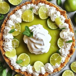 To make a classic key lime pie, you need these key ingredients: - 1 ½ cups graham cracker crumbs - ½ cup unsweetened coconut flakes - ½ cup granulated sugar - ½ cup unsalted butter, melted - 4 large egg yolks - 1 can (14 oz) sweetened condensed milk - ½ cup fresh key lime juice (or substitute with regular lime juice) - Zest from 2 key limes - 1 cup heavy whipping cream - 2 tablespoons powdered sugar - Lime slices and fresh mint leaves for garnish You can make some easy swaps if you don’t have certain ingredients. Here are a few: - Graham cracker crumbs: Use crushed digestive biscuits or vanilla wafers. - Unsweetened coconut flakes: Swap with crushed nuts for a different texture. - Granulated sugar: Coconut sugar or honey can work as a sweetener. - Egg yolks: You may use a vegan egg substitute if needed. - Sweetened condensed milk: Try using coconut cream for a dairy-free option. Fresh key lime juice gives the best flavor. It’s bright and zesty. Bottled juice can taste dull and less vibrant. If you use bottled juice, choose a high-quality brand. Fresh key limes are small and have a unique tartness. You can find them in stores or local markets. The zest from the limes adds even more flavor, so don’t skip it! Make sure to check out the Full Recipe for more details on preparation and serving. To start, preheat your oven to 350°F (175°C). In a medium bowl, mix together the graham cracker crumbs, unsweetened coconut flakes, and granulated sugar. Next, pour in the melted butter. Stir until the crumbs look like wet sand. This means they are ready. Now, take a 9-inch pie dish. Firmly press the crumb mixture into the bottom and sides. Make sure it is even. Place the pie dish in the oven for 8 to 10 minutes. Look for a light golden color. Once baked, take it out and let it cool completely. In another bowl, whisk the egg yolks until they are smooth and pale. Slowly add the sweetened condensed milk while you whisk. Next, pour in the fresh key lime juice and add the lime zest. Mix until everything is well combined and thickens a bit. Carefully pour the lime filling into your cooled crust. Smooth the top if needed. Bake the pie in the oven for 10 to 12 minutes. The filling should set but still jiggle slightly in the center. After baking, take it out and let it cool completely at room temperature. For the full recipe, you can check out the details above! To make the best whipped cream, start with cold cream. Use heavy whipping cream for rich flavor. Pour it into a clean bowl. Add powdered sugar for sweetness. Beat with an electric mixer on medium speed. Watch for soft peaks to form. This takes about 2-3 minutes. Do not overbeat; it can turn grainy. You want it fluffy and smooth for your pie. Many people skip chilling the pie before serving. Chilling helps flavors blend. It also makes slicing easier. Avoid overbaking the filling. It should jiggle slightly in the center. If it sets too firm, the pie may taste dry. Lastly, don’t forget to zest the limes. The zest adds a fresh, bright flavor. Serve slices on chilled plates. This keeps the pie cool and refreshing. For a fun touch, drizzle extra key lime juice on top. Add lime slices and mint leaves for color. Pair your pie with fresh fruit or a scoop of vanilla ice cream. These add sweetness and balance the tartness. For the full recipe, check out the link! {{image_4}} You can easily make a gluten-free key lime pie. Use gluten-free graham crackers or ground nuts for the crust. Almond flour works well and gives a nice flavor. Combine it with melted butter like you would with regular crumbs. Bake as usual, and you’ll have a gluten-free treat that everyone can enjoy. Making a vegan key lime pie is simple and fun. Replace the egg yolks with silken tofu or coconut cream. This keeps the filling creamy and smooth. Use a plant-based condensed milk or make your own using coconut milk and sugar. The key lime juice still gives it that zesty kick. You can whip coconut cream as a topping, too. Get creative with flavors! Try adding fresh fruit like strawberries or raspberries to the filling. This gives a fruity twist that complements the lime. You can also add a hint of ginger for a spicy kick. For a tropical flavor, mix in some crushed pineapple. Each twist offers a new taste that makes key lime pie exciting. For the full recipe, check out the Zesty Key Lime Dream Pie. It's full of flavor and sure to impress! To keep your leftover key lime pie fresh, cover it well. Use plastic wrap or foil. This will prevent the pie from absorbing other smells in the fridge. Store it in the refrigerator for up to four days. The pie’s flavor will stay strong, and you can enjoy it again. You can freeze key lime pie if you have leftovers. First, let it cool completely. Then, slice it into pieces. Wrap each slice tightly in plastic wrap. Place the wrapped slices in a freezer-safe bag. This way, you can keep them for up to three months. When you want to eat it, thaw the pie in the fridge overnight. To keep your crust crispy, avoid storing it in a closed container. Moisture can make it soggy. Instead, place the pie in the fridge uncovered for a day or two. If you freeze it, the crust might soften a bit. When you thaw it, you can crisp it up by baking it for a few minutes. This will help restore its crunch. Key Lime Pie uses key limes, which are smaller and tarter than regular limes. Key limes give the pie a unique flavor. They also have a distinct fragrance that adds to the pie's appeal. The pie's filling is creamy, made with sweetened condensed milk, egg yolks, and key lime juice. This combination creates a smooth, tangy dessert that stands out from regular lime pie. You will find that the taste is richer and more vibrant. Yes, you can use regular limes in a pinch. However, the flavor will change. Regular limes are less tart and more bitter than key limes. If you substitute, you might want to adjust the sugar to balance the taste. Many people still enjoy the pie made with regular limes. It just won’t have that classic key lime flavor you expect. You can keep Key Lime Pie in the fridge for about 3 to 5 days. Make sure to cover it well to prevent it from drying out. If you want it to last longer, consider freezing it. Just remember that the crust might become a bit soft after thawing. For the best taste, I recommend eating it fresh. Enjoy the zesty flavors right after making it for the best experience. To make a great Key Lime Pie, use fresh ingredients and follow clear steps. We covered how to prepare the crust, make the filling, and cool the pie. I offered tips for whipped cream and common mistakes to avoid. Plus, you can explore variations like gluten-free or vegan options. Store leftovers properly for the best taste. Now, you have the tools to create your perfect pie. Enjoy each bite of your delicious Key Lime Pie creation!