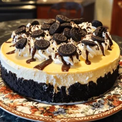 - 24 Oreo cookies, finely crushed (reserve a few for garnish) - 1/4 cup unsalted butter, melted - 16 oz cream cheese, softened to room temperature - 1 cup powdered sugar - 1 teaspoon pure vanilla extract - 1 cup heavy whipping cream, chilled - 1/4 cup unsweetened cocoa powder (optional) - Mixing bowls - Electric mixer - 9-inch springform pan - Spatula - Measuring cups and spoons To make a no-bake Oreo cheesecake, you need simple ingredients. First, the Oreo cookies create a rich crust. You will crush them finely, so they mix well with melted butter. The butter helps hold the crust together when you press it into the pan. Next, you will need cream cheese. Make sure it is soft. This helps it mix smoothly with the sugar and vanilla. Powdered sugar adds sweetness. The vanilla gives a lovely flavor. For a creamy texture, you will whip heavy cream. This adds lightness to the cheesecake. If you want an extra chocolate flavor, add cocoa powder. It complements the Oreos well. Gather the tools before you start. You’ll need mixing bowls and an electric mixer. A springform pan is best for easy removal. A spatula helps you spread the filling smoothly. Measuring cups and spoons will ensure you get the right amounts. With these ingredients and tools, you are ready to create a delightful dessert. Check out the Full Recipe for complete steps! 1. In a medium bowl, combine 24 crushed Oreo cookies with 1/4 cup melted butter. 2. Mix until the cookies are well coated. 3. Transfer this mixture to a 9-inch springform pan. 4. Press it firmly using a glass to create a solid crust. 5. Place the pan in the freezer for 10 to 15 minutes to set. 1. In a large bowl, beat 16 oz of softened cream cheese until smooth. 2. Gradually add 1 cup powdered sugar and 1 teaspoon vanilla extract. 3. Mix until everything blends well together. 4. For extra chocolate flavor, you can add 1/4 cup cocoa powder and mix again. 1. In a separate bowl, whip 1 cup of chilled heavy cream until stiff peaks form. 2. Gently fold the whipped cream into the cream cheese mixture. 3. Use a spatula to combine, making sure to keep it airy. 1. Pour the creamy filling over the chilled Oreo crust. 2. Smooth the top with a spatula for an even look. 3. Cover the cheesecake with plastic wrap and refrigerate for at least 4 hours. 4. For best results, chill overnight. For the full recipe, check the detailed instructions above. Enjoy making your No-Bake Oreo Cheesecake! To get the right texture, the whipped cream must be stiff. Stiff peaks are key. When you whip the cream, stop when it holds its shape. This step helps make your cheesecake light and fluffy. Folding is crucial when you mix the whipped cream into the cheese mix. Use a spatula and gently lift the cream from the bottom. This keeps air in the mixture. If you stir too hard, your cheesecake can turn out dense. If you're a chocolate lover, add cocoa powder. It gives a rich chocolate taste. Just mix it with the powdered sugar and cream cheese. This extra step transforms your cheesecake into a chocolate dream. For toppings, consider crushed Oreos or chocolate chips. Both add richness and texture. You can also drizzle caramel or chocolate sauce on top for an extra sweet treat. To make your cheesecake look great, garnish it with crushed Oreos. Sprinkle them on top right before serving. It adds a nice touch and hints at the flavor inside. Serving with chocolate sauce or whipped cream also enhances the look. A drizzle of sauce adds flair and taste. Place a dollop of whipped cream on the side for a fun and tasty presentation. Each slice will look inviting and delicious. Enjoy this delightful treat! For the full recipe, be sure to check out the complete details. {{image_4}} You can switch up the classic Oreo flavor for a twist. For a refreshing treat, try a mint Oreo cheesecake. Just use mint-flavored Oreos in the crust and filling. The bright mint flavor gives your cheesecake a fun kick. If you love peanut butter, a peanut butter Oreo cheesecake is for you. Mix in creamy peanut butter to the filling. This adds a rich, nutty taste that pairs perfectly with the Oreo base. Both options are easy and delicious. Need gluten-free options? You can make your cheesecake safe for gluten-free diets. Just use gluten-free Oreo cookies instead of the regular ones. This small change keeps all the flavor without gluten. For vegans, making a dairy-free cheesecake is simple too. Substitute the cream cheese with a vegan cream cheese alternative. Use coconut cream or cashew cream for the whipped part. This way, everyone can enjoy this tasty treat. Want to serve your cheesecake in a fun way? Try making mini cheesecakes in cupcake liners. This makes a perfect bite-sized dessert. You can easily share them at parties or gatherings. Another great idea is to use jars for a no-bake Oreo cheesecake. Layer the crust and filling in small jars for a cute presentation. This makes it easy for guests to grab their own. You can even top them with whipped cream and crushed Oreos for extra flair. For the full recipe, check out the Oreo Dream Cheesecake . To keep your no-bake Oreo cheesecake fresh, refrigerate it. Wrap it tightly with plastic wrap. This helps prevent it from drying out. It stays good in the fridge for about 3 to 4 days. If you want to save it longer, freezing is a great option. For freezing, cut the cheesecake into slices first. This makes it easier to thaw only what you need. Place each slice in an airtight container. You can also wrap them in plastic wrap and then foil. This extra layer protects the cheesecake from freezer burn. When you’re ready to enjoy the frozen cheesecake, take it out of the freezer. Place it in the fridge overnight to thaw slowly. This helps keep the texture nice and smooth. If the crust loses its crispness after thawing, you can re-crisp it. Just pop the slices under the broiler for a minute or two. Watch it closely to avoid burning. You’ll have that delightful crunch back! Enjoy every layer of this creamy treat. Don’t forget to check the Full Recipe for more tips. This cheesecake needs to chill for at least four hours. For best results, I recommend leaving it overnight. This allows all the flavors to blend and the texture to firm up nicely. If you rush this step, the cheesecake may not hold its shape when you slice it. Absolutely! You can swap Oreos for other cookies too. For a fun twist, try using chocolate wafer cookies or graham crackers. If you love mint, mint Oreos work great as well. The key is to find cookies that will hold together when crushed. No worries if you lack a springform pan! You can use a regular pie dish or an 8x8 inch baking dish. Just line the bottom with parchment paper for easy removal. If you use a dish without removable sides, let it cool completely before slicing. Yes, this cheesecake shines at any event! It looks stunning and tastes amazing, making it a great choice for parties, birthdays, or holidays. People love the creamy texture and rich chocolatey taste. It’s a dessert that will impress your guests and leave them wanting more. You now know how to make a delicious Oreo cheesecake. We covered the key ingredients, tools, and step-by-step instructions. I shared helpful tips for perfecting texture and flavor. You’ve seen variations to suit different tastes and dietary needs. Lastly, I explained storage tips to keep your dessert fresh. Enjoy making this dessert for any occasion; it’s always a hit! You’ll impress friends and family with your skills. Now, get ready to savor a creamy, rich cheesecake.