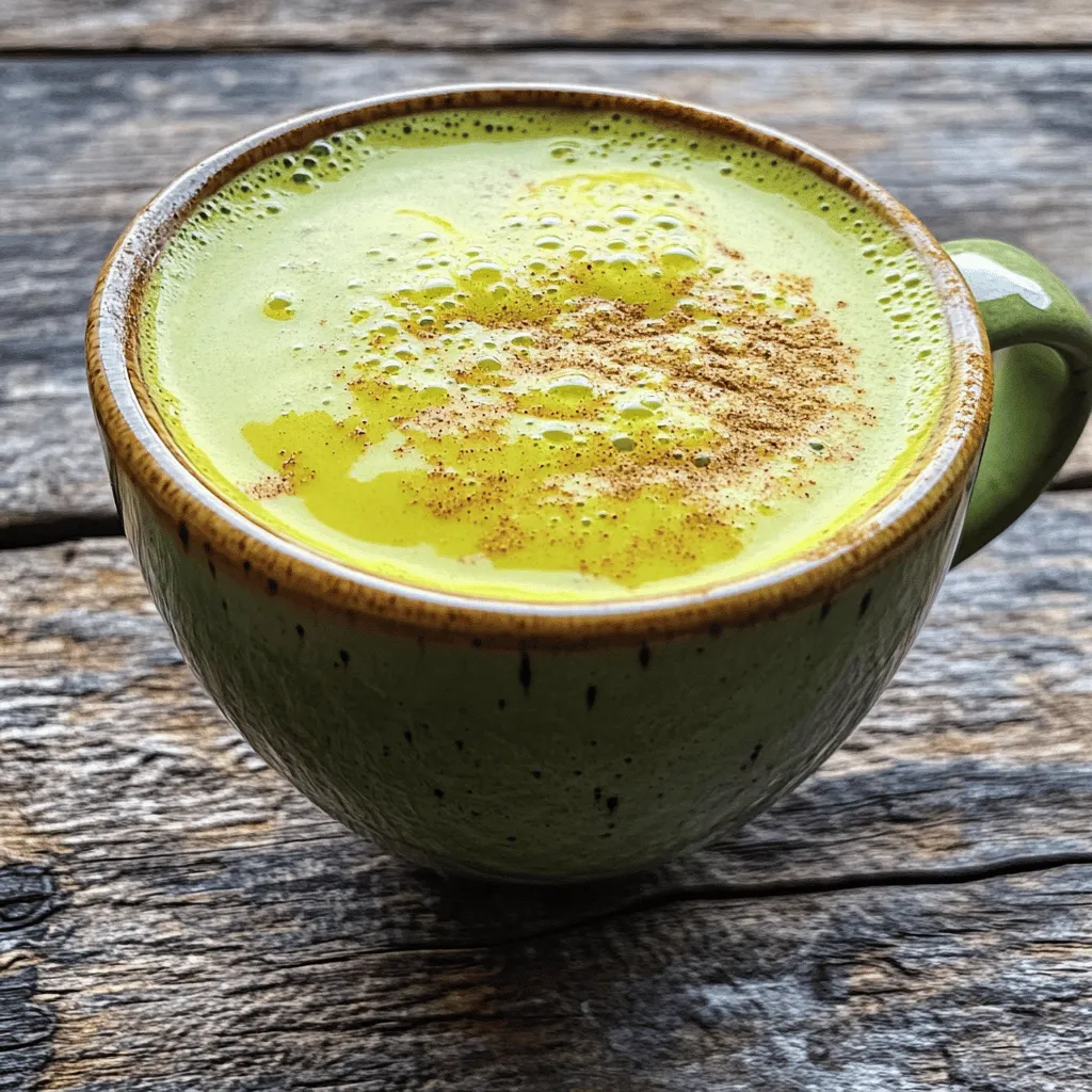 In this Golden Ginger Matcha Latte, each ingredient plays a key role in taste and health. Here are the main ingredients you will need: - 1 teaspoon matcha green tea powder - 1 teaspoon freshly grated ginger - 1 cup milk of choice (choose between almond, oat, or coconut) - 1 tablespoon honey or maple syrup (feel free to adjust based on your sweetness preference) - 1/4 teaspoon turmeric powder - A pinch of sea salt - Optional: 1/2 teaspoon vanilla extract for additional flavor - Ground cinnamon for topping Matcha green tea powder gives this latte its rich, green color and unique flavor. Freshly grated ginger adds a warm, spicy kick. You can choose any milk you like, whether it's creamy almond, rich oat, or smooth coconut. Honey or maple syrup adds sweetness, while turmeric gives an earthy flavor and a health boost. A pinch of sea salt enhances the taste, and vanilla extract can add a nice touch if you want. Finally, ground cinnamon on top makes it look and taste great. For the full recipe, check out the details above! - Sift 1 teaspoon of matcha green tea powder into a small bowl. - Gradually whisk in a few tablespoons of hot water, mixing until smooth. - In a small saucepan, combine 1 teaspoon of freshly grated ginger with 1 cup of your chosen milk. - Heat gently over medium heat for about 3-4 minutes, stirring carefully. Avoid boiling. - Add 1/4 teaspoon of turmeric powder, 1 tablespoon of honey or maple syrup, and a pinch of sea salt. - If desired, add 1/2 teaspoon of vanilla extract. Whisk until well combined. - Remove the saucepan from heat. Strain the ginger-infused milk through a fine mesh strainer into a large mug. - Mix this warm milk with the prepared matcha, whisking until frothy. - Sprinkle a dash of ground cinnamon on top for added flavor. - Serve in a clear glass mug to show off the beautiful layers. For the full recipe, check out the Golden Ginger Matcha Latte . Enjoy your drink! To get great foam, start by whisking your matcha well. Use a small amount of hot water first. This helps break down any clumps. Keep whisking until it looks smooth and frothy. You can use a traditional whisk or a milk frother. A frother makes it easier to get that perfect foam. It’s quick and efficient, giving you a lovely texture. You can change the sweetness to fit your taste. Honey and maple syrup are great options. If you want a sugar-free choice, try stevia or agave. Adding spices can also help balance flavors. Cinnamon or nutmeg can enhance the taste. Just a pinch can make a big difference. Matcha has many health benefits. It is rich in antioxidants, which help fight free radicals. This helps keep your body healthy. Ginger is another star ingredient. It aids digestion and can reduce inflammation. Together, they create a tasty drink with loads of benefits. Enjoy the full recipe for a delightful experience! {{image_4}} You can choose from many types of milk for your Golden Ginger Matcha Latte. Each type gives a unique taste and texture. Here are some options: - Almond Milk: Light and nutty. It has fewer calories and adds a nice flavor. - Oat Milk: Creamy and slightly sweet. It blends well and is great for frothing. - Coconut Milk: Rich and tropical. This adds a fun twist to your drink. Experiment with these milks to find your favorite. Each one changes the latte's vibe! If you want to skip sugar, there are many options. Here are some sugar-free alternatives: - Stevia: A natural sweetener with no calories. Use it sparingly for a sweet touch. - Erythritol: A sugar alcohol that tastes sweet but has no sugar. - Monk Fruit: A natural sweetener with a flavor similar to sugar. You can also use natural sweeteners like honey or maple syrup. Adjust the amount to suit your taste. Adding spices can take your latte to the next level. Here are some ideas: - Cinnamon: A pinch adds warmth and a cozy feel to your drink. - Nutmeg: Just a sprinkle gives a sweet, nutty flavor. - Vanilla Extract: A drop adds a lovely aroma and depth. Feel free to experiment with these flavors. Try mixing and matching to create your perfect blend! For the full recipe, check out the Golden Ginger Matcha Latte recipe. - Best practices for matcha: Keep matcha green tea powder in an airtight container. Store it in a cool, dark place. This helps maintain its vibrant color and flavor. Avoid moisture and direct sunlight to keep it fresh longer. - Storing fresh ginger: Wrap fresh ginger in a paper towel. Place it in a zip-top bag or airtight container. Store it in the fridge. This keeps it firm and flavorful for weeks. You can also freeze ginger for longer storage. Grate it while frozen for easy use. - Can you refrigerate the latte? Yes, you can refrigerate the Golden Ginger Matcha Latte. Pour it into an airtight container. Make sure to seal it tightly to avoid any odors from the fridge. - How long does it last in the fridge? The latte stays fresh for about 2 days in the fridge. After that, it may lose its taste and texture. When you're ready to enjoy it again, give it a good shake or stir before drinking! Matcha is a special green tea. It comes from Japan and is ground into a fine powder. This powder is bright green and full of flavor. People use matcha in drinks, desserts, and even savory dishes. It offers a unique taste and many health benefits. Matcha is rich in antioxidants and provides a calm energy boost. You can enjoy it as a hot latte or blend it into smoothies. Yes, the Golden Ginger Matcha Latte can easily be vegan. Use plant-based milk like almond, oat, or coconut. For sweetness, you can swap honey for maple syrup. This change keeps the drink vegan while still tasting great. Always check your ingredient labels to ensure they meet your needs. Drinking this latte every day can be good, but moderation is key. Matcha contains caffeine, so it may affect some people differently. Enjoy one serving each day if you like. The ginger and turmeric offer health benefits, too. Just listen to your body and adjust as needed. Always check with a doctor if you have health concerns. You’ve learned how to craft a delicious Golden Ginger Matcha Latte. We covered key ingredients, from matcha to turmeric. I shared step-by-step instructions for perfecting your drink. You discovered tips to enhance flavor and texture. We explored variations for personal taste, plus smart storage ideas. Enjoy this health-boosting latte regularly. Remember, adjust flavors to your liking. Try new ingredients and enjoy the journey of making it perfect. Happy sipping!