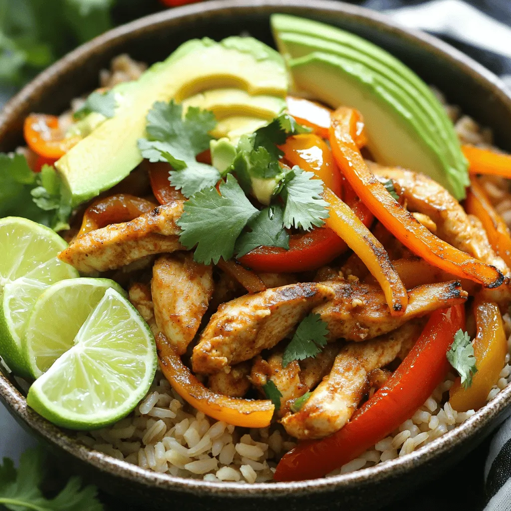 - 1 lb chicken breast, thinly sliced - 1 vibrant bell pepper (red or yellow), sliced - 1 small onion, sliced - 2 cups cooked brown rice - 1 teaspoon chili powder - 1 teaspoon ground cumin - ½ teaspoon garlic powder - ½ teaspoon smoked paprika - Salt and pepper to taste - 1 ripe avocado, sliced - ¼ cup fresh cilantro, chopped - Lime wedges for serving - Corn and black beans For these Chicken Fajita Rice Bowls, I use fresh and bright ingredients. The chicken breast gives a lean protein base. I love using a colorful bell pepper. It adds sweetness and crunch. The onion brings flavor and aroma. For spices, I always reach for chili powder and cumin. They make the dish warm and zesty. Garlic powder and smoked paprika add depth. I use salt and pepper to enhance all the flavors. Finally, I love to top my bowls with creamy avocado and cilantro. The lime adds a fresh kick. Corn and black beans make the meal hearty and filling. You can find the full recipe [Full Recipe]. Enjoy crafting your own Chicken Fajita Rice Bowls! - Heat a large skillet over medium-high heat and add olive oil. - After about a minute, add the sliced chicken. - Sprinkle chili powder, cumin, garlic powder, smoked paprika, salt, and pepper on the chicken. - Cook the chicken for 5-7 minutes. Stir it often until it is nicely browned. - Once the chicken is cooked, add the sliced bell pepper and onion. - Stir the mix and sauté for 4-5 minutes. - Cook until the vegetables are tender and slightly charred. This adds a great flavor! - While the chicken and vegetables cook, divide the warm cooked brown rice into bowls. - Layer each bowl with the cooked chicken and vegetables. - Add spoonfuls of black beans and corn on top. - Finish with slices of avocado and a sprinkle of chopped cilantro. For the full recipe, check out the details above. Enjoy your meal! To ensure even cooking of the chicken, cut your chicken into thin strips. This helps it cook faster and more evenly. Heat your skillet well before adding the chicken. Cook it for 5-7 minutes until it is browned throughout. Remember to stir occasionally for even heat. For the vegetables, aim for a tender texture with a slight char. Add the bell pepper and onion after the chicken is mostly cooked. Sauté them for about 4-5 minutes. You want them to be soft but still bright and colorful. To make each bowl look appealing, layer the ingredients neatly. Start with the warm brown rice as your base. Then, add the chicken and vegetable mix carefully on top. Use a variety of colors to make the dish pop. A squeeze of lime juice can add a fresh touch. For creative garnishes, consider adding a dollop of sour cream or a sprinkle of queso fresco. Slices of avocado and fresh cilantro also add beauty and flavor. Serve lime wedges on the side for a zesty finish. You can easily customize your fajita rice bowls. For a different meat, try shrimp or beef instead of chicken. Just adjust the cooking time based on the protein you choose. If you want a vegetarian or vegan option, skip the meat entirely. Use extra beans or tofu for protein. You can also add more veggies like zucchini or mushrooms for a hearty meal. {{image_4}} You can easily swap chicken for shrimp or beef. Both options cook quickly and bring great taste. Shrimp adds a sweet flavor and works well with spices. Beef gives a hearty bite and pairs nicely with the veggies. If you prefer plant-based meals, try using tofu or tempeh. Both absorb flavors well and offer nice textures. These options are perfect if you want a vegan twist on this dish. You can adjust the spice levels to suit your taste. If you like heat, add more chili powder or a splash of hot sauce. For a milder dish, reduce the spices or skip the hot sauce. Adding sauces or dressings can change the whole flavor. Consider using salsa, yogurt, or even a drizzle of barbecue sauce. These can add a new twist that keeps things exciting. Pair your rice bowls with sides like tortilla chips or a fresh salad. Chips add crunch, while salad offers a refreshing contrast. You can also transform the rice bowls into burritos or tacos. Just wrap everything in a tortilla and enjoy a hand-held meal. This way, everyone can customize their own dish! To keep your chicken fajita rice bowls fresh, follow these tips: - Cool Down: Let the bowls cool before storing. - Use Airtight Containers: Place leftovers in airtight containers. - Refrigerate: Store in the fridge for up to 3 days for best taste. For the best flavor when reheating, try these methods: - Microwave: Heat in a microwave-safe bowl. Add a splash of water to keep it moist. - Skillet: Reheat in a skillet over medium heat, stirring often. This method keeps it flavorful. Freezing is a great option for meal prep. Here’s how: - Freeze Separately: Freeze chicken, veggies, and rice in separate bags. This keeps textures nice. - Label and Date: Write the date on each bag. Use within 3 months for best quality. - Thawing: Thaw in the fridge overnight before reheating. This helps maintain the flavor. You can find the Full Recipe for chicken fajita rice bowls above. You can use white rice, quinoa, or cauliflower rice instead of brown rice. Each grain has a different cooking time: - White rice: Cook for about 15-20 minutes. - Quinoa: Cook for 15 minutes. Use a 2:1 water-to-quinoa ratio. - Cauliflower rice: Sauté for about 5-7 minutes until tender. Choosing a different grain changes the flavor and texture. White rice is softer, while quinoa adds a nutty taste. Cauliflower rice is great for a low-carb option. Yes, you can make these bowls ahead of time. Here’s how to prep: - Cook the chicken and veggies: Follow the cooking steps, then cool completely. - Store separately: Keep chicken, veggies, and rice in separate containers in the fridge. - Reheat before serving: Warm the chicken and veggies on the stove or microwave, then assemble your bowls. Making these bowls in advance saves time on busy days. You can swap ingredients based on what you have or like. Here are some ideas: - Chicken: Use shrimp, beef, or tofu for protein. - Bell pepper: Try zucchini or mushrooms for veggies. - Black beans: Use pinto beans or kidney beans instead. - Corn: Frozen corn works well if fresh isn’t available. These substitutions keep your meal fresh and fun each time you make it. For the full recipe, check out the details provided earlier! Chicken fajita rice bowls are easy and fun to make. You start with simple ingredients like chicken and colorful veggies. Season them well and serve over brown rice. You can customize these bowls by changing proteins or adding new toppings. Remember to store leftovers properly to keep them fresh. I encourage you to try these bowls and enjoy your cooking skills. You’ll impress yourself and anyone you serve.