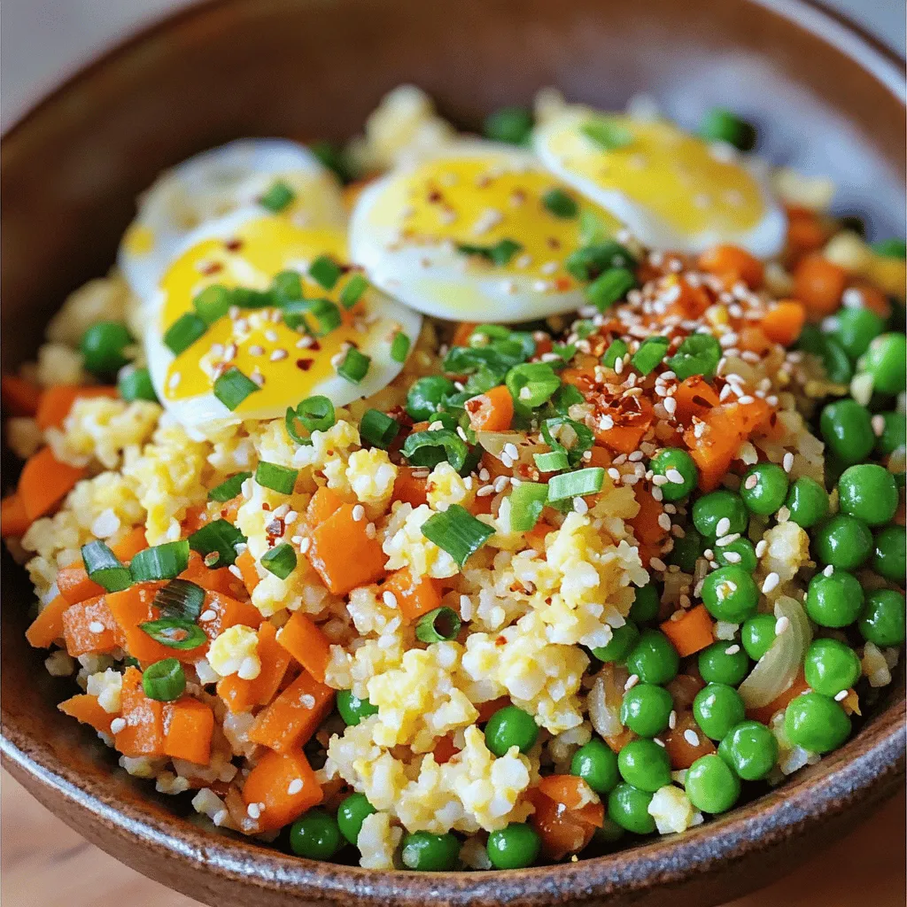- 1 medium head of cauliflower - 2 tablespoons sesame oil - 2 cloves garlic - 1 small onion - 1 cup mixed vegetables - 2 large eggs - 3 tablespoons soy sauce - 1 green onion - Salt and pepper - Optional: chili flakes When I make cauliflower fried rice, I start with a medium head of cauliflower. This is the star of the dish. You need to rice it, which means grating it into small, rice-like pieces. I use a box grater or a food processor. Next, I heat two tablespoons of sesame oil in my skillet. I love the nutty flavor it adds. I then toss in two cloves of minced garlic and one small diced onion. The aroma fills my kitchen. After a few minutes of sautéing, I add a cup of mixed vegetables. Diced carrots, peas, and bell peppers work great. For protein, I beat two large eggs and add them to the mix. I pour in three tablespoons of soy sauce to bring everything together. Don’t forget to season with salt and pepper. If you like heat, add some chili flakes! Finally, I slice one green onion for freshness. All these ingredients blend into a tasty dish. You can find the full recipe in the link. Start by grating the cauliflower. Use a box grater or a food processor to turn it into rice-sized pieces. This step is key for a good texture. Once finished, set the riced cauliflower aside. You want it ready to mix in later. Next, heat 2 tablespoons of sesame oil in a large skillet over medium heat. Wait until the oil shimmers. Then, add 2 cloves of minced garlic and 1 small diced onion. Sauté for about 2-3 minutes. You want the garlic to smell good and the onion to turn soft. After that, incorporate 1 cup of mixed vegetables. Diced carrots, peas, and bell peppers work well. Cook them for 3-4 minutes until they soften. Now, push the veggies to one side of the skillet. Pour in 2 beaten eggs on the other side. Quickly scramble the eggs for about 1-2 minutes until they are cooked. Then, fold the eggs into the veggies. Next, mix in the riced cauliflower and 3 tablespoons of soy sauce. Stir everything together. Continue to fry for an extra 5-7 minutes. This helps the cauliflower get tender but still a bit crunchy. Finally, add salt, pepper, and optional chili flakes for heat. Gently fold in a sliced green onion. This adds a nice touch. Serve your cauliflower fried rice hot for a tasty meal. Check out the Full Recipe for more details! To fry cauliflower rice, use medium heat. This temperature lets the cauliflower cook evenly. If the heat is too high, it can burn. Aim for a slight sizzle when you add ingredients. This shows the pan is ready. Keeping cauliflower crunchy is key. Cook it just enough to soften, but not too long. You want a tender bite, not mushy. Stir-fry for about five to seven minutes. This will help you keep that nice texture. To add more flavor, try different seasonings. A dash of garlic powder or onion powder can boost taste. You might also like adding some ginger for a zing. Experiment with flavors to find what you love. Fresh herbs can add brightness. Try cilantro or basil as a garnish. They not only taste good but also look nice. Sprinkle them on top right before serving to keep them fresh. Use a large skillet or wok for best results. A wide pan helps the cauliflower fry evenly. Non-stick pans are great, too. They stop sticking and make cleanup easier. When ricing cauliflower, a box grater works well. You can also use a food processor. Just pulse the florets until they look like rice. Be careful not to over-process, or you’ll get mush instead of rice. For the full recipe, check out the [Full Recipe]. {{image_4}} You can swap out vegetables for more seasonal options. Try using zucchini in summer or sweet potatoes in fall. Fresh veggies add color and crunch. You can also add proteins like chicken or shrimp. Just make sure to cook them first. Then toss them in with the riced cauliflower. Want it vegan or vegetarian? Skip the eggs and use tofu instead. Tofu gives protein and texture. For gluten-free options, use tamari in place of soy sauce. This keeps the dish safe for those with gluten issues. Do you prefer mild or spicy? You can adjust the heat easily. For mild dishes, skip the chili flakes. If you like spice, add more chili flakes or some sriracha. Different sauces can change the flavor, too. Try teriyaki or sweet chili sauce for a fun twist. After cooking, let your cauliflower fried rice cool down. Place it in an airtight container. This helps keep the dish fresh. Store it in the fridge for up to four days. Always check for freshness before serving. You can freeze cauliflower fried rice for longer storage. Use a freezer-safe bag or container. Remove as much air as possible. The dish can last up to three months in the freezer. When you're ready to eat, thaw it in the fridge overnight. For reheating, use a skillet over medium heat. Add a splash of water or oil to help steam it. Stir occasionally until hot. This keeps it from drying out. Cauliflower fried rice lasts up to four days in the fridge and three months in the freezer. Watch for signs of spoilage. If it smells off or has a slimy texture, it’s best to throw it away. Always trust your senses when it comes to food safety. If you need a soy sauce substitute, you can try tamari. Tamari is gluten-free and tastes similar. Coconut aminos provide a sweeter, milder flavor. You can also mix balsamic vinegar with a little water for a quick swap. Each option works well in cauliflower fried rice. Yes, you can make cauliflower fried rice ahead of time. It stays fresh in the fridge for up to three days. For meal prep, cook the dish and let it cool. Store it in airtight containers. When you’re ready to eat, simply reheat in a skillet over medium heat. This keeps the flavors bright and fresh. Yes, cauliflower fried rice is low in carbs. A serving has about 5 grams of carbs compared to about 45 grams in regular fried rice. This makes it a great choice for low-carb diets. Plus, it has more fiber and nutrients. You get the taste you love without the extra carbs. To avoid mushy cauliflower fried rice, don’t overcook the cauliflower. Keep it tender-crisp, and avoid adding too much liquid. Use a hot skillet to fry quickly. Also, be sure to dry the riced cauliflower after grating. This keeps it from getting soggy. Following these tips will give you perfect cauliflower fried rice every time. Cauliflower Fried Rice offers a tasty, low-carb twist on a classic dish. You learned about the main ingredients, step-by-step cooking instructions, and handy tips. I shared ways to modify the recipe for different diets and tastes. Remember, the key is to keep the cauliflower crunchy and adjust flavors to your liking. This dish is quick, simple, and great for meal prep. Enjoy making your own version and experimenting with flavors!
