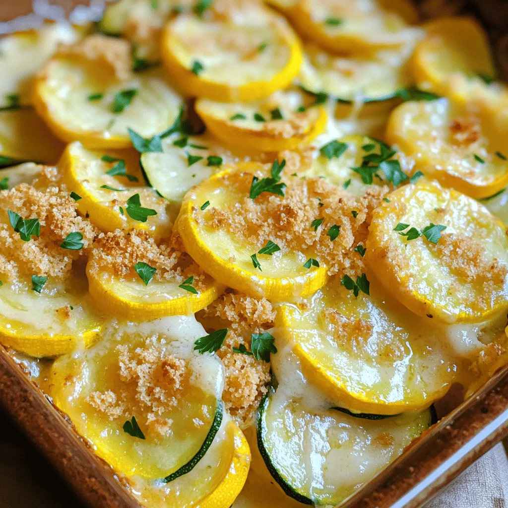 Here is the complete list of ingredients you'll need for Zucchini Gratin with Yellow Squash: - 2 medium zucchinis, thinly sliced - 2 medium yellow squashes, thinly sliced - 1 cup grated Gruyère cheese (reserve a little for topping) - 1 cup heavy cream - 2 cloves of garlic, minced - 1 teaspoon fresh thyme leaves, chopped - 1/2 teaspoon salt - 1/4 teaspoon freshly ground black pepper - 1/2 cup fine breadcrumbs - 2 tablespoons extra-virgin olive oil - Fresh parsley, chopped (for garnish) These ingredients work together to create a rich and creamy dish. The zucchinis and yellow squashes provide a fresh taste, while the Gruyère cheese adds a wonderful depth of flavor. The heavy cream makes the dish smooth and decadent. Don't forget to save a bit of cheese for the topping! It gives that lovely golden finish when baked. Use fresh herbs, like thyme, for the best taste. They brighten the whole dish. The breadcrumbs add a nice crunch on top. Together, these ingredients create a gratin that is both tasty and comforting. For the full recipe, check out the rest of the article! Set the temperature to 375°F (190°C). Preheating helps your gratin bake evenly. If you skip this step, the dish may not cook well. Combine the thinly sliced zucchinis and yellow squashes in a bowl. Their bright colors make the dish look good. Plus, it means you get more nutrition! Add 2 cloves of minced garlic, 1 teaspoon of fresh thyme leaves, 1/2 teaspoon of salt, and 1/4 teaspoon of black pepper. Toss the veggies gently to coat them well. This step adds flavor to every bite. In a separate bowl, blend 1 cup of heavy cream with 1 cup of grated Gruyère cheese. Stir it until it’s smooth. This rich mixture makes your gratin creamy and delicious. Use 2 tablespoons of extra-virgin olive oil to lightly oil your baking dish. This helps prevent sticking. You can use any baking dish you like, but glass or ceramic works well. Spread half of the zucchini and yellow squash mix evenly in the bottom of the greased dish. Pour half of the creamy cheese mixture over this layer. Sprinkle with half of the remaining Gruyère cheese. This ensures every layer gets flavor. Sprinkle 1/2 cup of fine breadcrumbs evenly on top. This adds a crunchy texture to your dish. If you want, you can use crushed crackers or panko for a different bite. Bake the gratin for 35 to 40 minutes. You’ll know it’s done when it bubbles and the top is golden brown. Let it cool for about 5 minutes before serving. This cooling time helps the layers set nicely. For the full recipe, refer to the instructions provided above. Serve your zucchini gratin in the baking dish for a warm, rustic look. This adds charm and invites everyone to dig in. If you prefer individual portions, scoop servings onto plates. Garnish each with fresh parsley. This adds a bright touch and makes the dish pop. To boost flavor, consider adding fresh herbs like basil or oregano. A sprinkle of red pepper flakes can bring a gentle heat. For cheese lovers, try different options. Feta or cheddar can offer unique tastes. Mixing cheeses can create a rich, layered flavor profile. Slice the zucchini and yellow squash thinly for even cooking. This ensures every bite is tender and delicious. Choose a baking dish that holds all the layers without overflowing. A deeper dish can help keep everything in place. Following these tips makes your gratin a standout dish. For the complete recipe, refer to the Full Recipe section. {{image_4}} You can make this dish even better by adding other veggies. Try mushrooms, peppers, or onions. These ingredients add flavor and texture. For instance, sautéed mushrooms bring earthiness. Bell peppers add a sweet crunch. Onions give a lovely sweetness when cooked. Plus, these vegetables boost nutrition. They add vitamins and minerals to your meal. To make this gratin gluten-free, swap regular breadcrumbs for gluten-free ones. You can find many options at the store. Some good choices are almond flour or crushed cornflakes. Both options provide a nice crunch. Make sure to check labels to confirm they are gluten-free. If you cannot find Gruyère cheese, use other types. Cheddar, mozzarella, or fontina work well. Mixing different cheeses can add a unique taste. For a sharp flavor, combine cheddar with mozzarella. This mix melts beautifully and enhances the dish. You can customize the flavor to your liking. To keep your Zucchini Gratin fresh, use airtight containers. Glass or plastic containers work well. Make sure to chill your gratin before sealing it. This step prevents moisture build-up and keeps the texture nice. When you're ready to enjoy leftovers, reheating gently is key. The oven is best for keeping the gratin's creamy texture. Set it to 350°F (175°C) and heat for about 15-20 minutes. If you're short on time, the microwave works too. Just be careful not to overheat, as it can make the dish soggy. Yes, you can freeze Zucchini Gratin! To prepare it for freezing, let it cool completely first. Then, wrap it tightly in plastic wrap, followed by aluminum foil. This method keeps out air and freezer burn. For defrosting, place it in the fridge overnight before reheating. Enjoy your delicious dish later! For the full recipe, check the section above. Yes, you can use other cheeses. Cheddar will give a sharp taste. Mozzarella adds a mild, creamy touch. Feta brings a nice salty flavor. Each cheese changes the dish a bit. Experiment with what you like best. Leftovers can last for about three to five days. Make sure to store them in a tight container. Check for any signs of spoilage before eating. If it smells off, it’s best to toss it. Zucchini gratin pairs well with grilled chicken or fish. A fresh salad adds a nice crunch. Rice or crusty bread can soak up the creamy sauce too. Think of it as a side dish that complements many meals. Absolutely! You can make it ahead and store it in the fridge. The gratin reheats well, keeping its flavor. Just cover it and warm it in the oven. It’s a great way to have a quick meal ready. For the full recipe, you can find detailed steps on how to prepare it. The Zucchini Gratin recipe combines fresh veggies, creamy Gruyère, and crispy breadcrumbs. We explored all the ingredients, preparation steps, and cooking techniques to ensure great flavor. Don’t hesitate to add your favorite herbs or other veggies for a personal touch. This dish shines as a side or main meal. With tips for storage and reheating, your leftovers will stay delicious. Enjoy your cooking and sharing this delightful dish with friends and family!