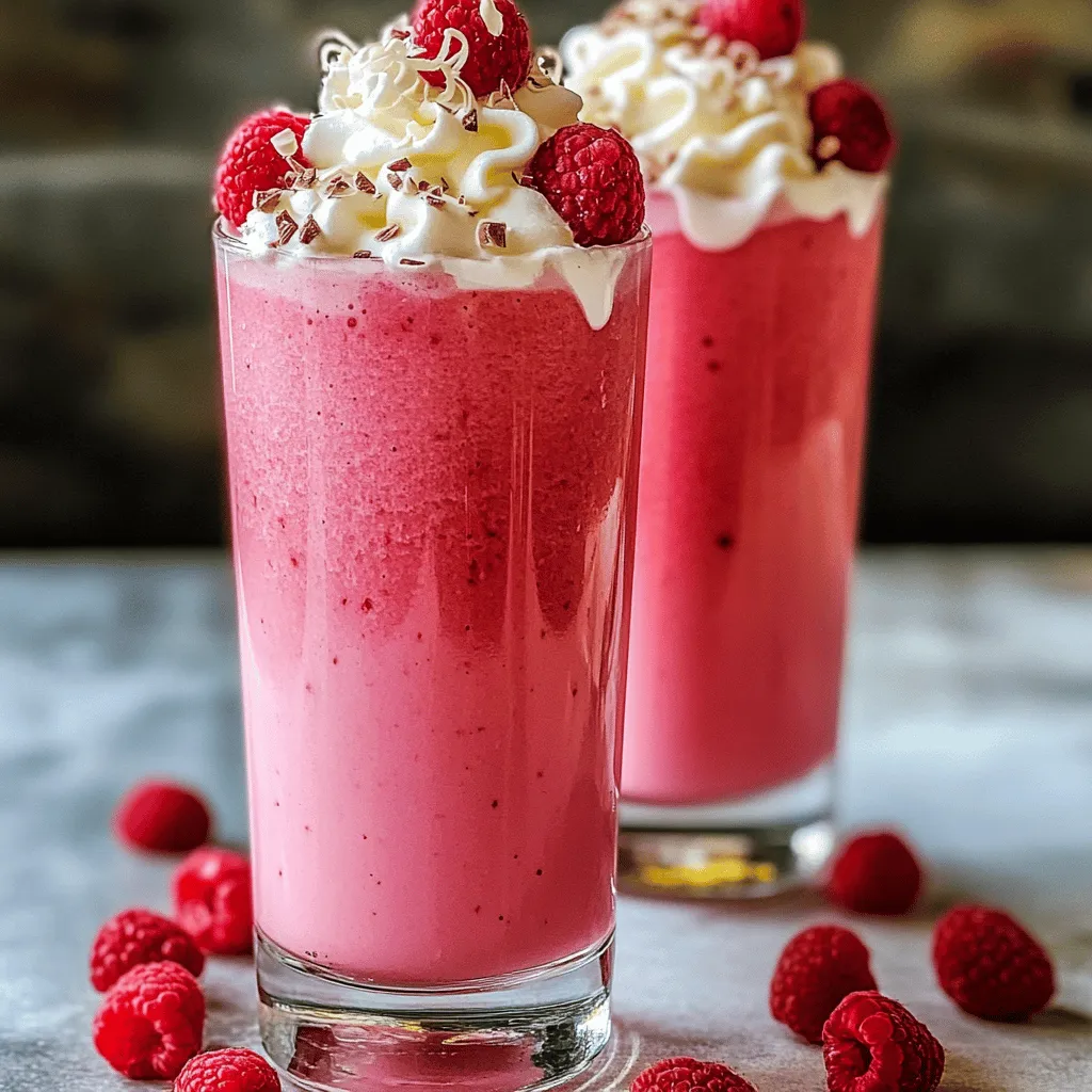 - 1 cup fresh or frozen raspberries - 1 cup milk (dairy or non-dairy) - ½ cup white chocolate chips - 1 cup ice cubes - 1 tablespoon honey or maple syrup - Whipped cream for topping - Fresh raspberries and white chocolate shavings for garnish When I make a Raspberry White Chocolate Frappe, I love using fresh raspberries. They add a bright flavor that just sings! If you can’t find fresh, frozen ones work great too. For the milk, you have options. Dairy milk makes it creamy, but almond or oat milk can also add a nice touch. - Alternative sweeteners: You can swap honey for agave syrup or stevia. Each adds its own sweet spin. - Dairy alternatives: Use coconut milk for a tropical twist. This gives a rich flavor while keeping it dairy-free. - Different types of chocolate: If white chocolate isn’t your thing, try dark or milk chocolate. They can change the whole vibe of the drink. - Choosing fresh raspberries: Look for plump and firm berries. Avoid any that are bruised or mushy. The best raspberries give your frappe bright taste and color. - Selecting the right white chocolate: Go for high-quality white chocolate chips. They melt well and add a rich, creamy taste. - Milk options and their impact: Different milks change the texture of your frappe. Full-fat milk makes it rich, while lighter options keep it refreshing. Choose what fits your taste! To start, gather all your ingredients. You need: - 1 cup fresh or frozen raspberries - 1 cup milk (dairy or non-dairy) - ½ cup white chocolate chips - 1 cup ice cubes - 1 tablespoon honey or maple syrup - Whipped cream for topping - Fresh raspberries and white chocolate shavings for garnish Next, find your equipment. You will need a blender and tall glasses to serve your frappe. Now, let’s blend! First, add the raspberries, milk, white chocolate chips, ice cubes, and honey into the blender. Make sure the lid is tight to avoid spills. Blend the mixture on high. You want it creamy and smooth. If you like it thicker, add more ice cubes and blend again. This will give you the perfect texture. Taste the frappe after blending. If you want it sweeter, add more honey or syrup. Blend briefly to mix it in well. Pour the frappe into tall, chilled glasses. Leave space at the top for whipped cream. Now, the fun part—topping the frappe! Add a nice dollop of whipped cream. Let it cascade over the edges to look amazing. For a special touch, garnish with fresh raspberries and white chocolate shavings. This makes your frappe not just tasty, but also pretty! Enjoy your Raspberry White Chocolate Frappe! For the complete recipe, don't forget to check the Full Recipe link. To create a perfect raspberry white chocolate frappe, the ice-to-liquid ratio is key. If your frappe is too thin, add more ice cubes. For a thicker drink, use less milk. You want a smooth, creamy texture that feels indulgent. When blending, start on a low speed to combine the ingredients. Then, switch to high speed until you achieve a silky blend. If you find it not smooth enough, blend for a few more seconds. You can add extra flavor boosts to make your frappe even better. Try a splash of vanilla extract or a pinch of salt to enhance the sweetness. These small changes can lift the overall taste. Experimenting with sweeteners is also a fun option. If you want a sugar-free version, try stevia or agave nectar. Each sweetener brings a different flavor profile, so find what you like best. Creating a visually appealing drink is part of the fun. Use tall, chilled glasses to serve your frappe. The height showcases the layers of color and texture. Garnishing is where you can get creative. Top with a generous swirl of whipped cream. Add fresh raspberries and sprinkle white chocolate shavings on top. These small touches make your frappe look as good as it tastes. Try these tips, and your raspberry white chocolate frappe will impress everyone! For a full recipe, check out the Full Recipe section. {{image_4}} You can mix things up with fruit! One great choice is the strawberry white chocolate frappe. Just swap out raspberries for fresh strawberries. This change gives a sweeter flavor that blends well with the rich white chocolate. Another fun option is the mixed berry frappe. Use a mix of berries like blueberries, strawberries, and blackberries. This blend creates a colorful drink with a nice balance of sweet and tart flavors. You’ll love how each sip surprises you with different tastes! If you want to explore chocolate variations, consider dark or milk chocolate. Dark chocolate offers a rich, bold taste, which pairs nicely with the tartness of the raspberries. Milk chocolate brings a creamier, sweeter flavor. Both options change the vibe of the drink while keeping it delicious. For white chocolate alternatives, look for vegan white chocolate. It has a similar taste and can make your frappe dairy-free. This swap keeps the creamy goodness while catering to different diets. Want to make your frappe a bit healthier? You can try low-calorie options. Use unsweetened almond milk instead of regular milk. This change cuts calories but keeps the taste fantastic. Another great idea is adding protein powder or superfoods. A scoop of protein powder gives your drink a boost. You can also add chia seeds or spinach for extra nutrition. These small changes make your frappe not just tasty but also filling and good for you! If you're eager to try making this refreshing drink, check out the Full Recipe for all the details! To keep your raspberry white chocolate frappe fresh, store it in the fridge. Use an airtight container. This helps keep the flavors bright. If you plan to drink it later, consume it within two days. The longer it sits, the more it may separate. To fix this, just give it a quick stir before enjoying. You can freeze leftover frappe for later. Pour the frappe into an ice cube tray for easy portioning. This method makes it simple to grab just what you need. You can also freeze it in a larger container, but be sure to leave some space. The frappe will expand as it freezes. When you're ready to enjoy your frozen frappe, take it out of the freezer. Let it thaw in the fridge for about an hour. If you need it quicker, leave it on the counter for 15-20 minutes. Once it's soft, put it back in a blender. Blend until you reach a smooth texture again. This will help restore its creamy consistency. You can easily make this frappe vegan. Start by using non-dairy milk, like almond or oat milk. These options give a rich taste without dairy. For sweeteners, replace honey with maple syrup or agave syrup. Both choices are plant-based and sweet. This way, you keep all the yummy flavors while making it vegan-friendly. Yes, you can use frozen raspberries. They are great for blending. Frozen fruit gives you a thick texture. It also keeps your frappe cold and refreshing. Plus, frozen raspberries are often picked at their peak. This means they hold their flavor and nutrients well. So, feel free to grab a bag from the store. It’s a smart choice! To make your frappe thicker, adjust the ice-to-liquid ratio. You can add more ice cubes when blending. This will give you that perfect creamy feel. If your mix is too runny, blend in a bit more ice. You can also reduce the amount of milk slightly. Just test as you go until you find your favorite thickness. Enjoy the smooth, thick delight of your frappe! In this post, we explored how to make a delicious Raspberry White Chocolate Frappe. We covered ingredients, preparation steps, and tips for great flavor and texture. You can easily customize this drink with different fruits and chocolates. Remember, storing leftovers properly can help you enjoy this treat later. Experiment with flavors and enjoy your unique creations. Dive in, get creative, and make the perfect frappe for you!