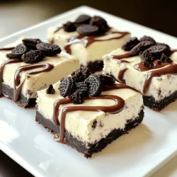 To make delicious no-bake Oreo cheesecake bars, gather these simple ingredients: - 24 Oreo cookies, finely crushed - 1/4 cup unsalted butter, melted - 16 oz cream cheese, softened to room temperature - 1 cup powdered sugar - 2 teaspoons vanilla extract - 1 cup whipped cream (store-bought or homemade) - 8 Oreo cookies, coarsely chopped (for topping) These ingredients come together to create a rich and creamy dessert. The crushed Oreos make a perfect crust, while the cream cheese and whipped cream form a smooth filling. I love using both fine crumbs and chunks of Oreos for that extra crunch! For the best flavor, let your cream cheese sit out until it's soft. This ensures a creamy texture and a smooth mix when you combine it with the other ingredients. If you want to dive deeper into the recipe, check out the Full Recipe for step-by-step instructions! To start, gather your ingredients. You will need 24 Oreo cookies and 1/4 cup of melted butter. First, crush the Oreo cookies into fine crumbs. You can use a food processor or a plastic bag and a rolling pin. Mix the crumbs with the melted butter in a medium bowl. Stir until every crumb is coated in butter. This mixture should feel like wet sand. Next, press the crust into the bottom of a 9x9 inch baking dish. Make sure it is even and compact. Place this dish in the fridge for about 10 minutes. This helps the crust set well. Now, let's make the creamy filling. In a large bowl, beat 16 ounces of softened cream cheese with an electric mixer. Mix until it is smooth and free of lumps. Slowly add 1 cup of powdered sugar and 2 teaspoons of vanilla extract. Keep mixing until the mixture is creamy and well blended. Now, gently fold in 1 cup of whipped cream using a spatula. This step is important. You want to keep the filling light and fluffy for the best texture. Now it’s time to assemble your bars. Pour the cheesecake filling over the chilled Oreo crust. Use a spatula to spread it evenly and smooth the top. Next, sprinkle 8 coarsely chopped Oreo cookies on top. This adds a crunchy texture and more chocolate flavor. Cover the dish tightly with plastic wrap. Refrigerate for a minimum of 4 hours. This allows the cheesecake to set properly. After that, you can cut the bars into neat squares. Enjoy them directly from the dish for a rustic look. For a more polished touch, serve on a white platter, and maybe drizzle some chocolate sauce on top. - Overmixing the cheesecake batter: Mixing too much makes the cheesecake dense. You want it creamy, not heavy. - Not chilling the crust long enough: If the crust is warm, the filling will not set well. Always chill it for at least 10 minutes. - Importance of room temperature ingredients: Room temperature cream cheese mixes better. It helps create a smooth filling. Cold cream cheese can cause lumps. - Tips for fluffy whipped cream: Use cold cream and a chilled bowl. Whip it until you see stiff peaks. This keeps your cheesecake light and airy. - Presentation tips for an elegant look: Serve the bars on a white plate. It makes the dark color pop. Drizzle chocolate sauce on top for extra flair. - Suggested accompaniments: Fresh berries or a dollop of whipped cream pair well. You can also add a sprig of mint for a fresh touch. For the full recipe, check out the complete instructions above! {{image_4}} You can easily switch up the flavors in your no-bake Oreo cheesecake bars. One fun idea is to add mint extract. This gives your dessert a refreshing mint Oreo twist. Just a few drops can transform the taste. You can also try using other cookie flavors. Instead of Oreos, use chocolate chip cookies for a different base. The cream cheese filling pairs well with many types of cookies, so feel free to get creative! If you need gluten-free options, use gluten-free Oreos. They taste just as good, so you won't miss the regular ones. This way, everyone can enjoy your bars without worry. For those following a vegan diet, you can substitute the cream cheese with plant-based cream cheese. Choose a brand you like. You can still enjoy rich, creamy cheesecake bars without the dairy. These modifications help make your dessert inclusive for all diets. The cheesecake bars last in the fridge for about 5 days. To keep them fresh, cover them tightly with plastic wrap or store them in an airtight container. This prevents them from drying out and helps maintain their creamy texture. Make sure to keep them chilled until you are ready to serve. You can freeze the bars for later enjoyment. They freeze well for up to 2 months. To freeze, wrap each bar in plastic wrap and place them in a freezer bag. When you want to enjoy them, take the bars out and let them thaw in the fridge overnight. Serve them cold for the best taste and texture. - Answer: 20 minutes - Answer: A minimum of 4 hours - Answer: Yes, other cookie varieties can be used. - Answer: Use a sharp knife and wipe it clean between cuts. Making these cheesecake bars is fun and easy. You can get creative with the crust. If you want a twist, try using graham crackers or chocolate chip cookies. They all work well. Just make sure to crush them finely. To cut the bars, grab a sharp knife. Wipe it clean with a damp cloth after each cut. This keeps the edges smooth and neat. A messy cut can make the bars look less appetizing. Remember, these bars need time to set. After mixing, place them in the fridge. This helps them firm up. You can make them the night before a party. Then, just slice and serve. Trust me, everyone will love them. For the full recipe, check out the detailed steps above. This blog post covered how to make No-Bake Oreo Cheesecake Bars. You learned about the ingredients, step-by-step instructions, and tips for success. I shared ways to customize flavors and make it fit different diets. Proper storage tips help keep your bars fresh, too. Now, you have all you need to create these tasty treats. Enjoy making and sharing them with friends and family!