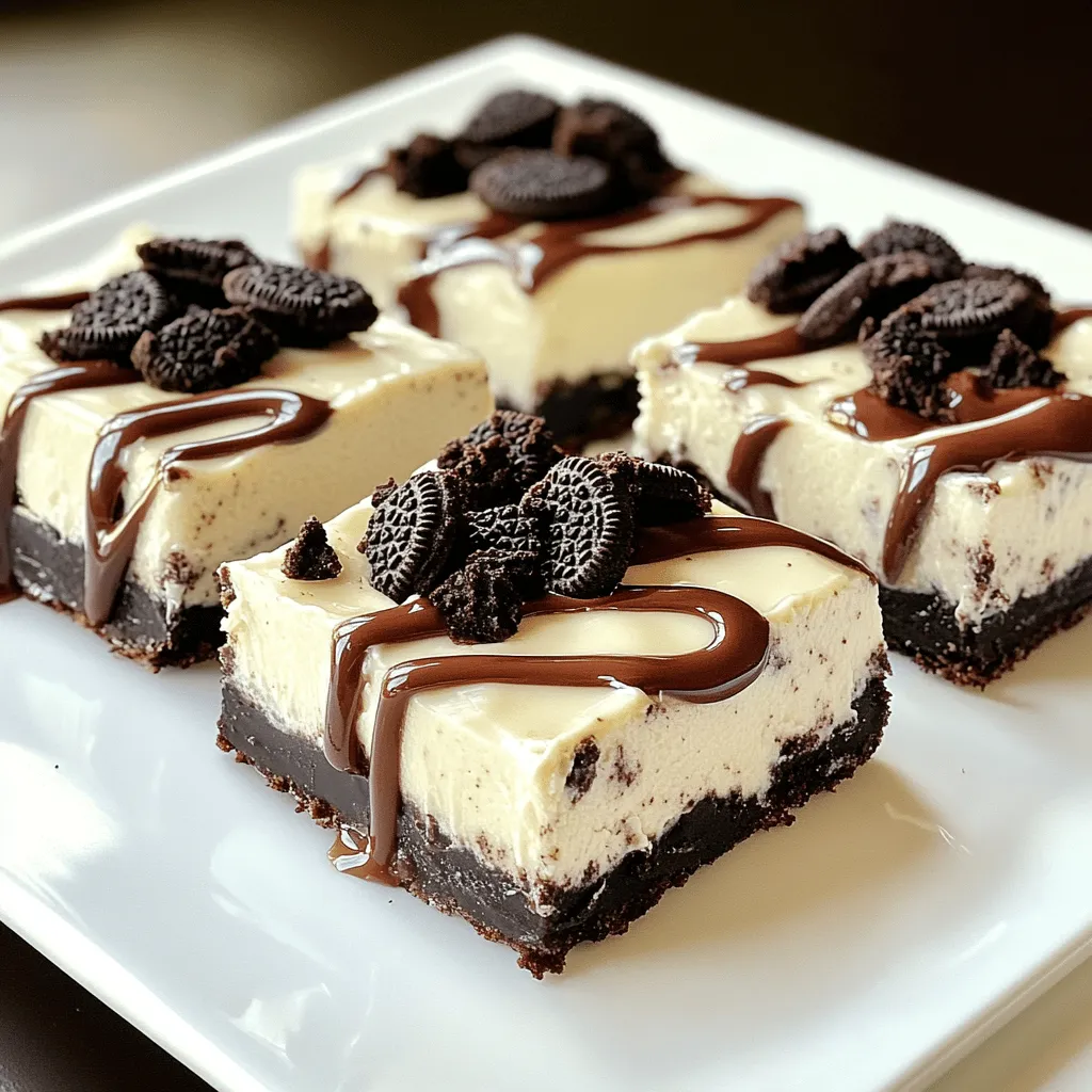 To make delicious no-bake Oreo cheesecake bars, gather these simple ingredients: - 24 Oreo cookies, finely crushed - 1/4 cup unsalted butter, melted - 16 oz cream cheese, softened to room temperature - 1 cup powdered sugar - 2 teaspoons vanilla extract - 1 cup whipped cream (store-bought or homemade) - 8 Oreo cookies, coarsely chopped (for topping) These ingredients come together to create a rich and creamy dessert. The crushed Oreos make a perfect crust, while the cream cheese and whipped cream form a smooth filling. I love using both fine crumbs and chunks of Oreos for that extra crunch! For the best flavor, let your cream cheese sit out until it's soft. This ensures a creamy texture and a smooth mix when you combine it with the other ingredients. If you want to dive deeper into the recipe, check out the Full Recipe for step-by-step instructions! To start, gather your ingredients. You will need 24 Oreo cookies and 1/4 cup of melted butter. First, crush the Oreo cookies into fine crumbs. You can use a food processor or a plastic bag and a rolling pin. Mix the crumbs with the melted butter in a medium bowl. Stir until every crumb is coated in butter. This mixture should feel like wet sand. Next, press the crust into the bottom of a 9x9 inch baking dish. Make sure it is even and compact. Place this dish in the fridge for about 10 minutes. This helps the crust set well. Now, let's make the creamy filling. In a large bowl, beat 16 ounces of softened cream cheese with an electric mixer. Mix until it is smooth and free of lumps. Slowly add 1 cup of powdered sugar and 2 teaspoons of vanilla extract. Keep mixing until the mixture is creamy and well blended. Now, gently fold in 1 cup of whipped cream using a spatula. This step is important. You want to keep the filling light and fluffy for the best texture. Now it’s time to assemble your bars. Pour the cheesecake filling over the chilled Oreo crust. Use a spatula to spread it evenly and smooth the top. Next, sprinkle 8 coarsely chopped Oreo cookies on top. This adds a crunchy texture and more chocolate flavor. Cover the dish tightly with plastic wrap. Refrigerate for a minimum of 4 hours. This allows the cheesecake to set properly. After that, you can cut the bars into neat squares. Enjoy them directly from the dish for a rustic look. For a more polished touch, serve on a white platter, and maybe drizzle some chocolate sauce on top. - Overmixing the cheesecake batter: Mixing too much makes the cheesecake dense. You want it creamy, not heavy. - Not chilling the crust long enough: If the crust is warm, the filling will not set well. Always chill it for at least 10 minutes. - Importance of room temperature ingredients: Room temperature cream cheese mixes better. It helps create a smooth filling. Cold cream cheese can cause lumps. - Tips for fluffy whipped cream: Use cold cream and a chilled bowl. Whip it until you see stiff peaks. This keeps your cheesecake light and airy. - Presentation tips for an elegant look: Serve the bars on a white plate. It makes the dark color pop. Drizzle chocolate sauce on top for extra flair. - Suggested accompaniments: Fresh berries or a dollop of whipped cream pair well. You can also add a sprig of mint for a fresh touch. For the full recipe, check out the complete instructions above! {{image_4}} You can easily switch up the flavors in your no-bake Oreo cheesecake bars. One fun idea is to add mint extract. This gives your dessert a refreshing mint Oreo twist. Just a few drops can transform the taste. You can also try using other cookie flavors. Instead of Oreos, use chocolate chip cookies for a different base. The cream cheese filling pairs well with many types of cookies, so feel free to get creative! If you need gluten-free options, use gluten-free Oreos. They taste just as good, so you won't miss the regular ones. This way, everyone can enjoy your bars without worry. For those following a vegan diet, you can substitute the cream cheese with plant-based cream cheese. Choose a brand you like. You can still enjoy rich, creamy cheesecake bars without the dairy. These modifications help make your dessert inclusive for all diets. The cheesecake bars last in the fridge for about 5 days. To keep them fresh, cover them tightly with plastic wrap or store them in an airtight container. This prevents them from drying out and helps maintain their creamy texture. Make sure to keep them chilled until you are ready to serve. You can freeze the bars for later enjoyment. They freeze well for up to 2 months. To freeze, wrap each bar in plastic wrap and place them in a freezer bag. When you want to enjoy them, take the bars out and let them thaw in the fridge overnight. Serve them cold for the best taste and texture. - Answer: 20 minutes - Answer: A minimum of 4 hours - Answer: Yes, other cookie varieties can be used. - Answer: Use a sharp knife and wipe it clean between cuts. Making these cheesecake bars is fun and easy. You can get creative with the crust. If you want a twist, try using graham crackers or chocolate chip cookies. They all work well. Just make sure to crush them finely. To cut the bars, grab a sharp knife. Wipe it clean with a damp cloth after each cut. This keeps the edges smooth and neat. A messy cut can make the bars look less appetizing. Remember, these bars need time to set. After mixing, place them in the fridge. This helps them firm up. You can make them the night before a party. Then, just slice and serve. Trust me, everyone will love them. For the full recipe, check out the detailed steps above. This blog post covered how to make No-Bake Oreo Cheesecake Bars. You learned about the ingredients, step-by-step instructions, and tips for success. I shared ways to customize flavors and make it fit different diets. Proper storage tips help keep your bars fresh, too. Now, you have all you need to create these tasty treats. Enjoy making and sharing them with friends and family!