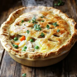 To make a classic chicken pot pie, gather these simple ingredients: - 2 cups cooked chicken, shredded - 1 cup carrots, diced - 1 cup frozen peas - 1 cup potatoes, diced - 1/2 cup onion, finely chopped - 1/2 cup celery, finely chopped - 1/3 cup unsalted butter - 1/3 cup all-purpose flour - 1 3/4 cups chicken broth, preferably low-sodium - 2/3 cup whole milk - 1 teaspoon dried thyme - Salt and black pepper, to taste - 1 package (containing 2 crusts) refrigerated pie crusts - 1 egg, beaten (for egg wash) You can make this chicken pot pie work for different diets. If you're gluten-free, use gluten-free flour and pie crusts. For a dairy-free option, swap the butter with olive oil and use almond milk. If you want a vegetarian dish, replace the chicken with mushrooms or lentils. Always adjust the broth to match your choice. To prepare your chicken pot pie, you'll need some basic tools: - Large saucepan - Wooden spoon or spatula - Whisk - 9-inch pie dish - Rolling pin (if using homemade crust) - Knife and cutting board - Measuring cups and spoons - Oven mitts These tools will help you create a delicious and comforting meal. Enjoy the process! 1. Preheat your oven to 425°F (220°C). A hot oven helps the crust bake well. 2. In a large pan over medium heat, melt the butter. Add the chopped onion, diced carrots, celery, and potatoes. Cook these veggies for about 5-7 minutes until they are tender. 3. Add the flour to the pan to create a roux. Stir for about 1-2 minutes until mixed well. 4. Gradually pour in the chicken broth and milk while whisking. This will help make a smooth sauce. Stir until it thickens, which takes about 3-5 minutes. 5. Fold in the shredded chicken, frozen peas, and thyme. Season with salt and black pepper to taste. Mix everything well and then take the pan off the heat. 6. Roll out one pie crust and lay it in a 9-inch pie dish. Let the edges hang over the side. Pour in the chicken mixture and spread it evenly. 7. Roll out the second pie crust and cover the filling. Crimp the edges with a fork to seal. Cut small slits in the top crust for steam to escape. 8. Brush the top with the beaten egg. This gives a nice golden color when it bakes. 9. Place the pie in the oven and bake for 30-35 minutes. Look for a golden brown crust and bubbling filling. 10. Let the pie cool for 10 minutes before slicing. This helps the filling set. - Prep Time: 20 minutes - Total Cook Time: 30-35 minutes - Oven Temperature: 425°F (220°C) - Use fresh ingredients for the best flavor. - Stir the roux well to avoid lumps. - Let the pie cool slightly before slicing. This keeps the filling from spilling out. - For a flaky crust, do not overwork the dough. - Brush the crust with egg wash for a shiny finish. For the complete ingredient list and more details, check the Full Recipe. To make a flaky crust, keep your ingredients cold. Use chilled butter for the best results. When mixing, don’t overwork the dough. This helps keep the layers light and flaky. Roll the dough gently to avoid heating it. A little bit of chill time in the fridge can also help. After rolling, let the pie crust rest before filling it. This prevents shrinkage while baking. To boost flavor, use fresh herbs like thyme or parsley. They add a bright taste. You can also add garlic for an extra kick. For depth, sauté your vegetables longer to caramelize them. A splash of white wine can lift the dish, too. If you want a richer taste, try using chicken thighs instead of breasts. They stay juicy and flavorful. One mistake is using warm ingredients. This can lead to a tough crust. Another error is not seasoning enough. Taste your filling before baking. Make sure it has enough salt and pepper. Also, don’t skip the steam vents on the top crust. They let the steam escape and keep the filling from getting soggy. Finally, avoid cutting into the pie too soon. Let it rest for a bit to set the filling properly. For the full recipe, check out the Homestyle Chicken Pot Pie section above. {{image_4}} You can make a tasty vegetarian pot pie. Replace the chicken with hearty veggies. Use ingredients like mushrooms, zucchini, and bell peppers. Add more frozen peas and carrots for color. For the sauce, swap chicken broth with vegetable broth. This keeps the flavor rich and comforting. If you have leftover turkey, use it in your pot pie. The method stays the same, and the flavor remains great. You can also try ground beef for a different taste. Brown the beef before adding the vegetables. This will give your dish a nice, savory depth. Experimenting with spices can change the whole vibe of your pot pie. Consider adding rosemary for a woodsy flavor. You can also try sage or even a pinch of nutmeg. Each spice brings its own warmth and comfort to the dish. Mixing in a little garlic powder can also enhance the taste. The possibilities are endless, so have fun with it! To store your classic chicken pot pie leftovers, let it cool completely. Then, cover the pie with plastic wrap or aluminum foil. You can also place it in an airtight container. This helps keep the filling moist and the crust crisp. Store it in the fridge for up to 3 days. If you want to keep it longer, follow the freezing tips below. When you're ready to enjoy your leftovers, preheat your oven to 350°F (175°C). Place the pie on a baking sheet to catch any drips. Cover the pie with foil to prevent the crust from burning. Heat for about 25-30 minutes or until the filling is hot. If you like a crispy crust, remove the foil for the last 10 minutes. This keeps the crust flaky and golden. To freeze your chicken pot pie, let it cool completely first. Wrap the pie tightly in plastic wrap, then in aluminum foil. You can also use a freezer-safe container. This helps protect it from freezer burn. It will stay good for up to 3 months. When you’re ready to eat, thaw it overnight in the fridge. Then, follow the reheating instructions to enjoy it again. For the best taste, try to eat it within the first month. You can tell the pot pie is done by checking the crust. It should be golden brown and crisp. You should also see the filling bubbling through the slits on top. If both of these signs are present, your pie is ready to serve. Yes, you can make chicken pot pie in advance. Prepare the filling and place it in the crust. Cover and store it in the fridge for up to 24 hours. You can also freeze it for later. Just remember to bake it from frozen, adding extra time if needed for cooking. Classic chicken pot pie goes well with many sides. Here are some ideas: - Fresh green salad - Steamed broccoli or green beans - Mashed potatoes - Roasted vegetables - A light fruit salad These sides complement the rich flavors of the pot pie. You can mix and match to fit your taste! For a complete meal, consider a refreshing drink, like lemonade or iced tea. Making classic chicken pot pie is a joy. The rich flavors and warm filling bring comfort to any meal. Here’s how to make it using simple steps and fresh ingredients. Ingredients: - 2 cups cooked chicken, shredded - 1 cup carrots, diced - 1 cup frozen peas - 1 cup potatoes, diced - 1/2 cup onion, finely chopped - 1/2 cup celery, finely chopped - 1/3 cup unsalted butter - 1/3 cup all-purpose flour - 1 3/4 cups chicken broth, preferably low-sodium - 2/3 cup whole milk - 1 teaspoon dried thyme - Salt and black pepper, to taste - 1 package (containing 2 crusts) refrigerated pie crusts - 1 egg, beaten (for egg wash) Follow this Full Recipe for a delightful meal. Each step is easy to follow and fun to make. 1. Preheat your oven to 425°F (220°C). 2. Melt butter in a large saucepan over medium heat. Add onion, carrots, celery, and potatoes. Cook until tender, about 5-7 minutes. 3. Stir in flour to make a roux. Mix for about 1-2 minutes until golden. 4. Gradually add chicken broth and milk while whisking. Stir until the sauce thickens, about 3-5 minutes. 5. Add chicken, peas, thyme, and season with salt and pepper. Mix well and remove from heat. 6. Roll out one pie crust and place it in a 9-inch pie dish. Pour in the chicken mixture. 7. Roll out the second pie crust and cover the filling. Seal the edges and cut slits for steam. 8. Brush the top with beaten egg for a golden finish. 9. Bake for 30-35 minutes until golden brown and bubbling. 10. Let it cool for 10 minutes before slicing. This chicken pot pie is a family favorite. It’s perfect for gatherings or cozy nights in. Enjoy each bite of this hearty meal! This guide covered everything from ingredients to helpful tips for your pot pie. You learned about ingredient substitutions, necessary kitchen tools, and step-by-step cooking instructions. I shared tricks for a flaky crust, flavor enhancements, and variations like vegetarian options. Lastly, we discussed storage best practices and answered common questions. With this knowledge, you can make a delicious pot pie that everyone will love. Happy cooking!