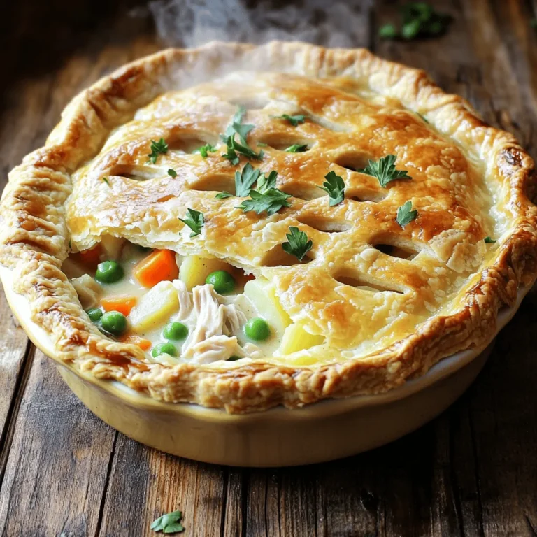 To make a classic chicken pot pie, gather these simple ingredients: - 2 cups cooked chicken, shredded - 1 cup carrots, diced - 1 cup frozen peas - 1 cup potatoes, diced - 1/2 cup onion, finely chopped - 1/2 cup celery, finely chopped - 1/3 cup unsalted butter - 1/3 cup all-purpose flour - 1 3/4 cups chicken broth, preferably low-sodium - 2/3 cup whole milk - 1 teaspoon dried thyme - Salt and black pepper, to taste - 1 package (containing 2 crusts) refrigerated pie crusts - 1 egg, beaten (for egg wash) You can make this chicken pot pie work for different diets. If you're gluten-free, use gluten-free flour and pie crusts. For a dairy-free option, swap the butter with olive oil and use almond milk. If you want a vegetarian dish, replace the chicken with mushrooms or lentils. Always adjust the broth to match your choice. To prepare your chicken pot pie, you'll need some basic tools: - Large saucepan - Wooden spoon or spatula - Whisk - 9-inch pie dish - Rolling pin (if using homemade crust) - Knife and cutting board - Measuring cups and spoons - Oven mitts These tools will help you create a delicious and comforting meal. Enjoy the process! 1. Preheat your oven to 425°F (220°C). A hot oven helps the crust bake well. 2. In a large pan over medium heat, melt the butter. Add the chopped onion, diced carrots, celery, and potatoes. Cook these veggies for about 5-7 minutes until they are tender. 3. Add the flour to the pan to create a roux. Stir for about 1-2 minutes until mixed well. 4. Gradually pour in the chicken broth and milk while whisking. This will help make a smooth sauce. Stir until it thickens, which takes about 3-5 minutes. 5. Fold in the shredded chicken, frozen peas, and thyme. Season with salt and black pepper to taste. Mix everything well and then take the pan off the heat. 6. Roll out one pie crust and lay it in a 9-inch pie dish. Let the edges hang over the side. Pour in the chicken mixture and spread it evenly. 7. Roll out the second pie crust and cover the filling. Crimp the edges with a fork to seal. Cut small slits in the top crust for steam to escape. 8. Brush the top with the beaten egg. This gives a nice golden color when it bakes. 9. Place the pie in the oven and bake for 30-35 minutes. Look for a golden brown crust and bubbling filling. 10. Let the pie cool for 10 minutes before slicing. This helps the filling set. - Prep Time: 20 minutes - Total Cook Time: 30-35 minutes - Oven Temperature: 425°F (220°C) - Use fresh ingredients for the best flavor. - Stir the roux well to avoid lumps. - Let the pie cool slightly before slicing. This keeps the filling from spilling out. - For a flaky crust, do not overwork the dough. - Brush the crust with egg wash for a shiny finish. For the complete ingredient list and more details, check the Full Recipe. To make a flaky crust, keep your ingredients cold. Use chilled butter for the best results. When mixing, don’t overwork the dough. This helps keep the layers light and flaky. Roll the dough gently to avoid heating it. A little bit of chill time in the fridge can also help. After rolling, let the pie crust rest before filling it. This prevents shrinkage while baking. To boost flavor, use fresh herbs like thyme or parsley. They add a bright taste. You can also add garlic for an extra kick. For depth, sauté your vegetables longer to caramelize them. A splash of white wine can lift the dish, too. If you want a richer taste, try using chicken thighs instead of breasts. They stay juicy and flavorful. One mistake is using warm ingredients. This can lead to a tough crust. Another error is not seasoning enough. Taste your filling before baking. Make sure it has enough salt and pepper. Also, don’t skip the steam vents on the top crust. They let the steam escape and keep the filling from getting soggy. Finally, avoid cutting into the pie too soon. Let it rest for a bit to set the filling properly. For the full recipe, check out the Homestyle Chicken Pot Pie section above. {{image_4}} You can make a tasty vegetarian pot pie. Replace the chicken with hearty veggies. Use ingredients like mushrooms, zucchini, and bell peppers. Add more frozen peas and carrots for color. For the sauce, swap chicken broth with vegetable broth. This keeps the flavor rich and comforting. If you have leftover turkey, use it in your pot pie. The method stays the same, and the flavor remains great. You can also try ground beef for a different taste. Brown the beef before adding the vegetables. This will give your dish a nice, savory depth. Experimenting with spices can change the whole vibe of your pot pie. Consider adding rosemary for a woodsy flavor. You can also try sage or even a pinch of nutmeg. Each spice brings its own warmth and comfort to the dish. Mixing in a little garlic powder can also enhance the taste. The possibilities are endless, so have fun with it! To store your classic chicken pot pie leftovers, let it cool completely. Then, cover the pie with plastic wrap or aluminum foil. You can also place it in an airtight container. This helps keep the filling moist and the crust crisp. Store it in the fridge for up to 3 days. If you want to keep it longer, follow the freezing tips below. When you're ready to enjoy your leftovers, preheat your oven to 350°F (175°C). Place the pie on a baking sheet to catch any drips. Cover the pie with foil to prevent the crust from burning. Heat for about 25-30 minutes or until the filling is hot. If you like a crispy crust, remove the foil for the last 10 minutes. This keeps the crust flaky and golden. To freeze your chicken pot pie, let it cool completely first. Wrap the pie tightly in plastic wrap, then in aluminum foil. You can also use a freezer-safe container. This helps protect it from freezer burn. It will stay good for up to 3 months. When you’re ready to eat, thaw it overnight in the fridge. Then, follow the reheating instructions to enjoy it again. For the best taste, try to eat it within the first month. You can tell the pot pie is done by checking the crust. It should be golden brown and crisp. You should also see the filling bubbling through the slits on top. If both of these signs are present, your pie is ready to serve. Yes, you can make chicken pot pie in advance. Prepare the filling and place it in the crust. Cover and store it in the fridge for up to 24 hours. You can also freeze it for later. Just remember to bake it from frozen, adding extra time if needed for cooking. Classic chicken pot pie goes well with many sides. Here are some ideas: - Fresh green salad - Steamed broccoli or green beans - Mashed potatoes - Roasted vegetables - A light fruit salad These sides complement the rich flavors of the pot pie. You can mix and match to fit your taste! For a complete meal, consider a refreshing drink, like lemonade or iced tea. Making classic chicken pot pie is a joy. The rich flavors and warm filling bring comfort to any meal. Here’s how to make it using simple steps and fresh ingredients. Ingredients: - 2 cups cooked chicken, shredded - 1 cup carrots, diced - 1 cup frozen peas - 1 cup potatoes, diced - 1/2 cup onion, finely chopped - 1/2 cup celery, finely chopped - 1/3 cup unsalted butter - 1/3 cup all-purpose flour - 1 3/4 cups chicken broth, preferably low-sodium - 2/3 cup whole milk - 1 teaspoon dried thyme - Salt and black pepper, to taste - 1 package (containing 2 crusts) refrigerated pie crusts - 1 egg, beaten (for egg wash) Follow this Full Recipe for a delightful meal. Each step is easy to follow and fun to make. 1. Preheat your oven to 425°F (220°C). 2. Melt butter in a large saucepan over medium heat. Add onion, carrots, celery, and potatoes. Cook until tender, about 5-7 minutes. 3. Stir in flour to make a roux. Mix for about 1-2 minutes until golden. 4. Gradually add chicken broth and milk while whisking. Stir until the sauce thickens, about 3-5 minutes. 5. Add chicken, peas, thyme, and season with salt and pepper. Mix well and remove from heat. 6. Roll out one pie crust and place it in a 9-inch pie dish. Pour in the chicken mixture. 7. Roll out the second pie crust and cover the filling. Seal the edges and cut slits for steam. 8. Brush the top with beaten egg for a golden finish. 9. Bake for 30-35 minutes until golden brown and bubbling. 10. Let it cool for 10 minutes before slicing. This chicken pot pie is a family favorite. It’s perfect for gatherings or cozy nights in. Enjoy each bite of this hearty meal! This guide covered everything from ingredients to helpful tips for your pot pie. You learned about ingredient substitutions, necessary kitchen tools, and step-by-step cooking instructions. I shared tricks for a flaky crust, flavor enhancements, and variations like vegetarian options. Lastly, we discussed storage best practices and answered common questions. With this knowledge, you can make a delicious pot pie that everyone will love. Happy cooking!