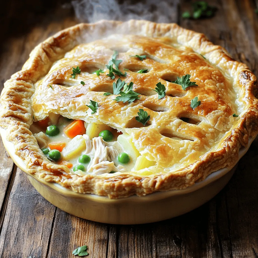 To make a classic chicken pot pie, gather these simple ingredients: - 2 cups cooked chicken, shredded - 1 cup carrots, diced - 1 cup frozen peas - 1 cup potatoes, diced - 1/2 cup onion, finely chopped - 1/2 cup celery, finely chopped - 1/3 cup unsalted butter - 1/3 cup all-purpose flour - 1 3/4 cups chicken broth, preferably low-sodium - 2/3 cup whole milk - 1 teaspoon dried thyme - Salt and black pepper, to taste - 1 package (containing 2 crusts) refrigerated pie crusts - 1 egg, beaten (for egg wash) You can make this chicken pot pie work for different diets. If you're gluten-free, use gluten-free flour and pie crusts. For a dairy-free option, swap the butter with olive oil and use almond milk. If you want a vegetarian dish, replace the chicken with mushrooms or lentils. Always adjust the broth to match your choice. To prepare your chicken pot pie, you'll need some basic tools: - Large saucepan - Wooden spoon or spatula - Whisk - 9-inch pie dish - Rolling pin (if using homemade crust) - Knife and cutting board - Measuring cups and spoons - Oven mitts These tools will help you create a delicious and comforting meal. Enjoy the process! 1. Preheat your oven to 425°F (220°C). A hot oven helps the crust bake well. 2. In a large pan over medium heat, melt the butter. Add the chopped onion, diced carrots, celery, and potatoes. Cook these veggies for about 5-7 minutes until they are tender. 3. Add the flour to the pan to create a roux. Stir for about 1-2 minutes until mixed well. 4. Gradually pour in the chicken broth and milk while whisking. This will help make a smooth sauce. Stir until it thickens, which takes about 3-5 minutes. 5. Fold in the shredded chicken, frozen peas, and thyme. Season with salt and black pepper to taste. Mix everything well and then take the pan off the heat. 6. Roll out one pie crust and lay it in a 9-inch pie dish. Let the edges hang over the side. Pour in the chicken mixture and spread it evenly. 7. Roll out the second pie crust and cover the filling. Crimp the edges with a fork to seal. Cut small slits in the top crust for steam to escape. 8. Brush the top with the beaten egg. This gives a nice golden color when it bakes. 9. Place the pie in the oven and bake for 30-35 minutes. Look for a golden brown crust and bubbling filling. 10. Let the pie cool for 10 minutes before slicing. This helps the filling set. - Prep Time: 20 minutes - Total Cook Time: 30-35 minutes - Oven Temperature: 425°F (220°C) - Use fresh ingredients for the best flavor. - Stir the roux well to avoid lumps. - Let the pie cool slightly before slicing. This keeps the filling from spilling out. - For a flaky crust, do not overwork the dough. - Brush the crust with egg wash for a shiny finish. For the complete ingredient list and more details, check the Full Recipe. To make a flaky crust, keep your ingredients cold. Use chilled butter for the best results. When mixing, don’t overwork the dough. This helps keep the layers light and flaky. Roll the dough gently to avoid heating it. A little bit of chill time in the fridge can also help. After rolling, let the pie crust rest before filling it. This prevents shrinkage while baking. To boost flavor, use fresh herbs like thyme or parsley. They add a bright taste. You can also add garlic for an extra kick. For depth, sauté your vegetables longer to caramelize them. A splash of white wine can lift the dish, too. If you want a richer taste, try using chicken thighs instead of breasts. They stay juicy and flavorful. One mistake is using warm ingredients. This can lead to a tough crust. Another error is not seasoning enough. Taste your filling before baking. Make sure it has enough salt and pepper. Also, don’t skip the steam vents on the top crust. They let the steam escape and keep the filling from getting soggy. Finally, avoid cutting into the pie too soon. Let it rest for a bit to set the filling properly. For the full recipe, check out the Homestyle Chicken Pot Pie section above. {{image_4}} You can make a tasty vegetarian pot pie. Replace the chicken with hearty veggies. Use ingredients like mushrooms, zucchini, and bell peppers. Add more frozen peas and carrots for color. For the sauce, swap chicken broth with vegetable broth. This keeps the flavor rich and comforting. If you have leftover turkey, use it in your pot pie. The method stays the same, and the flavor remains great. You can also try ground beef for a different taste. Brown the beef before adding the vegetables. This will give your dish a nice, savory depth. Experimenting with spices can change the whole vibe of your pot pie. Consider adding rosemary for a woodsy flavor. You can also try sage or even a pinch of nutmeg. Each spice brings its own warmth and comfort to the dish. Mixing in a little garlic powder can also enhance the taste. The possibilities are endless, so have fun with it! To store your classic chicken pot pie leftovers, let it cool completely. Then, cover the pie with plastic wrap or aluminum foil. You can also place it in an airtight container. This helps keep the filling moist and the crust crisp. Store it in the fridge for up to 3 days. If you want to keep it longer, follow the freezing tips below. When you're ready to enjoy your leftovers, preheat your oven to 350°F (175°C). Place the pie on a baking sheet to catch any drips. Cover the pie with foil to prevent the crust from burning. Heat for about 25-30 minutes or until the filling is hot. If you like a crispy crust, remove the foil for the last 10 minutes. This keeps the crust flaky and golden. To freeze your chicken pot pie, let it cool completely first. Wrap the pie tightly in plastic wrap, then in aluminum foil. You can also use a freezer-safe container. This helps protect it from freezer burn. It will stay good for up to 3 months. When you’re ready to eat, thaw it overnight in the fridge. Then, follow the reheating instructions to enjoy it again. For the best taste, try to eat it within the first month. You can tell the pot pie is done by checking the crust. It should be golden brown and crisp. You should also see the filling bubbling through the slits on top. If both of these signs are present, your pie is ready to serve. Yes, you can make chicken pot pie in advance. Prepare the filling and place it in the crust. Cover and store it in the fridge for up to 24 hours. You can also freeze it for later. Just remember to bake it from frozen, adding extra time if needed for cooking. Classic chicken pot pie goes well with many sides. Here are some ideas: - Fresh green salad - Steamed broccoli or green beans - Mashed potatoes - Roasted vegetables - A light fruit salad These sides complement the rich flavors of the pot pie. You can mix and match to fit your taste! For a complete meal, consider a refreshing drink, like lemonade or iced tea. Making classic chicken pot pie is a joy. The rich flavors and warm filling bring comfort to any meal. Here’s how to make it using simple steps and fresh ingredients. Ingredients: - 2 cups cooked chicken, shredded - 1 cup carrots, diced - 1 cup frozen peas - 1 cup potatoes, diced - 1/2 cup onion, finely chopped - 1/2 cup celery, finely chopped - 1/3 cup unsalted butter - 1/3 cup all-purpose flour - 1 3/4 cups chicken broth, preferably low-sodium - 2/3 cup whole milk - 1 teaspoon dried thyme - Salt and black pepper, to taste - 1 package (containing 2 crusts) refrigerated pie crusts - 1 egg, beaten (for egg wash) Follow this Full Recipe for a delightful meal. Each step is easy to follow and fun to make. 1. Preheat your oven to 425°F (220°C). 2. Melt butter in a large saucepan over medium heat. Add onion, carrots, celery, and potatoes. Cook until tender, about 5-7 minutes. 3. Stir in flour to make a roux. Mix for about 1-2 minutes until golden. 4. Gradually add chicken broth and milk while whisking. Stir until the sauce thickens, about 3-5 minutes. 5. Add chicken, peas, thyme, and season with salt and pepper. Mix well and remove from heat. 6. Roll out one pie crust and place it in a 9-inch pie dish. Pour in the chicken mixture. 7. Roll out the second pie crust and cover the filling. Seal the edges and cut slits for steam. 8. Brush the top with beaten egg for a golden finish. 9. Bake for 30-35 minutes until golden brown and bubbling. 10. Let it cool for 10 minutes before slicing. This chicken pot pie is a family favorite. It’s perfect for gatherings or cozy nights in. Enjoy each bite of this hearty meal! This guide covered everything from ingredients to helpful tips for your pot pie. You learned about ingredient substitutions, necessary kitchen tools, and step-by-step cooking instructions. I shared tricks for a flaky crust, flavor enhancements, and variations like vegetarian options. Lastly, we discussed storage best practices and answered common questions. With this knowledge, you can make a delicious pot pie that everyone will love. Happy cooking!