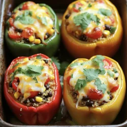 To make these tasty stuffed bell peppers, gather the following ingredients: - 4 large bell peppers (choose a colorful mix: red, yellow, green) - 1 cup quinoa, thoroughly rinsed - 2 cups vegetable broth - 1 can (15 oz) black beans, rinsed and drained - 1 cup corn (fresh, frozen, or canned) - 1 cup cherry tomatoes, halved - 1 teaspoon ground cumin - 1 teaspoon smoked paprika - 1 teaspoon garlic powder - Salt and pepper to taste - 1 cup shredded cheese (cheddar or a plant-based alternative for a vegan option) - Fresh cilantro, chopped, for garnish - 1 tablespoon olive oil - Juice of 1 lime (about 2 tablespoons) Pick bell peppers that feel firm and heavy. Check for shiny skin and bright color. Avoid any with soft spots or wrinkles. Smell can also help; fresh peppers smell sweet. Choose a mix of colors for a fun look on your plate. This recipe can fit many diets. For a vegan option, skip the cheese or use a plant-based alternative. Quinoa is naturally gluten-free, making this meal safe for those with gluten sensitivities. You can also add extra veggies or beans to keep it filling and nutritious. If you're looking for a low-carb option, consider substituting quinoa with cauliflower rice. Enjoy the endless possibilities! Start by setting your oven to 375°F (190°C). This gets it hot and ready for the peppers. Next, take four large bell peppers, choosing a mix of colors like red, yellow, and green. Cut the tops off, and remove the seeds and membranes. For extra flavor, brush the outside with olive oil. Stand them up in a baking dish, ready for stuffing. In a medium saucepan, pour in two cups of vegetable broth. Bring it to a boil. Once boiling, add one cup of rinsed quinoa. Lower the heat and cover it. Let it simmer for about 15 minutes. The liquid will absorb, and the quinoa will become fluffy. After cooking, fluff it with a fork to keep it light. In a large bowl, combine the cooked quinoa with one can of black beans, one cup of corn, and one cup of halved cherry tomatoes. Add one teaspoon each of ground cumin, smoked paprika, and garlic powder. Squeeze the juice of one lime into the mix. Stir everything well, then add half a cup of shredded cheese. Season with salt and pepper to taste. Now it’s time to fill the peppers! Take the quinoa mix and spoon it into each pepper. Pack it tightly to fit as much filling as you can. Top each filled pepper with the rest of the shredded cheese. Cover your baking dish with aluminum foil. This helps keep the peppers moist while baking. Place the dish in your preheated oven. Bake for 25 minutes. Then, remove the foil and bake for another 10 to 15 minutes. The peppers should be tender, and the cheese should be melted and slightly golden. Let them cool for a few minutes, then garnish with chopped cilantro before serving. For the full recipe, check the Rainbow Stuffed Bell Peppers section. To get great stuffed peppers, choose fresh ones. Look for bell peppers that feel firm and heavy. The colors matter too; try red, yellow, and green for a bright dish. When you cut the tops, make sure to leave enough space for filling. Brush the outside with olive oil for flavor and a nice shine. Bake covered initially to keep them moist, then uncover to allow cheese to brown. You can mix up the stuffing easily. Try using different grains like rice or farro instead of quinoa. You can add more veggies like zucchini or spinach for extra nutrients. For protein, you can use ground turkey or tofu. Don’t forget spices! Adding chili powder or herbs can really boost the flavor. Taste the mixture before stuffing to adjust the seasoning. For a great cheese topping, choose cheeses that melt well, like cheddar or mozzarella. Shred your cheese yourself; pre-shredded cheese has additives that prevent melting. Add cheese at the end of baking. This way, it will melt evenly and get golden brown on top. If you love a crispy texture, broil the peppers for a minute or two after baking. Just watch them closely! For the complete recipe, check out the Full Recipe for Rainbow Stuffed Bell Peppers. {{image_4}} Stuffed bell peppers are flexible and fun. You can create many tasty variations to please everyone. Here are some ideas. For a vegetarian version, use beans and grains. You can keep the base recipe and swap the meat for more veggies. Try using: - 1 cup cooked lentils - 1 cup diced zucchini - 1 cup chopped spinach These add great flavor and nutrition. Feel free to mix in your favorite herbs, like basil or oregano. This way, you get a vibrant dish that’s full of life! If you're watching carbs, you can easily adjust your stuffed peppers. Replace quinoa with cauliflower rice. This gives you a low-carb base. You can also skip the corn for fewer carbs. Use: - 1 cup cauliflower rice (fresh or frozen) - 1 cup diced mushrooms These ingredients keep the dish filling without the carbs. Add spices like chili powder or Italian seasoning for extra flavor. Stuffed bell peppers can travel the world through flavors. You can create dishes inspired by different cuisines. Here are some fun ideas: - Mexican: Mix in black beans, corn, and salsa. Top with avocado and cilantro. - Mediterranean: Use feta cheese, olives, and diced tomatoes. Add fresh herbs like parsley. - Italian: Stir in Italian sausage, marinara sauce, and mozzarella cheese. Each variation brings new tastes and creativity to your table. Don’t hesitate to try different flavors and make it your own! For a full recipe of my Rainbow Stuffed Bell Peppers, check out the details above. After enjoying your stuffed peppers, let them cool to room temperature. Place them in an airtight container. You can store them in the fridge for up to four days. If you want to keep them longer, freezing is a great option. To reheat your stuffed peppers, preheat your oven to 350°F (175°C). Place the peppers in an oven-safe dish. Cover them with foil to keep them moist. Heat for about 20-25 minutes or until they are warm all the way through. You can also use a microwave. Just place a pepper on a plate and heat for about 2-3 minutes. To freeze stuffed peppers, wrap each pepper in plastic wrap. Then, place them in a freezer-safe bag or container. They can last in the freezer for up to three months. When you’re ready to eat, thaw them overnight in the fridge. Bake them as usual, and they’ll taste fresh! Yes, you can use other grains instead of quinoa. Brown rice, farro, or couscous work well. Each grain adds its own texture and flavor. If you choose rice, make sure it's cooked before mixing it with the other ingredients. You can also try gluten-free options like rice or millet for a tasty twist. To add some heat, you can use spicy peppers like jalapeños or serranos. Chopped fresh herbs like cilantro or spicy seasonings like cayenne pepper can help too. Another great way is to add hot sauce to the filling. Start with a little, then taste and adjust to your liking. Stuffed peppers are very healthy! They are full of fiber and protein. The bell peppers provide vitamins A and C. The quinoa and beans add extra nutrients. You can also make them lower in calories by using less cheese or a low-fat option. They are a great meal for many diets. Stuffed peppers can last about 3-5 days in the fridge. Store them in an airtight container to keep them fresh. If you notice any changes in smell or color, it’s best to toss them. Reheat them in the oven or microwave before eating. Yes, you can prepare stuffed peppers ahead of time. You can stuff them a day before and keep them in the fridge. They will taste great when baked the next day. If you want to freeze them, do so before baking. Just thaw and bake when you’re ready to eat. For the full recipe, check out the detailed instructions above. In this blog post, I shared how to make delicious rainbow stuffed bell peppers. I covered needed ingredients, cooking steps, and tips for perfecting your peppers. We also looked at different variations and storage methods. These peppers are easy to make and can fit many diets. Get creative with your flavors. Make these tasty meals your own. Enjoy the bright colors and great taste of your stuffed peppers! Happy cooking!