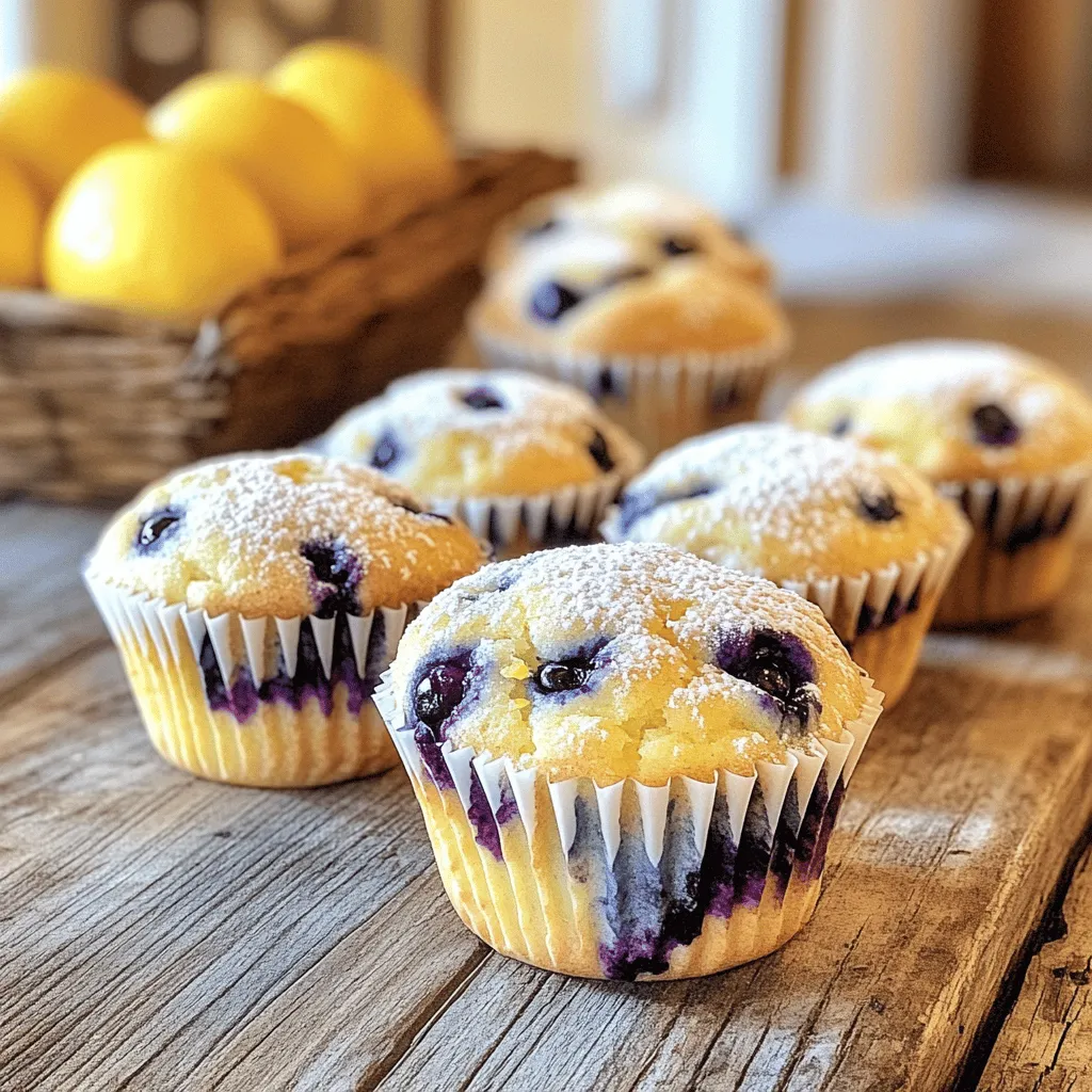- 1 ½ cups all-purpose flour - ½ cup granulated sugar - 1 teaspoon baking powder - ½ teaspoon baking soda - ¼ teaspoon salt - Zest and juice from 1 large lemon - ½ cup unsalted butter, melted - 2 large eggs, at room temperature - ½ cup buttermilk (or milk mixed with ½ tablespoon vinegar, let sit for 5 minutes) - 1 teaspoon pure vanilla extract - 1 cup fresh blueberries (or frozen blueberries, do not thaw) - Optional: Coarse sugar for topping Each ingredient plays a big role in the flavor and texture of the muffins. - All-purpose flour gives structure and helps the muffins rise. - Granulated sugar adds sweetness and helps with browning. - Baking powder and baking soda create the lift, making muffins light. - Salt enhances all the flavors. - Lemon zest and juice add brightness and a fresh taste. - Unsalted butter brings richness and moisture to the muffins. - Eggs bind ingredients together, adding protein. - Buttermilk creates a tender crumb and adds a slight tang. - Vanilla extract rounds out the flavor. - Blueberries provide natural sweetness and juicy bursts in every bite. If you need to swap ingredients, here are some ideas: - Use whole wheat flour for more fiber. - Substitute honey or maple syrup for sugar for natural sweetness. - If you don’t have buttermilk, mix milk with vinegar as mentioned. - Replace butter with coconut oil for a dairy-free option. - For a flavor twist, try using lime juice or orange zest instead of lemon. With these ingredients and tips, you can make delicious Lemon Blueberry Muffins. For the full recipe, check the detailed instructions above. Enjoy baking! First, preheat your oven to 375°F (190°C). This temperature helps the muffins rise well. Take a muffin tin and line it with paper liners or grease it with cooking spray. This step keeps the muffins from sticking. Next, gather your ingredients. You will need flour, sugar, baking powder, baking soda, salt, lemon zest, lemon juice, melted butter, eggs, buttermilk, vanilla extract, and blueberries. Having everything ready makes baking easier. In a large bowl, mix the dry ingredients. Combine the flour, sugar, baking powder, baking soda, and salt. Whisk them well to ensure they blend. In another bowl, mix the wet ingredients. Combine the lemon zest, lemon juice, melted butter, eggs, buttermilk, and vanilla extract. Whisk until smooth. This mixture adds flavor and moisture to your muffins. Now, pour the wet mix into the dry mix. Use a spatula to fold them together gently. Be careful not to overmix; a few lumps are okay. This step keeps the muffins light and fluffy. After that, fold in the blueberries gently. You want to keep them whole for juicy bites of flavor in every muffin. Using a spoon or an ice cream scoop, fill each muffin cup about ¾ full with the batter. This helps them rise without spilling over. If you like, sprinkle coarse sugar on top for a sweet crunch. Place the muffin tin in the oven and bake for 18-22 minutes. Check for doneness by inserting a toothpick into the center. If it comes out clean, your muffins are ready. Once done, let the muffins cool in the tin for about 5 minutes. Then, transfer them to a wire rack to cool completely. This step helps them maintain a nice texture. Enjoy your lemon blueberry muffins warm or at room temperature. For the full recipe, refer to the previous section. To get soft and fluffy muffins, use room temperature ingredients. This includes butter, eggs, and buttermilk. Cold ingredients can lead to dense muffins. Also, avoid overmixing the batter. Mix just until combined. A few lumps are fine. Bake your muffins at 375°F (190°C) for about 18-22 minutes. Start checking around the 18-minute mark. Insert a toothpick in the center. If it comes out clean, your muffins are ready. Overbaking can make them dry, so keep an eye on them. One mistake is using too much flour. Scoop it gently and level off with a knife. Another mistake is overmixing, which makes the muffins tough. Lastly, don’t skip the lemon zest; it boosts flavor. Follow these tips for a delightful treat. For the complete recipe, check out the Full Recipe section. {{image_4}} You can make your lemon blueberry muffins even better. Adding nuts gives a nice crunch. Chopped walnuts or almonds work well. You can also add spices like cinnamon or nutmeg. These spices boost the flavor and warmth. Try adding a pinch for a cozy touch! If you need gluten-free muffins, swap all-purpose flour for a gluten-free blend. Many blends work well in baking. For a dairy-free option, use almond milk or coconut milk instead of buttermilk. Replace butter with coconut oil or a dairy-free spread. These swaps keep the muffins soft and tasty. Blueberries are great, but other fruits shine too! Use raspberries for a tart taste. Strawberries add a sweet touch. You can mix fruits for a fun flavor. Just keep the total fruit amount the same. Each fruit brings its own joy to your muffins. For the full recipe, check out [Full Recipe]. To keep your lemon blueberry muffins fresh, store them in an airtight container. This helps lock in moisture and flavor. Place a piece of parchment paper between layers to avoid sticking. If you make a big batch, you might want to separate them with paper towels. You can freeze these muffins for longer storage. Make sure they are cool before wrapping them tightly in plastic wrap. Then place them in a freezer bag. They will stay fresh for up to three months. When you want to enjoy one, thaw it overnight in the fridge. You can also reheat it in the microwave for about 15-20 seconds. Lemon blueberry muffins taste best within the first few days. After that, they may start to lose their soft texture. Store them at room temperature for up to two days. If you notice any signs of mold or dryness, it’s best to toss them. For the freshest taste, follow the Full Recipe and enjoy them soon! Yes, you can use frozen blueberries. Just add them straight to the batter without thawing. This helps keep the muffins moist and stops them from turning purple. Frozen blueberries also add a nice burst of flavor when baked. To make these muffins healthier, you can try these tips: - Substitute whole wheat flour for all-purpose flour. - Use less sugar or switch to a natural sweetener like honey or maple syrup. - Replace half the butter with unsweetened applesauce. - Add chia seeds or flaxseeds for extra fiber. To check if the muffins are done, look for these signs: - The tops should be golden brown. - A toothpick inserted into the center comes out clean. - The muffins feel springy to the touch. These signs mean your muffins are ready to enjoy! To make mini muffins, adjust the baking time. Fill each mini cup about ¾ full. Bake at the same temperature but for only 10 to 15 minutes. Keep an eye on them, as they will bake faster. Enjoy your mini treats! For the full recipe, check out the details above! In this article, we covered all you need for perfect Lemon Blueberry Muffins. I shared the complete ingredients list and explained key components. You now know how to mix, bake, and store your muffins. Plus, I highlighted variations and tips for the best results. Remember, baking is fun and easy. With the right ingredients and steps, you can create tasty muffins. Enjoy making them your own!