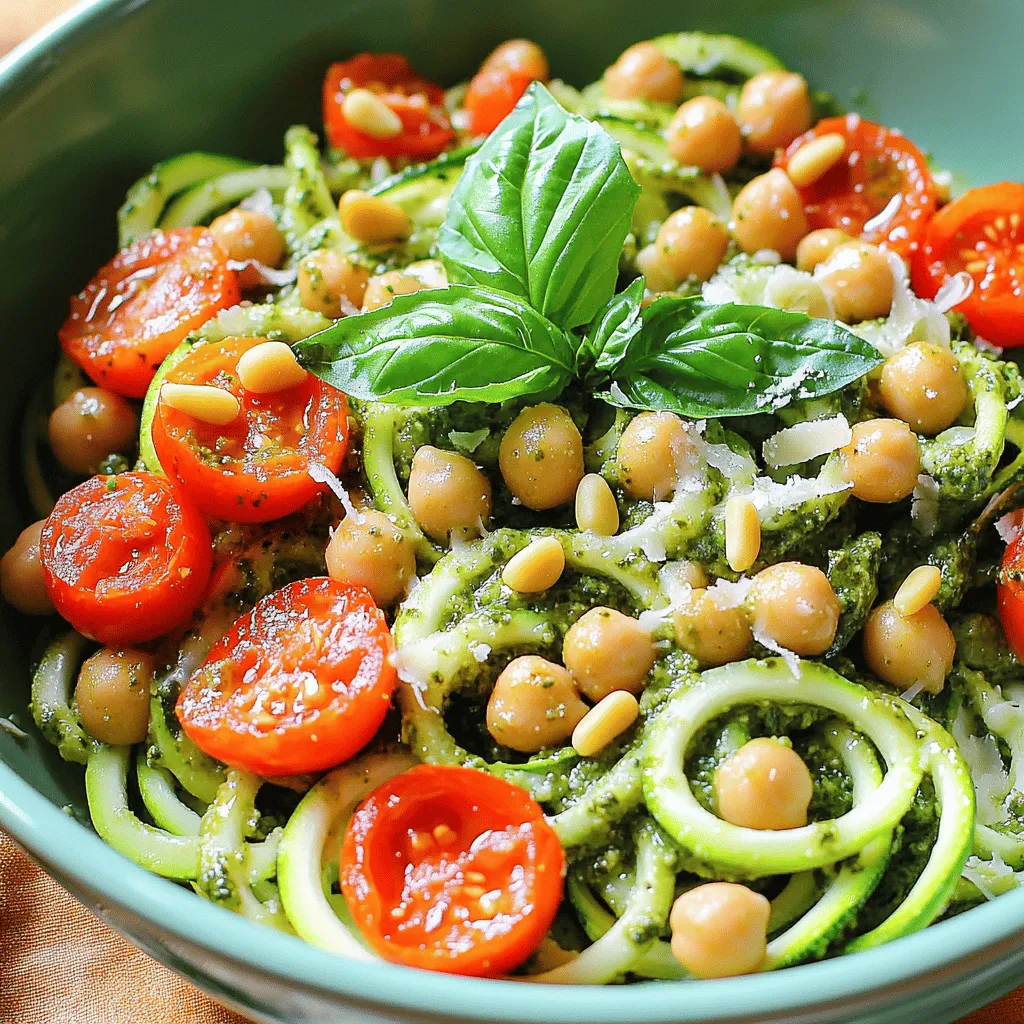 For a tasty pesto zoodle bowl, you need some fresh ingredients. Here’s what you’ll use: - 2 medium zucchinis, spiralized into zoodles - 1 cup basil pesto (store-bought or homemade) - 1 cup cherry tomatoes, halved - 1 cup cooked chickpeas (canned or boiled) - Fresh basil leaves for garnish These fresh ingredients give your dish great flavor and color. You also need a few pantry staples to make this dish shine. Make sure you have: - 1/4 cup toasted pine nuts - 1/2 teaspoon garlic powder - Salt and black pepper to taste These items help to enhance the taste and texture of your meal. To make your zoodle bowl even more special, consider adding: - Grated Parmesan cheese for serving (optional) This adds a rich, cheesy flavor if you like cheese. You can also play with different toppings to suit your taste. For the full recipe, you can check out the details in the recipe section. To start, take your zucchinis and spiralize them into zoodles. If you don't have a spiralizer, a vegetable peeler works too. Just slice thin strips that look like noodles. Aim for long, thin strands. This will give your dish a great texture. Next, grab a large mixing bowl. Add the zoodles and pour in the basil pesto. Use tongs or a large spoon to mix them. Toss gently until the zoodles are well coated. The pesto will stick to the noodles and add flavor. In another bowl, combine the halved cherry tomatoes and chickpeas. Sprinkle in the garlic powder, a pinch of salt, and some black pepper. Stir this mix gently. You want the seasoning to spread evenly. This mix adds color and protein to your bowl. Now it's time to bring it all together! Carefully fold the tomato and chickpea mix into the zoodle bowl. Be gentle to avoid breaking the zoodles. Divide the mixture into serving bowls. Top each bowl with toasted pine nuts and fresh basil leaves. If you like, sprinkle some grated Parmesan cheese on top. This adds a nice touch of flavor. For a great look, serve in colorful bowls. The bright greens and reds will make your dish pop. Enjoy your Easy Pesto Zoodle Bowl! For the full recipe, visit the recipe section. To make the best zoodles, choose firm zucchinis. Look for ones that are smooth and shiny. Use a spiralizer for long, even strands. If you lack a spiralizer, a vegetable peeler works too. Thin strips can mimic noodles nicely. Avoid over-spiralizing, as it can lead to mushy zoodles. Pat them dry before cooking to remove excess moisture. This keeps your dish from becoming watery. Mixing ingredients should be gentle. After spiralizing your zoodles, add the basil pesto. Use tongs or a large spoon to toss them together. Make sure every zoodle is coated well. For the cherry tomatoes and chickpeas, season them in a separate bowl. This allows for even flavor distribution. When you combine everything, fold gently to keep the zoodles intact. This ensures your meal looks as great as it tastes. To elevate your pesto zoodle bowl, add extra ingredients. Consider mixing in roasted red peppers or artichokes for a twist. Fresh spinach or arugula adds a nice crunch. For a kick, a sprinkle of red pepper flakes can spice things up. You can also add proteins like chicken or shrimp if you desire. Fresh herbs like parsley or chives bring brightness to the dish. Don’t forget a squeeze of lemon juice for a zesty finish. For the full recipe, check out the detailed instructions provided earlier. {{image_4}} If you want to make a vegan pesto zoodle bowl, skip the cheese. Use nutritional yeast instead. It adds a cheesy flavor without dairy. You can also substitute chickpeas with cooked lentils for extra protein. They blend well with the zoodles and pesto. Try adding a splash of lemon juice for brightness. This keeps your dish fresh and exciting. To make your zoodle bowl heartier, add protein like chicken or shrimp. Cook the chicken in a pan until golden brown. Slice it thin and toss it with the zoodles. If you prefer shrimp, sauté them until pink and tender. They cook quickly and add a nice flavor. Both options provide great texture and taste. You can also season them with garlic for an extra kick. Incorporate seasonal vegetables for added color and nutrients. Think bell peppers, spinach, or asparagus. Slice them thin and sauté them lightly. This helps keep their crunch and flavor. Toss these veggies in with the zoodles and pesto for a lovely mix. You can also add roasted vegetables for a smoky taste. Each season brings new veggies to explore, so get creative! For the full recipe, check out the earlier sections. After you enjoy your Easy Pesto Zoodle Bowl, you may have some leftovers. Store any extra zoodles in an airtight container. Make sure to keep them in the fridge. They will stay fresh for up to three days. If you added tomatoes, it’s best to eat them within two days for the best taste. When you want to warm up your zoodles, do it gently. Place them in a skillet over low heat. Add a tiny splash of water or oil to keep them moist. Stir often until they are heated through. Avoid using the microwave, as it can make zoodles soggy. Each ingredient in your zoodle bowl has its own shelf life. Zucchini can last about a week in the fridge. Basil pesto, if stored properly, can last up to a week too. Cherry tomatoes stay fresh for about five days. Cooked chickpeas can last about three days when stored in the fridge. Toasted pine nuts can stay good for a month if kept in a cool, dry place. Always check for any spoilage before using your ingredients. For the full recipe, check here. Zoodles are noodles made from zucchini. They are a fun, healthy swap for regular pasta. You can make zoodles easily at home. Just take fresh zucchini and spiralize it using a spiralizer. If you don’t have a spiralizer, a vegetable peeler or knife can work, too. Slice the zucchini into thin strips. This gives you long, noodle-like strands. Zoodles cook quickly, so they stay crisp and fresh. Yes, making your own pesto is simple and fun! You need fresh basil, garlic, nuts, olive oil, and cheese. Blend these ingredients together until smooth. You can adjust the flavors to suit your taste. For a nut-free option, skip the nuts and add more basil. Homemade pesto is a great way to add a personal touch. It can make your zoodle bowl even more special. Absolutely! This zoodle bowl is perfect for meal prep. You can make it ahead and store it in the fridge. Just keep the zoodles separate from the pesto. This helps keep them fresh and crunchy. When you’re ready to eat, mix everything together. You can enjoy it cold or warm it up slightly. This dish is healthy and quick, making it great for busy days. Customizing your zoodle bowl is easy! You can add different veggies like bell peppers or spinach. For more protein, try adding grilled chicken or shrimp. Change the nuts in your pesto, too. Use walnuts or cashews for a twist. You can also add spices like red pepper flakes for heat. Experimenting makes each bowl unique and fun to eat. Check out the Full Recipe for more ideas! You learned how to create a tasty pesto zoodle bowl using fresh ingredients. We explored steps to prepare zoodles, mix flavors, and make the perfect meal. With tips on storage and variations, you can keep this dish exciting. Remember to try different proteins or seasonal veggies. Enjoy your flavorful zoodle experience, and don’t forget to get creative with your ingredients! Your healthy meal is just a bowl away.