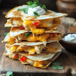 - 2 cups cooked chicken, shredded - 1 cup shredded cheese (cheddar or Monterey Jack) - 1 red bell pepper, diced - 1 small onion, finely chopped - 1 teaspoon ground cumin - 1 teaspoon smoked paprika - 4 large flour tortillas - 2 tablespoons olive oil (divided) - Salt and black pepper to taste - Fresh cilantro, chopped (for garnish) - Sour cream (for serving) Choose fresh vegetables for the best taste. Look for bright red bell peppers and firm onions. Use high-quality cheese for meltiness and flavor. Shredded cheese is convenient, but block cheese melts better. When selecting chicken, pick meat that is juicy and tender. You can use rotisserie chicken to save time. For a zesty twist, add jalapeños for heat. Black beans can boost protein and fiber. You might also try corn for a sweet crunch. Avocado or guacamole can add creaminess. Consider lime juice for a fresh kick. Each of these ingredients can elevate your quesadilla and create unique flavors. For the full recipe, check out the details above! Start by heating 1 tablespoon of olive oil in a large skillet over medium heat. Once hot, add the finely chopped onion and diced red bell pepper. Sauté them for about 3-4 minutes. Stir occasionally until they soften up. Season these veggies with ground cumin, smoked paprika, salt, and black pepper. This helps to blend the flavors together. Now, add the shredded chicken to the skillet. Stir it well with the sautéed vegetables. Let this mixture cook for an additional 2-3 minutes. This warms the chicken and lets the flavors mix. You want everything heated through and tasty. In a separate skillet, heat 1 tablespoon of olive oil over medium heat. Place one flour tortilla in this skillet. Sprinkle half of the shredded cheese evenly over the tortilla. Then, spread half of the chicken mixture on top. Add another layer of cheese before placing a second tortilla on top. Cook the quesadilla for about 3-4 minutes until the bottom gets golden brown and the cheese begins to melt. Carefully flip it using a large spatula, and cook for another 3-4 minutes until both sides are crispy. Remove the quesadilla and let it cool for a minute. Slice it into wedges with a sharp knife or pizza cutter. Repeat this with the remaining ingredients. Serve the warm quesadillas on a platter, garnished with chopped cilantro and a side of sour cream for dipping. For the full recipe, refer to the earlier section. To get a crispy quesadilla, use medium heat. Heat your skillet, then add oil. You want enough oil to cover the bottom, but not too much. Use a spatula to press down on the quesadilla while it cooks. This helps the cheese melt and brown the tortilla. Flip it carefully to keep the filling inside. Cook each side until golden brown, around 3-4 minutes. Let it cool slightly before slicing for the best crunch. You will need a few tools to make your quesadillas. Here’s what I suggest: - A large skillet for cooking - A spatula to flip the quesadilla - A sharp knife or pizza cutter for slicing - Mixing bowls for prepping the filling - Measuring spoons for spices These tools make the process easy and fun. If your quesadilla is soggy, it may need more heat. Make sure the skillet is hot enough before adding the tortilla. If the cheese does not melt, try using more cheese or a different type. For burnt quesadillas, lower the heat a bit. If your filling spills out, remember to press down gently while it cooks. Adjust these tips based on your stove and skillet for the best results. {{image_4}} You can easily make vegetarian quesadillas. Just swap out chicken for veggies. Use ingredients like black beans, corn, or spinach. For a fresh touch, add diced tomatoes or mushrooms. They add great flavor and color. You can also use different cheeses like feta or goat cheese for a tangy twist. If you love heat, spice up your chicken quesadillas. Add diced jalapeños or chipotle peppers to the chicken mix. For a spicy kick, mix in hot sauce. You can even use pepper jack cheese instead of cheddar. This gives your quesadilla a nice, spicy flavor. Cheese is a key player in quesadillas. While cheddar is classic, try other cheeses for a new taste. Monterey Jack melts well and adds creaminess. Gouda offers a rich, smoky flavor. For a sharp taste, use aged cheddar. Blend different cheeses for a complex flavor profile. Each variation brings its own unique touch to the dish. For the full recipe, check out the Easy Chicken Quesadillas Delight above! After you enjoy your meal, let the quesadillas cool. Place them in an airtight container. They stay fresh for up to three days in the fridge. If you want to save space, cut them into wedges. This makes them easier to store and reheat later. To reheat, use a skillet for the best results. Heat it over medium heat. Place the quesadilla in the skillet for about 3-4 minutes on each side. This keeps the quesadilla crispy. You can also use a microwave, but it might make them soft. If you use the microwave, heat for 30 seconds at a time until warm. You can freeze the quesadillas for later use. Wrap each quesadilla tightly in plastic wrap. Then, place them in a freezer bag. They can last up to three months. When you're ready to eat, thaw them in the fridge overnight. Reheat them using the skillet method for the best taste. This makes for a quick meal anytime! For the full recipe, check out the Cheesy Chicken Quesadillas Delight section. Yes, you can! Ground beef, turkey, or pork work great. You could also try shrimp or tofu for a fun twist. Just make sure to season them well. Each protein brings its own flavor. Cook them until done, just like the chicken. You can use an oven! Preheat it to 400°F (200°C). Place the quesadillas on a baking sheet. Bake for 10-12 minutes until golden and crispy. Flip them halfway for even cooking. You can also use a microwave, but they won’t be crispy. Many sides work well! Here are some ideas: - Mexican rice - Refried beans - Guacamole - Salsa - Corn salad These sides add color and taste to your meal. They also make a complete dinner. Enjoy with your quesadillas for a full feast. For the full recipe, refer to the Easy Chicken Quesadillas section! In this blog post, we covered all you need for making delicious quesadillas. We shared the right ingredients, tips for selection, and options for extra flavor. I walked you through each step, from prepping veggies to assembly. We also discussed important tips for crispiness and tools to use, plus variations for every taste. Lastly, I provided storage info to keep leftovers fresh. Now, it’s time to create your perfect quesadilla! Enjoy this tasty dish any day of the week.