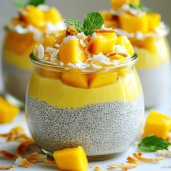 To make this tasty mango coconut chia pudding, gather these main ingredients: - 1 cup coconut milk (choose either canned or carton) - 1/2 cup almond milk (or your preferred milk variety) - 1/3 cup chia seeds - 1 ripe mango, diced into small cubes - 1 teaspoon pure vanilla extract - A pinch of salt These ingredients create a creamy base that is both rich and refreshing. The coconut milk gives a tropical flavor, while the almond milk adds a light touch. Chia seeds are the star here; they soak up the liquids and turn into a pudding-like texture. You can add these optional ingredients to enhance sweetness and presentation: - 2 tablespoons maple syrup (optional, adjust sweetness to taste) - Toasted coconut flakes, for a delightful garnish - Fresh mint leaves, for a refreshing touch Maple syrup can sweeten your pudding without refined sugar. Toasted coconut flakes add texture and flavor, while fresh mint leaves give it a pop of color. Each ingredient in this pudding offers unique health benefits: - Coconut milk: Rich in healthy fats that support heart health. - Almond milk: Low in calories and high in vitamin E. - Chia seeds: Packed with fiber, omega-3s, and protein. - Mango: High in vitamins A and C, boosting your immune system. - Vanilla extract: Adds flavor and may have antioxidant properties. - Maple syrup: Contains minerals like manganese and zinc. These ingredients combine to create a dish that is not only tasty but also healthy. Eating this pudding can help you feel full and satisfied while enjoying a tropical treat. For the full recipe, check out the details above. To start, gather your ingredients. You need coconut milk, almond milk, chia seeds, and some sweeteners. In a large bowl, pour in 1 cup of coconut milk and 1/2 cup of almond milk. Then, add 1/3 cup of chia seeds. You can include 2 tablespoons of maple syrup if you like it sweeter. Next, mix in 1 teaspoon of pure vanilla extract and a pinch of salt. Use a whisk or fork to blend well. Make sure there are no clumps of chia seeds; this step is key for a smooth pudding. Now that you mixed everything, cover the bowl. You can use plastic wrap or a lid. Place it in the fridge for at least 4 hours. For the best results, let it chill overnight. This time allows the chia seeds to absorb the liquid. As they soak, they will thicken and turn into a creamy pudding. Stir the mixture once or twice during the first hour. This helps the seeds spread evenly. After the chilling time, check the pudding. It should be thick and creamy. Stir it well to break any clumps. Now, divide the pudding into serving bowls or jars. The fun part is next! Top each serving with diced ripe mango. Spread it evenly for a nice look. Finally, sprinkle some toasted coconut flakes on top. Add fresh mint leaves for a touch of color and aroma. Serve your mango coconut chia pudding chilled and enjoy this tropical treat! You can find the full recipe at the start of the article. To get the best chia pudding, use the right balance of liquids and seeds. Start with one cup of coconut milk and half a cup of almond milk. This mix gives a nice creamy base. Next, add one-third cup of chia seeds. Stir well to break up any clumps. Cover the bowl and chill it for at least four hours. This waiting time lets the chia seeds soak up the milk. If you want a thicker pudding, add a bit more chia seeds. A little bit goes a long way! You can make your pudding even better with simple tweaks. Adding a teaspoon of pure vanilla extract brings out the flavors. If you like sweetness, include two tablespoons of maple syrup. For a fresh twist, try adding diced fruits like strawberries or blueberries on top. You can also mix in a sprinkle of toasted coconut flakes. These add crunch and enhance the tropical taste of your pudding. Many people make simple errors when making chia pudding. One common mistake is not mixing the seeds well. If you don’t stir enough, clumps form, and you won’t get that smooth texture. Another mistake is not letting it sit long enough. Remember, patience is key! Skipping the chilling time means your pudding will be runny. Finally, don’t forget to taste before serving. Adjust sweetness if needed. This way, you ensure that every bite is just right. {{image_4}} You can change up your mango coconut chia pudding by adding different fruits. Fresh berries like strawberries, blueberries, or raspberries bring a nice tang. Pineapple or kiwi adds a sweet and tart flavor. You can also try banana or peach for a creamy touch. Just chop the fruit small and place it on top. This gives each bite a burst of flavor and color. This pudding is easy to make dairy-free and vegan. Use coconut milk and almond milk, which I already mentioned in the recipe. You can also try oat milk or soy milk for a different taste. If you want a creamier texture, go for full-fat coconut milk. It makes the pudding rich and smooth. Keep your toppings plant-based to stay true to vegan values. Feel free to get creative with flavors in your mango coconut chia pudding! Add spices like cinnamon or nutmeg for warmth. You can also mix in cocoa powder for a chocolate twist. If you want more sweetness, try agave syrup or honey. Adding nut butter, like almond or peanut butter, gives extra creaminess and protein. Mix and match these ideas to find your favorite combo. The full recipe gives you a great base to explore these exciting options. To store leftover chia pudding, first, place it in an airtight container. This keeps the pudding fresh and safe from odors. You can use glass jars, plastic containers, or even a bowl with a lid. Make sure to store it in the fridge. This helps the pudding stay creamy and delicious. Meal prep makes life easier. To prep ahead, you can make a big batch of chia pudding. Follow the full recipe and divide it into individual portions. Store these portions in jars or containers. This way, you have a quick and healthy snack ready. You can top your pudding with fresh fruit or nuts right before you eat. Chia pudding lasts about 5 days in the fridge. After that, its texture and taste may change. If you want to keep it longer, freezing is an option. Pour the pudding into ice cube trays or freezer-safe jars. When you want to eat it, thaw it in the fridge overnight. This way, you still enjoy your tasty mango coconut chia pudding! Chia pudding stays fresh in the fridge for about 5 days. Store it in airtight containers. This keeps it from absorbing odors from other foods. If you see any change in texture or smell, toss it out. Always check before enjoying! Yes, you can. Use ripe mango for sweetness. You can also add mashed banana or unsweetened applesauce. These natural options bring flavor and keep the pudding healthy. Adjust the taste based on what you enjoy. Chia seeds pack a punch of nutrition. They are high in fiber, protein, and omega-3 fatty acids. One ounce (28 grams) has about 137 calories, 11 grams of fiber, and 4 grams of protein. They also offer calcium, magnesium, and antioxidants. This makes them a great addition to your diet. They help with digestion and provide energy. If you want to learn more, check out the full recipe for mango coconut chia pudding! Mango coconut chia pudding is simple and rewarding to make. We covered main ingredients and optional sweeteners. The step-by-step guide helps you prepare it with ease. I shared tips for the perfect texture and flavor boosts. You can enjoy different toppings and alternatives for a personal touch. Storing leftovers is easy, and taking care of your meal prep is key. With this knowledge, you can confidently create a delicious treat while maximizing its health benefits. Enjoy your tasty and nutritious pudding!