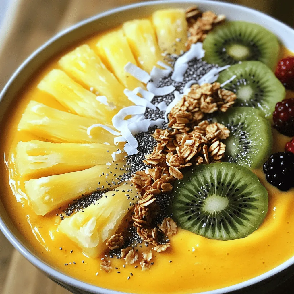 To make the best Tropical Pineapple Smoothie Bowl, gather these main ingredients: - 1 ripe banana, peeled and frozen - 1 cup fresh pineapple chunks, packed - 1/2 cup coconut milk (or your preferred milk) - 1/2 cup Greek yogurt (or a plant-based alternative) - 1 tablespoon honey or maple syrup (optional for sweetness) - 1/4 teaspoon pure vanilla extract These ingredients create a creamy, sweet base. The frozen banana gives a nice texture and chill. Fresh pineapple adds a bright, tropical flavor that shines in each bite. You can enhance the smoothie bowl with these optional add-ins: - Spinach or kale for extra nutrients - A scoop of protein powder for energy - Flaxseeds or chia seeds for fiber - Nut butter like almond or peanut for richness These add-ins allow you to personalize your bowl. They increase the nutrition and can change the flavor profile to your liking. Finish your smoothie bowl with these tasty toppings: - 1/4 cup granola (your favorite variety) - 2 tablespoons unsweetened shredded coconut - Fresh fruit slices for topping (such as kiwi, strawberries, or blueberries) - Chia seeds or hemp seeds for garnish These toppings make your bowl look beautiful and add crunch. They also provide extra flavors that complement the smoothie base. For the full recipe, you can check the details above. First, gather all your ingredients. You need a ripe banana, fresh pineapple, coconut milk, Greek yogurt, honey or maple syrup, and vanilla extract. This mix gives your bowl a creamy texture. Start by peeling the banana and slicing the pineapple if needed. The banana should be frozen, so it’s icy and thick. The frozen fruit is key for a perfect smoothie bowl. Now, it’s time to blend. Add the banana, pineapple chunks, coconut milk, Greek yogurt, honey or maple syrup, and vanilla extract into your blender. Blend on medium-high speed until smooth. If the mix is too thick, add more coconut milk little by little. Blend again until you reach your desired thickness. Scrape the sides of the blender to mix everything well. Pour your smoothie into a bowl. Make it settle evenly for a nice look. Now for the fun part—topping it! Sprinkle granola and unsweetened shredded coconut on top first. Then, add fresh fruit slices like kiwi or strawberries. For a final touch, sprinkle chia seeds or hemp seeds. This adds crunch and nutrition. Enjoy your beautiful Tropical Pineapple Smoothie Bowl! For the complete recipe, check [Full Recipe]. To get a creamy smoothie bowl, start with frozen banana. The frozen banana adds a thick texture. Use ripe bananas for the best taste. Blend all ingredients on medium-high speed. If it’s too thick, add more coconut milk slowly. Blend again until smooth and creamy. Choose ripe and sweet pineapples. Look for pineapples with a sweet smell. The skin should be slightly soft but not mushy. For bananas, pick ones with a few brown spots. Those are sweeter and tastier. Peel and freeze them a few hours before making the smoothie bowl. This helps to chill and thicken the mix. Don’t rush the blending. Blend until all ingredients are smooth. If it’s chunky, it won’t taste good. Avoid using too much liquid at first. This can make the smoothie too thin. Start with less and add more as needed. Lastly, don’t forget to taste! Adjust sweetness with honey or maple syrup if needed. {{image_4}} You can mix up your Tropical Pineapple Smoothie Bowl with fun fruits. Try adding mango, passion fruit, or papaya. Each fruit brings a unique flavor and boosts nutrients. If you want a twist, swap pineapple for ripe peaches or ripe strawberries. These swaps keep your bowl fresh and exciting. You can always adjust the recipe with your favorite fruits. This version makes every bite a new adventure! Want to keep your smoothie bowl dairy-free? Use plant-based yogurt like almond or coconut yogurt. Coconut milk works great for creaminess, but you can also try oat or almond milk. These options give you the same smooth texture. If you need sweetness, maple syrup is an excellent choice. This way, your smoothie bowl remains vegan and still tastes amazing! Want to amp up the nutrition? Add superfoods to your bowl! Chia seeds are a fantastic choice. They pack fiber and omega-3s. You can also mix in spirulina or acai powder for an extra health boost. They not only add nutrients but also give vibrant colors. A little bit of hemp seeds adds protein and crunch. Superfoods make your smoothie bowl healthier and more fun! If you have leftover smoothie bowl, store it in the fridge. Use an airtight container. This keeps it fresh for up to two days. When you're ready to eat, give it a good stir. You may need to add a splash of milk to make it creamy again. You can freeze your smoothie bowl for later. Pour the leftover smoothie into ice cube trays. Once frozen, pop the cubes into a freezer bag. These cubes are perfect for quick smoothies later on. Just blend a few cubes with fresh fruit or milk for a quick treat. The best containers for storing smoothie ingredients are glass jars or BPA-free plastic containers. Glass jars keep flavors intact. They are easy to clean and reuse. Plastic containers are lightweight and good for on-the-go. Make sure they seal tightly to prevent spills. If you’re prepping ingredients ahead, label them with dates. This helps you know when to use them. Yes, you can make this smoothie bowl ahead of time. I recommend blending the base and storing it in the fridge. Use an airtight container to keep it fresh. It stays good for up to 24 hours. When you're ready to eat, just add your toppings. This way, you save time in the morning! Pineapple is a super fruit! It’s low in calories and high in vitamins. One cup offers vitamin C, which helps your immune system. Pineapple also has bromelain, an enzyme that aids digestion. Plus, it has fiber, which keeps you full longer. This makes it a great choice for a healthy smoothie bowl. To lower calories or sugar, try these tips: - Use less honey or skip it entirely. - Replace Greek yogurt with a low-fat version or unsweetened plant-based yogurt. - Choose unsweetened coconut milk. - Add more veggies like spinach or kale for bulk without extra calories. These swaps will keep your smoothie bowl tasty and healthy! You learned how to make a tropical pineapple smoothie bowl. We covered key ingredients, preparation steps, and tips. You can add personal twists with optional add-ins and toppings. Remember to store leftovers properly for later use. Smoothie bowls are fun and healthy, perfect for any time of day. Enjoy trying out new variations and experiments in your kitchen. With a bit of practice, you’ll make smoothie bowls like a pro!