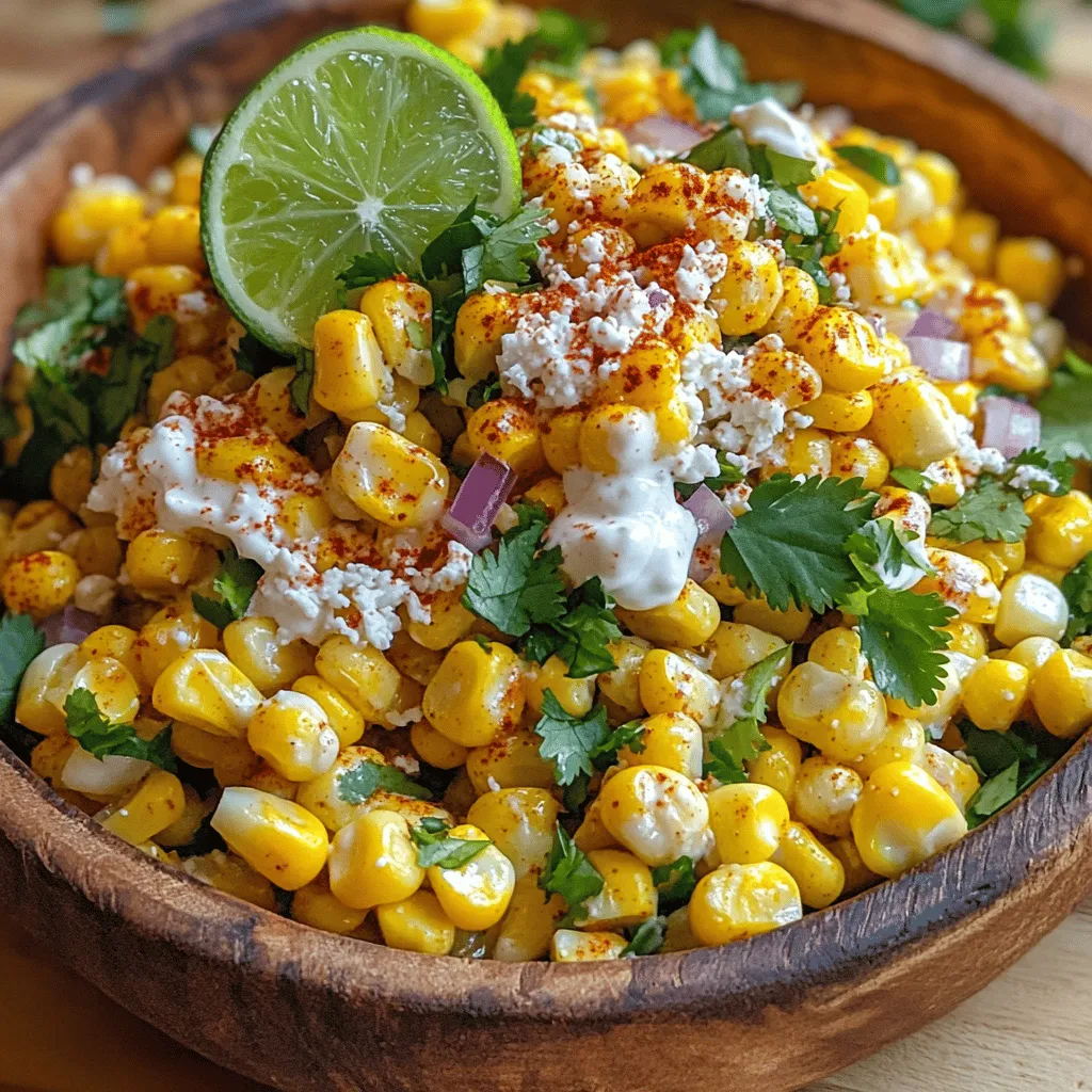 To make a great Mexican Street Corn Salad, you need fresh and simple ingredients. Here’s what you need: - 4 ears of fresh corn, husked and cleaned - 1/2 cup cotija cheese, crumbled into small pieces - 1/4 cup creamy mayonnaise - 2 tablespoons tangy sour cream - 1 teaspoon chili powder (adjust to taste) - Juice of 1 lime (about 2 tablespoons) - 1/4 cup fresh cilantro, finely chopped - 1/4 teaspoon salt (or to taste) - 1/4 teaspoon freshly ground black pepper (or to taste) - 1/4 cup red onion, finely diced - 1 jalapeño pepper, seeds removed and minced (optional for added heat) This mix of ingredients creates a bold and tasty dish. The corn gives sweetness, while cotija cheese adds a creamy and salty touch. The lime juice brings a bright, fresh flavor that makes your taste buds dance. For extra flavor, consider adding fresh herbs like parsley or green onions. You can also try mixing in diced bell peppers or radishes for a crunchy twist. If you want to change things up, think about using feta cheese instead of cotija. You can also add cooked black beans for a protein boost. Don't forget to check the [Full Recipe] for all the steps to create this delightful salad! To start, preheat your grill to medium-high heat. This is key for getting those lovely grill marks on the corn. While the grill heats up, husk and clean the corn. You want it free of silk and dirt for the best flavor. Next, prepare the dressing. In a bowl, mix creamy mayonnaise, tangy sour cream, chili powder, lime juice, salt, and black pepper. Whisk until smooth. Once the corn is grilled and ready, you will assemble all the ingredients. Now, let’s get to grilling! Place the husked corn on the grill. Cook for about 10-12 minutes. Turn the corn every few minutes. This helps it char evenly. Look for golden kernels and nice grill marks. Once done, let it cool before cutting. To cut the corn, use a sharp knife. Carefully slice the kernels off the cob. Drop them into a large bowl. Now, add your dressing to the bowl. Mix in crumbled cotija cheese, chopped cilantro, diced red onion, and minced jalapeño if you want some heat. Toss gently to combine everything. Taste your salad and adjust the flavor. You might want more lime juice or salt. It’s all about what you like! For serving, you can enjoy it warm or chilled. For a nice touch, add more cotija cheese and cilantro on top. This makes it look extra delicious and inviting. For the Full Recipe, check out the detailed instructions and measurements! When making Mexican Street Corn Salad, watch for a few common mistakes. - Overcooking corn or insufficient seasoning: Overcooked corn loses its crunch. It should be tender yet crisp. Season the corn well before mixing in other ingredients. This adds flavor. - Improper mixing techniques: When mixing, be gentle. You want to keep the kernels intact. If you mix too hard, you may mash them. Tasting your salad is key to great flavor. Here are some tips: - Adjusting spice levels and acidity: Start with the suggested chili powder. After mixing, taste it. If you want more heat, add more chili powder or jalapeño. - Serving temperatures and presentation: This salad is best served slightly warm or chilled. For a great look, top with extra cotija cheese and cilantro. Good tools make cooking easier. Here are my top picks: - Best grill tools for grilling corn: Use a grill basket or skewers to keep corn in place. This helps with even cooking. - Bowls and utensils for mixing salad: Use a large mixing bowl for all the ingredients. A wooden spoon works well for gentle mixing. For the complete recipe, check out the Full Recipe. {{image_4}} You can change up the dressing to fit your taste. Here are some great substitutes: - Use Greek yogurt instead of sour cream. - Swap mayonnaise for avocado for a creamy texture. - Try vegan mayo if you want a plant-based option. These swaps keep the flavor while meeting different dietary needs. They help make the salad suitable for vegans and those who avoid dairy. To make your salad even better, add more ingredients. Here are some tasty ideas: - Diced red bell pepper for a sweet crunch. - Chopped cucumber for a refreshing bite. - Black beans for added protein and fiber. If you want to make the salad more filling, consider adding protein like: - Grilled chicken for a tasty twist. - Shrimp or blackened fish for a seafood flair. These extras boost flavor and make your dish heartier. You can also explore other cultures with your street corn salad. Here are some fun ideas: - Add cilantro lime dressing for a zesty kick. - Try Thai chili sauce for a sweet and spicy blend. - Use za'atar seasoning for a Middle Eastern flair. Each twist brings new flavors to your dish. Experiment with spices to find your favorite combination. For the full recipe, check out the [Full Recipe]. To keep your Mexican Street Corn Salad fresh, use airtight containers. Glass or plastic containers with tight lids work best. Make sure the salad cools to room temperature before sealing it. This prevents moisture build-up inside the container. If you have leftovers, store them in the fridge right away. Can you freeze Mexican Street Corn Salad? Yes, but it's not ideal. Freezing can change the texture of the corn and other ingredients. If you decide to freeze it, use a freezer-safe container. Portion the salad into smaller servings for easy thawing. To thaw, place it in the fridge overnight. Do not refreeze after thawing. How long does the salad last in the fridge? You can store it for up to three days. Always check for signs of spoilage. Look for off smells, changes in color, or a slimy texture. If you notice any of these, it's best to throw it away. Enjoy your salad fresh for the best taste! For the full recipe, check the [Full Recipe]. To make Mexican Street Corn Salad, start by grilling fresh corn. Grill for about 10-12 minutes until it is charred. Then, cut the kernels off the cob. In a separate bowl, mix mayonnaise, sour cream, chili powder, lime juice, salt, and pepper. Combine the corn with crumbled cotija cheese, chopped cilantro, diced red onion, and jalapeño (if using). Finally, pour the dressing over everything and toss gently. You can find the full recipe above. If you can't find cotija cheese, you have options. Feta cheese works well as a substitute. It has a similar texture and tangy flavor. Another good choice is queso fresco. This cheese is milder but still adds creaminess. For a dairy-free option, try crumbled tofu mixed with nutritional yeast for a cheesy taste. Yes, you can prepare this salad ahead of time. I recommend making it a few hours before serving. This allows the flavors to blend together. However, if you plan to store it overnight, hold off on adding the dressing. Add it right before serving to keep the corn fresh and crunchy. The spice level of this salad is adjustable. The chili powder adds some heat, but you can modify it based on your taste. If you want less spice, use less chili powder. For more heat, add minced jalapeño or extra chili powder. Always taste as you go to find your perfect level of spice. In this post, we explored how to make Mexican street corn salad. We covered the key ingredients, from corn to optional spices. I shared step-by-step cooking instructions and tips to avoid common mistakes. You learned how to customize the salad with variations and how to store it for later use. Making this dish can be fun and tasty. Don't be afraid to experiment with flavors and textures. Enjoy sharing your delicious creation with others!