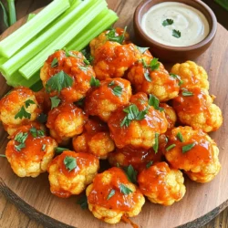 - 1 medium head of cauliflower - 1 cup all-purpose flour - 1 cup unsweetened plant-based milk - 1 cup buffalo sauce - 2 tablespoons vegan butter To make Vegan Buffalo Cauliflower Bites, you first need a medium head of cauliflower. Cut it into bite-sized florets. This will give you the perfect size for dipping and snacking. Then, grab 1 cup of all-purpose flour to create a coating. It helps the batter stick to the cauliflower. You'll also need 1 cup of unsweetened plant-based milk. This adds creaminess to the batter. Next, you cannot forget the star of the show: buffalo sauce. You need 1 cup of it for that spicy kick. Finally, use 2 tablespoons of vegan butter. This will give your bites a rich flavor. - 1 teaspoon garlic powder - 1 teaspoon onion powder - 1 teaspoon paprika - 1 teaspoon salt - 1/2 teaspoon black pepper Now, let's add some seasonings. You’ll need 1 teaspoon of garlic powder for an aromatic taste. Add 1 teaspoon of onion powder to enhance the flavor. For a little warmth, include 1 teaspoon of paprika. Salt is essential, so use 1 teaspoon. Finally, add 1/2 teaspoon of black pepper for a mild kick. - Fresh parsley, finely chopped - Crunchy celery sticks - Vegan ranch dipping sauce Garnishing makes everything look better. Finely chop fresh parsley for a pop of color. Serve your bites with crunchy celery sticks for a nice crunch. Don't forget a side of vegan ranch dipping sauce for dipping. This adds creaminess and balances the heat from the buffalo sauce. For the full recipe, check out the recipe section above. Enjoy making these bites! - Preheat your oven to 450°F (230°C). - Line a baking sheet with parchment paper. - In a large bowl, whisk together the flour and plant-based milk. - Add the garlic powder, onion powder, paprika, salt, and black pepper. - Mix until the batter is smooth and free of lumps. - Take each cauliflower floret and dip it into the batter. - Make sure each floret is fully coated. - Place the coated florets on the baking sheet in a single layer. - Bake for 20-25 minutes, flipping them halfway through. - While the cauliflower bakes, prepare the buffalo sauce mixture. - In a small bowl, combine buffalo sauce and melted vegan butter. - Stir well until the sauce is fully mixed. - After the first bake, remove the cauliflower from the oven. - Transfer the crispy bites to a large bowl. - Pour the buffalo sauce mixture over the cauliflower. - Toss gently until all pieces are coated. - Return the coated bites to the baking sheet. - Bake again for 10 minutes to set the sauce. - Remove and let cool slightly before serving. To get the perfect crunch, bake your cauliflower bites on a wire rack. This lets hot air circulate all around. No one wants soggy bites! Also, avoid crowding the baking sheet. Give each piece room to breathe, so they crisp up nicely. Want more heat? Add cayenne pepper to your batter. It gives a nice kick! You can also try different sauces. A garlic sauce or a sweet chili sauce can add new flavors. Don't be afraid to mix things up! Keep an eye on your baking times. Every oven is a bit different. Check for a golden color to know when they're done. If they need more time, adjust accordingly. Remember, you want them crispy, not burnt. For the full recipe, refer back to the instructions above. Enjoy making these tasty bites! {{image_4}} You can switch things up with different sauces. Try teriyaki or BBQ sauce for a twist. The sweet and tangy flavor pairs well with the cauliflower. You can also use a spicy sriracha blend. This will give your bites a nice kick and extra heat. If you need a gluten-free option, it’s easy to adapt. Simply substitute with gluten-free flour for the batter. Almond or chickpea flour works well, too. These flours add a different taste and can enhance texture. Want to make your bites heartier? Consider adding chickpeas for extra texture. They blend well with the cauliflower and boost protein. You can also pair the bites with tofu for a more filling dish. Tofu absorbs flavors well and adds more nutrition. For the full recipe, check the detailed cooking instructions earlier in the article. To keep your Vegan Buffalo Cauliflower Bites fresh, store any leftovers in an airtight container. This helps to seal in moisture and flavor. You can refrigerate them for up to 3 days. Make sure to let them cool down first to prevent condensation. For the best taste and crunch, reheat the bites in the oven. Set your oven to 375°F (190°C) and bake them for about 10 minutes. This method helps restore their crispy texture. Avoid microwaving them, as this can make them soggy. You can freeze uncooked battered cauliflower bites for later use. Place them in a single layer on a baking sheet and freeze until solid. Then, transfer them to a freezer bag. They are best used within a month of freezing. When ready, bake them straight from the freezer for a quick and tasty snack. Want the full recipe? Check out the [Full Recipe]. To make Vegan Buffalo Cauliflower Bites, follow these simple steps: 1. Preheat your oven to 450°F (230°C) and line a baking sheet with parchment paper. 2. Prepare the batter: In a bowl, mix 1 cup all-purpose flour, 1 cup plant-based milk, 1 teaspoon garlic powder, 1 teaspoon onion powder, 1 teaspoon paprika, 1 teaspoon salt, and 1/2 teaspoon black pepper. Whisk until smooth. 3. Coat the cauliflower: Dip each floret into the batter, ensuring it's fully covered. Place them on the baking sheet in a single layer. 4. Bake the first time: Bake for 20-25 minutes, flipping halfway through for even cooking. 5. Mix the sauce: Combine 1 cup buffalo sauce with 2 tablespoons melted vegan butter in a bowl. 6. Coat with buffalo sauce: After baking, toss the cauliflower in the buffalo sauce mixture until coated. 7. Bake again: Return the coated bites to the baking sheet and bake for another 10 minutes. 8. Garnish and serve: Once done, garnish with fresh parsley. Enjoy your flavorful bites! For the full recipe, click [Full Recipe]. Yes, you can prepare these bites ahead of time. - Storage: Keep any leftovers in an airtight container in the fridge for up to 3 days. - Reheating: To reheat, place them back in the oven. This helps keep them crispy. Avoid using the microwave, as it may make them soggy. - Freezing: You can freeze the uncooked battered cauliflower. Use them within a month for the best quality. These bites make a great snack or appetizer. They pair well with several dishes: - Crunchy celery sticks: These add a fresh, crisp contrast. - Creamy vegan ranch: A perfect dip for added flavor. - Salads: Serve them alongside a green salad for a complete meal. - Vegan burgers: They complement a hearty burger nicely. Yes, Vegan Buffalo Cauliflower Bites are a healthy option. - Low in calories: They are lighter than traditional buffalo wings. - Nutrient-rich: Cauliflower is packed with vitamins C and K. - Plant-based: This dish is suitable for vegans and those seeking healthier snacks. - Customizable: You can reduce the amount of sauce for less sodium or use gluten-free flour for a healthier twist. In this post, I outlined the recipe for Vegan Buffalo Cauliflower Bites. I covered the essential ingredients, step-by-step instructions, and smart tips for extra crispiness. You can try different sauces and make it gluten-free. Remember to store leftovers properly for the best taste later. These cauliflower bites offer a tasty, healthy snack. I hope you enjoy making and sharing them!