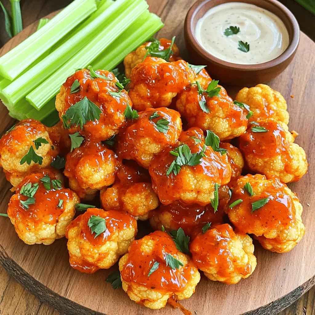 - 1 medium head of cauliflower - 1 cup all-purpose flour - 1 cup unsweetened plant-based milk - 1 cup buffalo sauce - 2 tablespoons vegan butter To make Vegan Buffalo Cauliflower Bites, you first need a medium head of cauliflower. Cut it into bite-sized florets. This will give you the perfect size for dipping and snacking. Then, grab 1 cup of all-purpose flour to create a coating. It helps the batter stick to the cauliflower. You'll also need 1 cup of unsweetened plant-based milk. This adds creaminess to the batter. Next, you cannot forget the star of the show: buffalo sauce. You need 1 cup of it for that spicy kick. Finally, use 2 tablespoons of vegan butter. This will give your bites a rich flavor. - 1 teaspoon garlic powder - 1 teaspoon onion powder - 1 teaspoon paprika - 1 teaspoon salt - 1/2 teaspoon black pepper Now, let's add some seasonings. You’ll need 1 teaspoon of garlic powder for an aromatic taste. Add 1 teaspoon of onion powder to enhance the flavor. For a little warmth, include 1 teaspoon of paprika. Salt is essential, so use 1 teaspoon. Finally, add 1/2 teaspoon of black pepper for a mild kick. - Fresh parsley, finely chopped - Crunchy celery sticks - Vegan ranch dipping sauce Garnishing makes everything look better. Finely chop fresh parsley for a pop of color. Serve your bites with crunchy celery sticks for a nice crunch. Don't forget a side of vegan ranch dipping sauce for dipping. This adds creaminess and balances the heat from the buffalo sauce. For the full recipe, check out the recipe section above. Enjoy making these bites! - Preheat your oven to 450°F (230°C). - Line a baking sheet with parchment paper. - In a large bowl, whisk together the flour and plant-based milk. - Add the garlic powder, onion powder, paprika, salt, and black pepper. - Mix until the batter is smooth and free of lumps. - Take each cauliflower floret and dip it into the batter. - Make sure each floret is fully coated. - Place the coated florets on the baking sheet in a single layer. - Bake for 20-25 minutes, flipping them halfway through. - While the cauliflower bakes, prepare the buffalo sauce mixture. - In a small bowl, combine buffalo sauce and melted vegan butter. - Stir well until the sauce is fully mixed. - After the first bake, remove the cauliflower from the oven. - Transfer the crispy bites to a large bowl. - Pour the buffalo sauce mixture over the cauliflower. - Toss gently until all pieces are coated. - Return the coated bites to the baking sheet. - Bake again for 10 minutes to set the sauce. - Remove and let cool slightly before serving. To get the perfect crunch, bake your cauliflower bites on a wire rack. This lets hot air circulate all around. No one wants soggy bites! Also, avoid crowding the baking sheet. Give each piece room to breathe, so they crisp up nicely. Want more heat? Add cayenne pepper to your batter. It gives a nice kick! You can also try different sauces. A garlic sauce or a sweet chili sauce can add new flavors. Don't be afraid to mix things up! Keep an eye on your baking times. Every oven is a bit different. Check for a golden color to know when they're done. If they need more time, adjust accordingly. Remember, you want them crispy, not burnt. For the full recipe, refer back to the instructions above. Enjoy making these tasty bites! {{image_4}} You can switch things up with different sauces. Try teriyaki or BBQ sauce for a twist. The sweet and tangy flavor pairs well with the cauliflower. You can also use a spicy sriracha blend. This will give your bites a nice kick and extra heat. If you need a gluten-free option, it’s easy to adapt. Simply substitute with gluten-free flour for the batter. Almond or chickpea flour works well, too. These flours add a different taste and can enhance texture. Want to make your bites heartier? Consider adding chickpeas for extra texture. They blend well with the cauliflower and boost protein. You can also pair the bites with tofu for a more filling dish. Tofu absorbs flavors well and adds more nutrition. For the full recipe, check the detailed cooking instructions earlier in the article. To keep your Vegan Buffalo Cauliflower Bites fresh, store any leftovers in an airtight container. This helps to seal in moisture and flavor. You can refrigerate them for up to 3 days. Make sure to let them cool down first to prevent condensation. For the best taste and crunch, reheat the bites in the oven. Set your oven to 375°F (190°C) and bake them for about 10 minutes. This method helps restore their crispy texture. Avoid microwaving them, as this can make them soggy. You can freeze uncooked battered cauliflower bites for later use. Place them in a single layer on a baking sheet and freeze until solid. Then, transfer them to a freezer bag. They are best used within a month of freezing. When ready, bake them straight from the freezer for a quick and tasty snack. Want the full recipe? Check out the [Full Recipe]. To make Vegan Buffalo Cauliflower Bites, follow these simple steps: 1. Preheat your oven to 450°F (230°C) and line a baking sheet with parchment paper. 2. Prepare the batter: In a bowl, mix 1 cup all-purpose flour, 1 cup plant-based milk, 1 teaspoon garlic powder, 1 teaspoon onion powder, 1 teaspoon paprika, 1 teaspoon salt, and 1/2 teaspoon black pepper. Whisk until smooth. 3. Coat the cauliflower: Dip each floret into the batter, ensuring it's fully covered. Place them on the baking sheet in a single layer. 4. Bake the first time: Bake for 20-25 minutes, flipping halfway through for even cooking. 5. Mix the sauce: Combine 1 cup buffalo sauce with 2 tablespoons melted vegan butter in a bowl. 6. Coat with buffalo sauce: After baking, toss the cauliflower in the buffalo sauce mixture until coated. 7. Bake again: Return the coated bites to the baking sheet and bake for another 10 minutes. 8. Garnish and serve: Once done, garnish with fresh parsley. Enjoy your flavorful bites! For the full recipe, click [Full Recipe]. Yes, you can prepare these bites ahead of time. - Storage: Keep any leftovers in an airtight container in the fridge for up to 3 days. - Reheating: To reheat, place them back in the oven. This helps keep them crispy. Avoid using the microwave, as it may make them soggy. - Freezing: You can freeze the uncooked battered cauliflower. Use them within a month for the best quality. These bites make a great snack or appetizer. They pair well with several dishes: - Crunchy celery sticks: These add a fresh, crisp contrast. - Creamy vegan ranch: A perfect dip for added flavor. - Salads: Serve them alongside a green salad for a complete meal. - Vegan burgers: They complement a hearty burger nicely. Yes, Vegan Buffalo Cauliflower Bites are a healthy option. - Low in calories: They are lighter than traditional buffalo wings. - Nutrient-rich: Cauliflower is packed with vitamins C and K. - Plant-based: This dish is suitable for vegans and those seeking healthier snacks. - Customizable: You can reduce the amount of sauce for less sodium or use gluten-free flour for a healthier twist. In this post, I outlined the recipe for Vegan Buffalo Cauliflower Bites. I covered the essential ingredients, step-by-step instructions, and smart tips for extra crispiness. You can try different sauces and make it gluten-free. Remember to store leftovers properly for the best taste later. These cauliflower bites offer a tasty, healthy snack. I hope you enjoy making and sharing them!