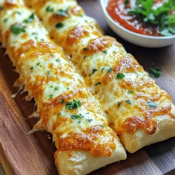 Let’s dive into the key ingredients for cheesy garlic breadsticks. Each one adds flavor and texture. Here’s what you need: - 1 pound pizza dough (store-bought or homemade) - 4 tablespoons unsalted butter, melted - 4 cloves fresh garlic, minced - 1 teaspoon dried oregano - 1 teaspoon garlic powder - 1 cup mozzarella cheese, shredded - ¼ cup grated Parmesan cheese - Salt to taste - Fresh parsley, finely chopped (for garnish) This list is simple and easy to follow. The garlic really shines in this recipe. Fresh garlic gives a strong flavor. The blend of mozzarella and Parmesan adds a delicious cheesy taste. The herbs tie everything together, making these breadsticks irresistible. When you gather these ingredients, remember to have fun. Cooking should bring joy. You can even make this recipe your own. Add more cheese or herbs if you like. Enjoy the process of creating something tasty! For the full recipe, check the section above. Let's get cooking! - Preheat your oven to 425°F (220°C). - Line a baking sheet with parchment paper. First, you want to make sure your oven is nice and hot. Preheating helps the breadsticks bake evenly. Lining your baking sheet with parchment paper prevents sticking. This step is really important for easy cleanup later! - Roll out the pizza dough. - Cut dough into long strips. Next, take your pizza dough and roll it out on a floured surface. Aim for a rectangle shape about ½ inch thick. This thickness helps keep the breadsticks soft inside while they get crispy outside. After rolling, use a sharp knife or pizza cutter to slice the dough into long strips, each about 1 inch wide. - Combine melted butter, garlic, oregano, and garlic powder. Now, it's time to make the garlic butter. In a small bowl, mix melted butter, minced garlic, dried oregano, and garlic powder. This blend adds a rich, savory flavor to the breadsticks. Make sure to mix it well so every bite is packed with taste! - Brush the dough with garlic butter. - Sprinkle with cheeses and bake. Use a pastry brush to coat each dough strip with the garlic butter. Make sure every piece is covered well. Sprinkle the shredded mozzarella and grated Parmesan cheese over the top. This cheesy layer is what makes the breadsticks so tempting! Place the baking sheet in the oven and bake for 12-15 minutes, or until they turn golden brown and bubbly. For a perfect finish, let them cool for a couple of minutes before cutting. You can use a pizza cutter for easy serving. Enjoy your cheesy garlic breadsticks right away, or serve them with marinara sauce for dipping! You can check the Full Recipe for more details. Using fresh garlic is key. Fresh garlic gives the best taste. It has a strong and rich flavor that dried garlic simply can’t match. To enhance the garlic butter mixture, mix in some dried oregano and garlic powder. This adds depth to the flavor profile. You can also try adding a pinch of salt to balance the richness of the butter. For the best breadsticks, roll your dough to about half an inch thick. This thickness helps them bake evenly. Keep an eye on them as they bake. You want a golden brown color and bubbling cheese. This look means they are ready to eat. Presentation makes a big difference! Serve the warm breadsticks on a rustic wooden board. Drizzle leftover garlic butter over the top for added flavor. Pair them with a small bowl of marinara sauce for dipping. This combo will impress your friends and family. Check out the Full Recipe for more tips on serving! {{image_4}} If you want to change things up, try using cauliflower crust instead of pizza dough. This swap makes a low-carb option that still tastes great. You can also choose dairy-free cheese if you're avoiding dairy. Brands like Daiya or Follow Your Heart work well in this recipe. Want to spice things up? Add red pepper flakes or Italian seasoning to your garlic butter mix. This gives your breadsticks a nice kick. You can also incorporate fresh herbs like basil or thyme. These herbs add a layer of flavor that is simply delightful. Get creative with toppings! Jalapeños or pepperoni can add a fun twist. You can also play with different cheese blends. Fontina and cheddar give an interesting taste and texture. These add-ins make each bite a new adventure. To keep your cheesy garlic breadsticks fresh, place them in an airtight container. This helps prevent them from drying out. You can store them in the fridge for up to three days. If you want to make them last longer, consider freezing them. To reheat your breadsticks and keep them crispy, the oven is best. Preheat it to 350°F (175°C). Place the breadsticks on a baking sheet and heat for about 5-7 minutes. This method revives that crunchy texture. If you use a microwave, the breadsticks may become soft and chewy. If you must use a microwave, heat them in short bursts of 20 seconds. You can freeze both unbaked and baked breadsticks. For unbaked, wrap the dough strips in plastic wrap. Then, place them in a freezer bag. For baked breadsticks, let them cool first. Then, put them in a freezer-safe container. When ready to eat, thaw them in the fridge overnight. Reheat baked breadsticks in the oven for the best taste. Yes, you can use pre-made dough for this recipe. Store-bought dough saves time. You can find it in the fridge section of most grocery stores. Brands may vary, so check the ingredients for quality. Homemade dough is always great too if you have the time. Both options yield delicious cheesy garlic breadsticks. To make these breadsticks gluten-free, choose a gluten-free pizza dough. Many brands offer this option at grocery stores. You can also make your own dough using gluten-free flour. Just follow a trusted recipe to ensure the right texture. These breadsticks can still be cheesy and tasty with the right dough. Cheesy garlic breadsticks pair well with various dips. Marinara sauce is a classic choice. You can also try ranch dressing for a creamy kick. Pesto adds a fresh twist. For a spicy option, sriracha mixed with mayo works great too. Check out the recipes for these dips to enhance your breadstick experience. To ensure your cheese melts perfectly, choose high-quality cheeses like mozzarella. Shredded cheese melts faster than blocks. Bake your breadsticks at 425°F (220°C) for the right temperature. Keep an eye on them to avoid burning. The goal is bubbly, golden cheese that makes every bite delightful. Making cheesy garlic breadsticks is both simple and fun. We covered the key ingredients and step-by-step instructions, ensuring delicious results. Remember to use fresh garlic for the best flavor, and consider creative variations to suit your taste. Don’t forget to store leftovers properly for next time. Enjoy crafting these tasty breadsticks as a snack or side dish. Experiment with dips and herbs to make them your own. Now, gather your ingredients and get baking!