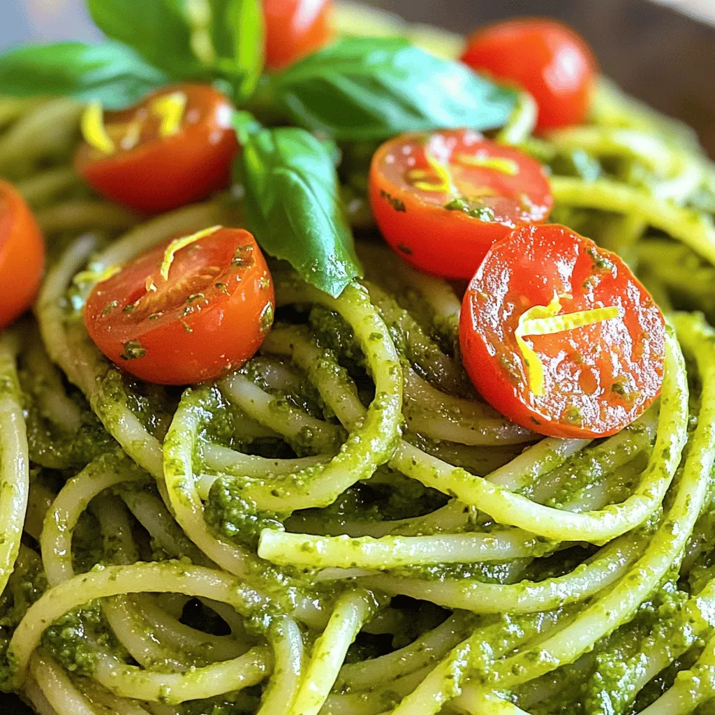The heart of my Lemon Basil Pesto Pasta is fresh basil. I use 2 cups of tightly packed leaves. Fresh basil gives a bright flavor that shines. Pine nuts are my choice for nuts. I toast 1/2 cup until golden. This step adds depth and warmth. If you don't have pine nuts, try walnuts or almonds. You will need just a few more items. Start with 2 cloves of peeled garlic for that bold taste. Zest and juice from 1 large lemon add freshness. I also use 1/2 cup of extra virgin olive oil for creaminess. Finally, 1/2 cup of freshly grated Parmesan cheese brings richness. Don't forget sea salt and freshly ground black pepper to taste. For the pasta, I like 12 oz of spaghetti or any pasta you love. Garnishes can elevate your dish. I often add 1 cup of halved cherry tomatoes for color. Extra fresh basil leaves bring a lovely touch too. For an even richer taste, drizzle some extra olive oil on top. You can also sprinkle more Parmesan cheese before serving. These little extras make each bite special. For the full recipe, follow the steps I've outlined above. To make the pesto, gather your fresh basil, toasted pine nuts, garlic, lemon zest, and lemon juice. Place these in a food processor. Pulse the mixture until it is coarsely chopped. This helps to release the flavors. Next, while the processor runs, add the olive oil slowly. Keep blending until the pesto is smooth and creamy. Finally, mix in the grated Parmesan cheese. Pulse again until it blends well. Season with sea salt and black pepper to taste. Set your pesto aside for now. Fill a large pot with water and add a good pinch of salt. Bring the water to a rolling boil. Once boiling, add your pasta. Cook the pasta based on the package instructions. You want it to be al dente, which means firm to the bite. Before draining, save about 1 cup of the starchy water. After that, drain the pasta and return it to the pot. Now it’s time to bring everything together. Pour the pesto over the warm pasta. Toss the pasta gently to coat it evenly with the pesto. If the mixture seems too thick, add some of the reserved pasta water. Do this a little at a time until you reach the creamy texture you want. To finish, transfer your pasta to serving plates. Garnish with halved cherry tomatoes and fresh basil leaves for a pop of color. Enjoy your Lemon Basil Pesto Pasta! For the full recipe, check out the step-by-step guide above. To get the best pesto, focus on blending. Start with fresh basil, toasted pine nuts, and garlic. Pulse them together until they are coarsely chopped. Next, slowly add olive oil while blending. This step makes the pesto creamy. If it's too thick, add a bit of the pasta water. This water helps thin it and adds flavor. Cooking pasta al dente means it has a slight bite. Use a large pot with plenty of salted water. Bring it to a rolling boil before adding the pasta. Check the cooking time on the package. Drain it once it's ready, but save some pasta water. This water is starchy and helps your sauce stick. Seasoning is key to a great dish. After making your pesto, taste it. Add sea salt and freshly ground black pepper to enhance the flavors. You can also add more lemon juice for brightness. When combining the pesto with pasta, use the reserved pasta water. This ties everything together, making it even tastier. For the complete Lemon Basil Pesto Pasta recipe, check out the [Full Recipe]. {{image_4}} You can swap some ingredients in Lemon Basil Pesto Pasta to fit your taste. If you don’t have pine nuts, try walnuts or almonds. They add a nice crunch. For those who can't have cheese, use a vegan option like nutritional yeast. If lemon is too tart, lime juice works well too. This keeps the fresh flavor but changes it slightly. Want to make your pasta heartier? Add protein! Grilled chicken or shrimp pairs great with the pesto. Simply cook them separately, then toss them with the pasta. For a vegetarian option, try chickpeas or tofu. They soak up the flavors nicely and add a good texture. Seasonal veggies can brighten your dish. In summer, cherry tomatoes and zucchini add freshness. In fall, roasted butternut squash brings warmth. You can stir these in at the end or serve them on top. This adds color and makes your meal more nutritious. For the full recipe, check out the [Full Recipe]. To store leftover pesto, place it in an airtight container. Make sure to cover the surface with a thin layer of olive oil. This helps keep the pesto fresh and bright. It will last in the fridge for about five days. If you see any browning, just stir it in before using. When reheating the pasta, use a skillet for the best results. Add a splash of water or olive oil to prevent sticking. Heat over low heat, stirring gently until warm. You can also microwave it. Use a microwave-safe dish, cover it with a damp paper towel, and heat in short bursts. Stir every 30 seconds to ensure even heating. Freezing pesto is simple and smart! You can freeze it in ice cube trays. This way, you can use just the right amount later. Once frozen, transfer the cubes to a freezer bag. It will last for about three months in the freezer. Thaw it in the fridge overnight before using. This keeps the flavor fresh and tasty for your next meal. For the full recipe, check out the details above. If you don't have pine nuts, you can use other nuts. Walnuts, almonds, or cashews work well. They all add a nice crunch and flavor. Seeds like sunflower or pumpkin are great too. Just toast them for extra taste. Homemade pesto can last about one week in the fridge. Store it in an airtight container. To keep it fresh, cover the top with a thin layer of olive oil. This helps prevent browning. Yes, you can easily make this pasta vegan. Just skip the Parmesan cheese or use a vegan cheese substitute. Nutritional yeast is a great choice for a cheesy flavor. You can also add more nuts for creaminess. Check out the Full Recipe for more ideas! This blog post covered how to make a tasty pesto pasta dish. We discussed the key ingredients like fresh basil and nuts, plus optional garnishes. I shared step-by-step instructions, from preparing the pesto to cooking the pasta. Tips on getting the right consistency and flavor were included too. In the end, it's easy to adapt this recipe to suit your taste. Enjoy exploring different variations and storage tips. Now, it’s your turn to create your perfect pesto pasta!