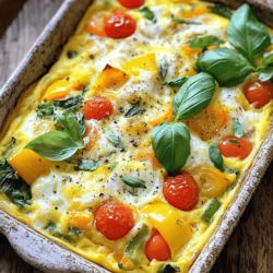 - 6 large eggs - 1 cup milk or dairy-free alternative - 1 cup mixed bell peppers, diced - 1 cup fresh spinach, chopped The main ingredients for your frittata are simple yet versatile. The eggs provide the base, while the milk adds creaminess. Mixed bell peppers and fresh spinach bring color and nutrition. You can use any bell pepper you like. Each one adds a unique taste. - 1/2 cup cherry tomatoes, halved - 1/2 cup onion, diced - 1 cup shredded cheese (cheddar or feta) - Fresh basil leaves for garnish If you want to make your frittata special, add optional ingredients. Cherry tomatoes give sweetness and a burst of flavor. Onions add a savory touch. Cheese melts beautifully and makes it rich. Fresh basil adds a lovely aroma and taste at the end. - Salt and pepper to taste - 1 teaspoon dried oregano - 2 tablespoons olive oil To boost the flavors, season your frittata well. Salt and pepper are must-haves. Oregano adds a hint of earthiness that pairs well with the veggies. Olive oil helps to cook your vegetables and makes the dish rich. For the full recipe, refer to the instructions in the article. - Preheat oven to 375°F (190°C). - Grease a 9x13 inch baking dish with olive oil to avoid sticking. - In a large bowl, whisk 6 eggs and 1 cup of milk until smooth. - Add salt, pepper, and 1 teaspoon of dried oregano to season the mixture. - Heat 2 tablespoons of olive oil in a skillet over medium heat. - Cook 1/2 cup diced onions and 1 cup diced mixed bell peppers until tender, about 4-5 minutes. - Stir in 1 cup of chopped spinach and wilt it for 2 more minutes. - Spread the sautéed vegetables evenly in the greased baking dish. - Pour the egg mixture over the vegetables. Add 1/2 cup halved cherry tomatoes and 1 cup of shredded cheese, folding them in gently. - Place the baking dish in the oven and bake for 25-30 minutes. - Check for doneness; the top should be golden and firm to the touch. - Let the frittata cool for a few minutes. - Cut it into squares and garnish with fresh basil leaves before serving. For the complete recipe, check out the Full Recipe. To achieve a fluffy frittata, start with fresh eggs. I recommend using large eggs for the best results. Whisk them well with milk until the mix is smooth. This step is key! It adds air to the eggs. More air equals more fluffiness. Don't rush this part; take your time to whisk well. For the best frittata, choose a 9x13 inch baking dish. Glass or ceramic works great. Make sure to grease it well with olive oil. This will help prevent sticking. If you skip greasing, your frittata might not come out clean. Herbs can really boost flavor. Try adding chives or parsley to your egg mix. They add a fresh taste that brightens up the dish. Cheese is also a game changer. Sharp cheddar brings a nice bite, while feta adds tang. Experiment with your favorites to find a combination you love! For the full recipe, check out the Baked Veggie Delight Frittata. {{image_4}} You can boost your frittata with tasty proteins. Adding cooked bacon or sausage gives a nice crunch. Just crumble or chop them before mixing in. For a vegetarian option, consider adding beans. Black beans or chickpeas add protein and fiber. They also make your dish heartier without meat. Frittatas are great for using fresh veggies. You can swap spinach for kale or zucchini. They add different flavors and textures. Always think about what is in season. Using seasonal produce makes your frittata fresher and tastier. You can try bell peppers in summer or butternut squash in fall. If you need a dairy-free or vegan frittata, I have options for you. You can use chickpea flour instead of eggs. Mix it with water to form a batter. This gives you a similar texture. For cheese lovers, non-dairy cheese can add flavor without dairy. There are many brands that melt well, so choose your favorite. For more tips and tricks, you can check the Full Recipe for guidance on making the perfect frittata. To keep your leftover frittata fresh, place it in an airtight container. Make sure it cools to room temperature before sealing. Store it in the fridge and use it within 3 to 4 days for the best taste. If you notice any off smells or changes in color, it's time to discard it. You can reheat frittata in the microwave or the oven. For microwave reheating, place a slice on a plate and cover it with a damp paper towel. Heat for about 30 seconds to 1 minute. If you prefer the oven, set it to 350°F (175°C). Place the frittata on a baking sheet and heat for 10 to 15 minutes. To avoid drying out, add a splash of water before heating. If you want to store frittata for longer, freezing is a great option. Cut the frittata into slices and wrap each piece tightly in plastic wrap. Place them in a freezer-safe bag or container. This way, it can stay fresh for up to 2 months. When you're ready to eat, thaw it in the fridge overnight. Reheat using the oven or microwave as mentioned above. Enjoy the full recipe to make this simple and healthy dish! Yes, you can make a frittata ahead of time. Make it a day before serving. Just store it in the fridge. Cover it tightly with plastic wrap or foil. When you are ready to eat, reheat it. You can use the microwave or oven for that. This saves time on busy mornings. A frittata is thicker than an omelet. You cook a frittata in the oven, while an omelet cooks on the stove. A frittata has more fillings mixed in. It is also cut into squares or wedges for serving. An omelet is usually folded over. Both are delicious, but they are made differently. Check for a few signs when your frittata is done. The center should be firm and not jiggly. The top will be lightly golden and set. You can also insert a toothpick in the center. If it comes out clean, your frittata is ready. Enjoy it warm for the best taste! For the full recipe, check out the [Full Recipe]. The oven-baked frittata is simple and full of flavor. You learned how to choose ingredients, mix them well, and bake the dish to perfection. Don't forget the best tips for texture and flavor. Make it your own with proteins or veggies you love. Store leftovers wisely for future meals. Enjoy this dish any time, and know it’s easy to prepare. A frittata makes a tasty meal for breakfast, lunch, or dinner. Try different flavors and share with your family or friends!
