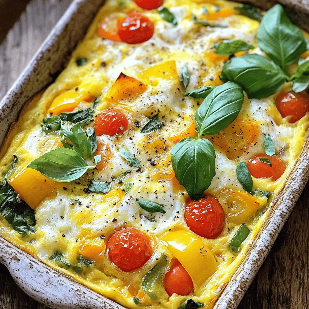 - 6 large eggs - 1 cup milk or dairy-free alternative - 1 cup mixed bell peppers, diced - 1 cup fresh spinach, chopped The main ingredients for your frittata are simple yet versatile. The eggs provide the base, while the milk adds creaminess. Mixed bell peppers and fresh spinach bring color and nutrition. You can use any bell pepper you like. Each one adds a unique taste. - 1/2 cup cherry tomatoes, halved - 1/2 cup onion, diced - 1 cup shredded cheese (cheddar or feta) - Fresh basil leaves for garnish If you want to make your frittata special, add optional ingredients. Cherry tomatoes give sweetness and a burst of flavor. Onions add a savory touch. Cheese melts beautifully and makes it rich. Fresh basil adds a lovely aroma and taste at the end. - Salt and pepper to taste - 1 teaspoon dried oregano - 2 tablespoons olive oil To boost the flavors, season your frittata well. Salt and pepper are must-haves. Oregano adds a hint of earthiness that pairs well with the veggies. Olive oil helps to cook your vegetables and makes the dish rich. For the full recipe, refer to the instructions in the article. - Preheat oven to 375°F (190°C). - Grease a 9x13 inch baking dish with olive oil to avoid sticking. - In a large bowl, whisk 6 eggs and 1 cup of milk until smooth. - Add salt, pepper, and 1 teaspoon of dried oregano to season the mixture. - Heat 2 tablespoons of olive oil in a skillet over medium heat. - Cook 1/2 cup diced onions and 1 cup diced mixed bell peppers until tender, about 4-5 minutes. - Stir in 1 cup of chopped spinach and wilt it for 2 more minutes. - Spread the sautéed vegetables evenly in the greased baking dish. - Pour the egg mixture over the vegetables. Add 1/2 cup halved cherry tomatoes and 1 cup of shredded cheese, folding them in gently. - Place the baking dish in the oven and bake for 25-30 minutes. - Check for doneness; the top should be golden and firm to the touch. - Let the frittata cool for a few minutes. - Cut it into squares and garnish with fresh basil leaves before serving. For the complete recipe, check out the Full Recipe. To achieve a fluffy frittata, start with fresh eggs. I recommend using large eggs for the best results. Whisk them well with milk until the mix is smooth. This step is key! It adds air to the eggs. More air equals more fluffiness. Don't rush this part; take your time to whisk well. For the best frittata, choose a 9x13 inch baking dish. Glass or ceramic works great. Make sure to grease it well with olive oil. This will help prevent sticking. If you skip greasing, your frittata might not come out clean. Herbs can really boost flavor. Try adding chives or parsley to your egg mix. They add a fresh taste that brightens up the dish. Cheese is also a game changer. Sharp cheddar brings a nice bite, while feta adds tang. Experiment with your favorites to find a combination you love! For the full recipe, check out the Baked Veggie Delight Frittata. {{image_4}} You can boost your frittata with tasty proteins. Adding cooked bacon or sausage gives a nice crunch. Just crumble or chop them before mixing in. For a vegetarian option, consider adding beans. Black beans or chickpeas add protein and fiber. They also make your dish heartier without meat. Frittatas are great for using fresh veggies. You can swap spinach for kale or zucchini. They add different flavors and textures. Always think about what is in season. Using seasonal produce makes your frittata fresher and tastier. You can try bell peppers in summer or butternut squash in fall. If you need a dairy-free or vegan frittata, I have options for you. You can use chickpea flour instead of eggs. Mix it with water to form a batter. This gives you a similar texture. For cheese lovers, non-dairy cheese can add flavor without dairy. There are many brands that melt well, so choose your favorite. For more tips and tricks, you can check the Full Recipe for guidance on making the perfect frittata. To keep your leftover frittata fresh, place it in an airtight container. Make sure it cools to room temperature before sealing. Store it in the fridge and use it within 3 to 4 days for the best taste. If you notice any off smells or changes in color, it's time to discard it. You can reheat frittata in the microwave or the oven. For microwave reheating, place a slice on a plate and cover it with a damp paper towel. Heat for about 30 seconds to 1 minute. If you prefer the oven, set it to 350°F (175°C). Place the frittata on a baking sheet and heat for 10 to 15 minutes. To avoid drying out, add a splash of water before heating. If you want to store frittata for longer, freezing is a great option. Cut the frittata into slices and wrap each piece tightly in plastic wrap. Place them in a freezer-safe bag or container. This way, it can stay fresh for up to 2 months. When you're ready to eat, thaw it in the fridge overnight. Reheat using the oven or microwave as mentioned above. Enjoy the full recipe to make this simple and healthy dish! Yes, you can make a frittata ahead of time. Make it a day before serving. Just store it in the fridge. Cover it tightly with plastic wrap or foil. When you are ready to eat, reheat it. You can use the microwave or oven for that. This saves time on busy mornings. A frittata is thicker than an omelet. You cook a frittata in the oven, while an omelet cooks on the stove. A frittata has more fillings mixed in. It is also cut into squares or wedges for serving. An omelet is usually folded over. Both are delicious, but they are made differently. Check for a few signs when your frittata is done. The center should be firm and not jiggly. The top will be lightly golden and set. You can also insert a toothpick in the center. If it comes out clean, your frittata is ready. Enjoy it warm for the best taste! For the full recipe, check out the [Full Recipe]. The oven-baked frittata is simple and full of flavor. You learned how to choose ingredients, mix them well, and bake the dish to perfection. Don't forget the best tips for texture and flavor. Make it your own with proteins or veggies you love. Store leftovers wisely for future meals. Enjoy this dish any time, and know it’s easy to prepare. A frittata makes a tasty meal for breakfast, lunch, or dinner. Try different flavors and share with your family or friends!