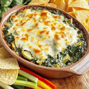 To make this easy spinach artichoke dip, gather these key ingredients: - 1 cup fresh spinach, finely chopped - 1 cup canned artichoke hearts, thoroughly drained and chopped - 1 cup cream cheese, softened to room temperature - 1/2 cup sour cream - 1/2 cup mayonnaise - 1 cup shredded mozzarella cheese, plus extra for topping - 1/4 cup grated Parmesan cheese - 1 teaspoon garlic powder - 1/2 teaspoon onion powder - Salt and freshly ground black pepper, to taste - Tortilla chips or an assortment of sliced vegetables (carrots, cucumbers, bell peppers) for serving These ingredients create a creamy base with rich flavors that everyone loves. The spinach and artichokes bring a nice texture, while the cheeses make it gooey and delightful. You can add more flavors to your dip. Here are some optional add-ins: - Chopped green onions for a fresh bite - A pinch of red pepper flakes for heat - Cooked bacon bits for a smoky flavor - A splash of lemon juice for brightness These options allow you to customize the dip to match your taste. Play around with these add-ins to find your favorite mix. If you need to change any ingredients, here are some substitutions: - Greek yogurt can replace sour cream for a tangy twist. - Cottage cheese can work in place of cream cheese for lower fat. - Nutritional yeast can replace Parmesan cheese for a vegan option. Using these substitutes can help you meet dietary needs without losing flavor. This dip is versatile and easy to adapt, so don't hesitate to try different options. For the full recipe, check out the link above. To make this dip, first preheat your oven to 350°F (175°C). This step ensures even cooking. Next, grab a large mixing bowl. In this bowl, mix one cup of softened cream cheese, half a cup of sour cream, and half a cup of mayonnaise. Use a hand mixer or whisk to blend until smooth. There should be no lumps left. Once the base is creamy, add one cup of finely chopped spinach and one cup of drained, chopped artichoke hearts. Stir gently to mix the veggies into the creamy base. After mixing, it is time to add flavor. Add one cup of shredded mozzarella cheese, a quarter cup of grated Parmesan cheese, one teaspoon of garlic powder, and half a teaspoon of onion powder. Season with salt and freshly ground black pepper to taste. Stir well to combine everything. Then, spoon the mixture into a medium-sized baking dish, spreading it evenly. For a cheesy finish, sprinkle a bit more mozzarella on top. Place the dish in your preheated oven and bake for about 20-25 minutes. You will know it’s ready when the dip is hot, bubbly, and slightly golden on top. To get the best texture, mix your ingredients well, ensuring no clumps remain. The cheese should melt evenly, and the vegetables should blend in. If the dip is too thick, you can add a splash of milk to loosen it up. Let it cool for a few minutes after baking. This cooling time helps the dip thicken slightly more, making it easier to scoop with chips or veggies. Enjoy your creamy spinach artichoke delight with your favorite dippers! For the full recipe, check the earlier section. You can prepare this dip a day ahead. Mix all the ingredients as directed. Transfer the mixture to your baking dish. Cover it with plastic wrap and store it in the fridge. When you’re ready, just bake it straight from the fridge. This saves you time and stress during your gathering. Serve the dip warm for the best taste. Pair it with crispy tortilla chips, pita bread, or fresh veggie sticks. Adding a sprinkle of extra Parmesan or fresh herbs on top makes it look fancy. You can also place it in a bread bowl for a fun twist. If your dip is too thick, add a splash of milk or cream. This helps make it creamier and smoother. If it tastes bland, a pinch of salt or extra garlic powder can boost the flavor. Always taste your dip before serving. Adjust the seasoning to your liking for the best taste. {{image_4}} You can switch up the cheese in your dip for fun. Use a mix of cheeses like cheddar or gouda for a richer taste. Cream cheese is great, but adding a bit of feta gives a nice tang. Try mozzarella for a gooey texture. Each cheese brings its own flavor to the dish. Want some heat? Add chopped jalapeños or red pepper flakes to your dip. This gives it a kick that pairs well with the creamy base. If you love spice, consider using pepper jack cheese instead of mozzarella. It adds flavor and heat that will please those who enjoy bold tastes. For a vegan version, swap cream cheese and sour cream for cashew cream or tofu. Use nutritional yeast to get that cheesy flavor. You can also add a splash of lemon juice for freshness. This version keeps the dip rich and creamy without any dairy. It's a great option for plant-based eaters. Whether you stick to the classic or try a twist, each variation is simple to make. Check out the Full Recipe for more details on preparing this dip. To keep your dip fresh, store it in an airtight container. Let it cool to room temperature first. This helps avoid moisture build-up inside. Once cooled, seal it tightly. Place the container in the fridge. It can last up to three days. If you notice any change in smell or texture, it's best to toss it. When you're ready to enjoy your leftover dip, reheat it gently. Preheat your oven to 350°F (175°C). Transfer the dip to an oven-safe dish. Cover it with foil to keep it moist. Heat for about 15 to 20 minutes. If you want a crispy top, remove the foil for the last five minutes. You can also reheat it in the microwave for about 1-2 minutes. Stir it halfway through for even warming. If you want to save some dip for later, freezing is a great option. Use a freezer-safe, airtight container. Scoop the dip into the container, leaving some space at the top for expansion. Seal it well to avoid freezer burn. You can freeze it for up to three months. When you're ready to enjoy it, thaw it in the fridge overnight. Reheat it as described above for the best taste. Yes, you can make this dip without mayonnaise. Use more sour cream or Greek yogurt instead. This swap keeps the dip creamy and tasty. You can also add an extra ounce of cream cheese for richness. You can serve spinach artichoke dip with many things! Here are some great options: - Tortilla chips - Pita bread - Fresh vegetable sticks (like carrots, cucumbers, and bell peppers) - Toasted baguette slices - Crackers These choices add crunch and flavor. They also help you scoop up that creamy dip! Spinach artichoke dip lasts about 3 to 4 days in the fridge. Store it in an airtight container to keep it fresh. Just remember to reheat it before serving. It tastes best warm and gooey! For the full recipe, check out the details above. Here are some cooking tips for beginners: - Always preheat your oven to ensure even cooking. - Mix your cream cheese, sour cream, and mayonnaise until smooth. This makes a great base. - Chop your spinach and artichokes finely. This helps the dip blend well. - Taste as you go! Adjust salt and pepper for the best flavor. Enjoy making your spinach artichoke dip! It's easy and fun. You now have all you need to make a great spinach artichoke dip. We covered the key ingredients, step-by-step instructions, and useful tips. You learned about optional add-ins and variations to try. Plus, storage info helps keep your dip fresh. Spinach artichoke dip is easy to make and share. Feel free to customize this dish to suit your taste. Enjoy every bite and impress your friends with your cooking skills!