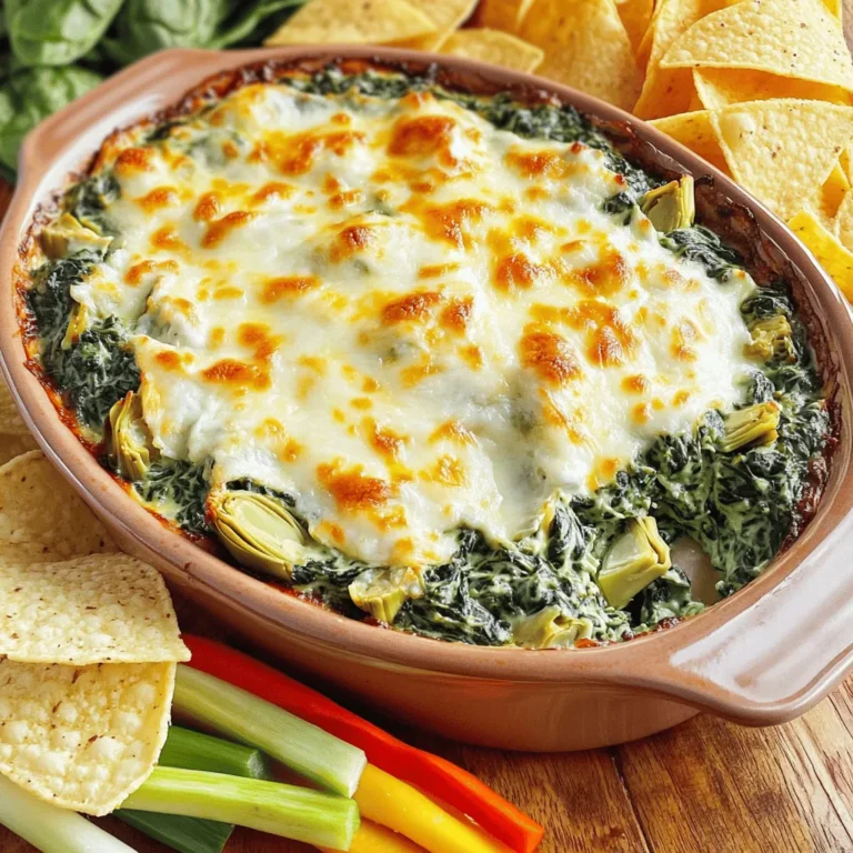 To make this easy spinach artichoke dip, gather these key ingredients: - 1 cup fresh spinach, finely chopped - 1 cup canned artichoke hearts, thoroughly drained and chopped - 1 cup cream cheese, softened to room temperature - 1/2 cup sour cream - 1/2 cup mayonnaise - 1 cup shredded mozzarella cheese, plus extra for topping - 1/4 cup grated Parmesan cheese - 1 teaspoon garlic powder - 1/2 teaspoon onion powder - Salt and freshly ground black pepper, to taste - Tortilla chips or an assortment of sliced vegetables (carrots, cucumbers, bell peppers) for serving These ingredients create a creamy base with rich flavors that everyone loves. The spinach and artichokes bring a nice texture, while the cheeses make it gooey and delightful. You can add more flavors to your dip. Here are some optional add-ins: - Chopped green onions for a fresh bite - A pinch of red pepper flakes for heat - Cooked bacon bits for a smoky flavor - A splash of lemon juice for brightness These options allow you to customize the dip to match your taste. Play around with these add-ins to find your favorite mix. If you need to change any ingredients, here are some substitutions: - Greek yogurt can replace sour cream for a tangy twist. - Cottage cheese can work in place of cream cheese for lower fat. - Nutritional yeast can replace Parmesan cheese for a vegan option. Using these substitutes can help you meet dietary needs without losing flavor. This dip is versatile and easy to adapt, so don't hesitate to try different options. For the full recipe, check out the link above. To make this dip, first preheat your oven to 350°F (175°C). This step ensures even cooking. Next, grab a large mixing bowl. In this bowl, mix one cup of softened cream cheese, half a cup of sour cream, and half a cup of mayonnaise. Use a hand mixer or whisk to blend until smooth. There should be no lumps left. Once the base is creamy, add one cup of finely chopped spinach and one cup of drained, chopped artichoke hearts. Stir gently to mix the veggies into the creamy base. After mixing, it is time to add flavor. Add one cup of shredded mozzarella cheese, a quarter cup of grated Parmesan cheese, one teaspoon of garlic powder, and half a teaspoon of onion powder. Season with salt and freshly ground black pepper to taste. Stir well to combine everything. Then, spoon the mixture into a medium-sized baking dish, spreading it evenly. For a cheesy finish, sprinkle a bit more mozzarella on top. Place the dish in your preheated oven and bake for about 20-25 minutes. You will know it’s ready when the dip is hot, bubbly, and slightly golden on top. To get the best texture, mix your ingredients well, ensuring no clumps remain. The cheese should melt evenly, and the vegetables should blend in. If the dip is too thick, you can add a splash of milk to loosen it up. Let it cool for a few minutes after baking. This cooling time helps the dip thicken slightly more, making it easier to scoop with chips or veggies. Enjoy your creamy spinach artichoke delight with your favorite dippers! For the full recipe, check the earlier section. You can prepare this dip a day ahead. Mix all the ingredients as directed. Transfer the mixture to your baking dish. Cover it with plastic wrap and store it in the fridge. When you’re ready, just bake it straight from the fridge. This saves you time and stress during your gathering. Serve the dip warm for the best taste. Pair it with crispy tortilla chips, pita bread, or fresh veggie sticks. Adding a sprinkle of extra Parmesan or fresh herbs on top makes it look fancy. You can also place it in a bread bowl for a fun twist. If your dip is too thick, add a splash of milk or cream. This helps make it creamier and smoother. If it tastes bland, a pinch of salt or extra garlic powder can boost the flavor. Always taste your dip before serving. Adjust the seasoning to your liking for the best taste. {{image_4}} You can switch up the cheese in your dip for fun. Use a mix of cheeses like cheddar or gouda for a richer taste. Cream cheese is great, but adding a bit of feta gives a nice tang. Try mozzarella for a gooey texture. Each cheese brings its own flavor to the dish. Want some heat? Add chopped jalapeños or red pepper flakes to your dip. This gives it a kick that pairs well with the creamy base. If you love spice, consider using pepper jack cheese instead of mozzarella. It adds flavor and heat that will please those who enjoy bold tastes. For a vegan version, swap cream cheese and sour cream for cashew cream or tofu. Use nutritional yeast to get that cheesy flavor. You can also add a splash of lemon juice for freshness. This version keeps the dip rich and creamy without any dairy. It's a great option for plant-based eaters. Whether you stick to the classic or try a twist, each variation is simple to make. Check out the Full Recipe for more details on preparing this dip. To keep your dip fresh, store it in an airtight container. Let it cool to room temperature first. This helps avoid moisture build-up inside. Once cooled, seal it tightly. Place the container in the fridge. It can last up to three days. If you notice any change in smell or texture, it's best to toss it. When you're ready to enjoy your leftover dip, reheat it gently. Preheat your oven to 350°F (175°C). Transfer the dip to an oven-safe dish. Cover it with foil to keep it moist. Heat for about 15 to 20 minutes. If you want a crispy top, remove the foil for the last five minutes. You can also reheat it in the microwave for about 1-2 minutes. Stir it halfway through for even warming. If you want to save some dip for later, freezing is a great option. Use a freezer-safe, airtight container. Scoop the dip into the container, leaving some space at the top for expansion. Seal it well to avoid freezer burn. You can freeze it for up to three months. When you're ready to enjoy it, thaw it in the fridge overnight. Reheat it as described above for the best taste. Yes, you can make this dip without mayonnaise. Use more sour cream or Greek yogurt instead. This swap keeps the dip creamy and tasty. You can also add an extra ounce of cream cheese for richness. You can serve spinach artichoke dip with many things! Here are some great options: - Tortilla chips - Pita bread - Fresh vegetable sticks (like carrots, cucumbers, and bell peppers) - Toasted baguette slices - Crackers These choices add crunch and flavor. They also help you scoop up that creamy dip! Spinach artichoke dip lasts about 3 to 4 days in the fridge. Store it in an airtight container to keep it fresh. Just remember to reheat it before serving. It tastes best warm and gooey! For the full recipe, check out the details above. Here are some cooking tips for beginners: - Always preheat your oven to ensure even cooking. - Mix your cream cheese, sour cream, and mayonnaise until smooth. This makes a great base. - Chop your spinach and artichokes finely. This helps the dip blend well. - Taste as you go! Adjust salt and pepper for the best flavor. Enjoy making your spinach artichoke dip! It's easy and fun. You now have all you need to make a great spinach artichoke dip. We covered the key ingredients, step-by-step instructions, and useful tips. You learned about optional add-ins and variations to try. Plus, storage info helps keep your dip fresh. Spinach artichoke dip is easy to make and share. Feel free to customize this dish to suit your taste. Enjoy every bite and impress your friends with your cooking skills!
