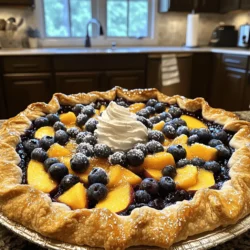 - 1 cup fresh peaches, thinly sliced - 1 cup fresh blueberries Fresh peaches add a sweet, juicy burst to the galette. I love their soft texture and bright flavor. Blueberries bring a nice tartness, which balances the sweetness of the peaches. Together, they create a wonderful mix that is both colorful and tasty. - 1 pre-made pie crust (store-bought or homemade) - 2 tablespoons granulated sugar - 1 tablespoon cornstarch A pre-made pie crust saves time and makes this recipe simple. You can use your favorite store brand or make your own if you prefer. The sugar helps sweeten the fruit, while cornstarch thickens the juices. This way, the filling stays nice and holds together when you slice it. - 1 teaspoon vanilla extract - 1 tablespoon freshly squeezed lemon juice - Pinch of sea salt for sprinkling Vanilla extract adds a warm, sweet note to the fruit. Lemon juice brightens the flavors and adds a bit of zing. A pinch of sea salt brings out the sweetness, making the fruit pop. These simple flavors work together to create a great taste. - 1 egg - 1 tablespoon milk The egg and milk mixture creates a glossy finish on the crust. This wash makes the galette look golden and inviting. It’s an easy way to give your dessert a professional touch. You can brush it on before baking for a beautiful finish. For the complete recipe, check out the [Full Recipe]. First, preheat your oven to 400°F (200°C). This step is key for a great bake. Next, take a medium bowl and mix the sliced peaches and blueberries. Add the sugar, cornstarch, vanilla extract, and lemon juice. Gently toss everything together. Let it sit for 15 minutes. This helps the flavors blend. Now it’s time to roll out the pie crust. On a floured surface, roll it to about 12 inches wide. Be gentle and even. Once it's ready, transfer the crust to a baking sheet lined with parchment paper. Make sure it's centered so it bakes evenly. Spoon the fruit mixture into the center of your crust. Leave a 2-inch border all around. This is where you will fold the crust over the fruit later. Start folding the edges over the filling. Create nice folds that overlap. This not only looks good but also keeps the filling inside. Now, let’s get it in the oven! Bake the galette for 25 to 30 minutes. Watch for the crust to turn golden brown. You’ll see the fruit bubbling, which means it’s ready. Once it’s done, take it out and let it cool for a bit. This helps the juices set. Now you're ready to slice and enjoy this Peach Blueberry Galette! Check out the Full Recipe for more details. To make your galette shine, adjust the sweetness to suit your taste. Start with the sugar amount in the recipe. If you prefer it sweeter, add a bit more sugar. If you like it tart, cut back. Marinating the fruit is another secret. After mixing the peaches and blueberries with sugar, cornstarch, vanilla, and lemon juice, let it sit for 15 minutes. This allows the flavors to blend well. You will notice a juicy, flavorful filling when you bake it. A soggy bottom can ruin your galette. To avoid this, sprinkle some cornstarch on the pie crust before adding the fruit filling. This will help absorb excess juice and keep your crust crisp. For a flaky crust, handle it gently. When rolling out the dough, don’t press too hard. Make sure to use cold ingredients, like butter, for a better texture. It creates little pockets of air that help the crust puff up as it bakes. Toppings can elevate your galette. I recommend serving it warm with a dollop of whipped cream or a scoop of vanilla ice cream. The cold cream pairs well with the warm fruit. For a lovely presentation, slice the galette into wedges. You can sprinkle fresh mint leaves on top for added color and freshness. This small touch makes your dessert look even more inviting. For the complete recipe, check out the [Full Recipe]. {{image_4}} You can change up the fruits in your galette. Adding strawberries or raspberries gives a new twist. These berries add sweetness and a bit of tartness. You can also mix in spices like cinnamon or nutmeg. Just a sprinkle can warm up the flavors. It makes your galette even more inviting and cozy. If you need a gluten-free option, you can use a gluten-free pie crust. Many brands make tasty alternatives. For vegan bakers, swap the egg wash for a plant-based milk wash. This keeps your galette golden and yummy. You can also adjust the sugar. Use honey or maple syrup instead of sugar for a healthier choice. Seasonal fruits can change your galette's vibe. In fall, try using apples and cranberries. This combo gives a nice, tart flavor that is perfect for chilly days. In summer, use other berries like blackberries or cherries. They add a burst of freshness and color to your dessert. Each season brings new flavors to explore! For more details on making this delightful dessert, check out the Full Recipe. Before you store your galette, let it cool for about 30 minutes. This cooling time helps set the filling and keeps the crust crispy. Once cool, wrap it tightly with plastic wrap or aluminum foil. You can also place it in an airtight container. This will keep your galette fresh and tasty for days. If you want to save some for later, you can freeze your galette. Start by letting it cool completely. Then, wrap it in plastic wrap, followed by aluminum foil to protect it from freezer burn. When you want to eat it, simply thaw it in the fridge overnight. To reheat, bake it in a 350°F (180°C) oven for about 15 to 20 minutes. This will help restore the crispiness. Your peach blueberry galette will stay fresh in the fridge for about 3 to 4 days. Keep an eye out for any signs of spoilage. If you see mold or if it smells off, it's best to toss it. Enjoying this dessert at its best ensures you get all the wonderful flavors. To make a galette from scratch, you need a simple crust. Start with flour, butter, and water. Mix them until they form a dough. Chill the dough for 30 minutes. This makes it easier to roll out. Use a rolling pin to flatten the dough into a round shape. You want it thin but strong enough to hold the filling. This technique creates that lovely rustic look. Yes, you can use frozen fruit. Frozen fruit is convenient and lasts longer. It is often picked at peak ripeness. However, it can release more juice when thawed. This may make the filling a bit runnier. If you use frozen fruit, let it thaw. Drain any excess juice before mixing with sugar and cornstarch. Fresh fruit offers brighter flavors and firmer texture. Both have their pros and cons. A galette is simpler than a pie. It has no pie dish and is freeform. You roll out the dough and fold the edges over fruit. This method creates a more rustic look. A pie is baked in a dish and usually has a top crust. Galettes are quicker to make and easier to handle. Both are delicious, but the galette is more relaxed. Serve a galette warm or at room temperature. Slice it into wedges for easy sharing. Top each slice with whipped cream or a scoop of ice cream. This adds creaminess and sweetness. A sprinkle of fresh mint can add color and freshness. You can also serve it with a side of custard for a special treat. Enjoy the beauty and taste of this simple dessert. For a detailed guide, check the Full Recipe. In this blog post, I shared how to make a delicious fruit galette. We explored fresh ingredients, baking essentials, and ways to enhance flavor. I provided step-by-step instructions, helpful tips, and various options for customization. Remember, baking is about joy and creativity. Don’t be afraid to experiment with different fruits or dietary needs. Enjoy your galette warm with whipped cream or ice cream. With practice, you’ll perfect your recipe and impress your family and friends. Happy baking!