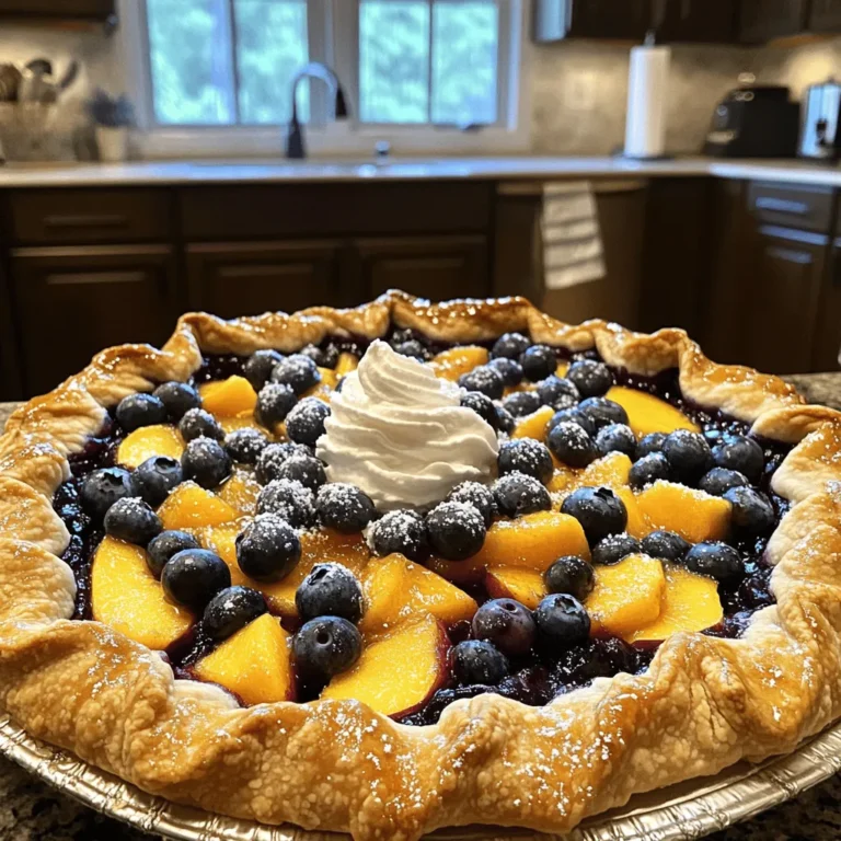 - 1 cup fresh peaches, thinly sliced - 1 cup fresh blueberries Fresh peaches add a sweet, juicy burst to the galette. I love their soft texture and bright flavor. Blueberries bring a nice tartness, which balances the sweetness of the peaches. Together, they create a wonderful mix that is both colorful and tasty. - 1 pre-made pie crust (store-bought or homemade) - 2 tablespoons granulated sugar - 1 tablespoon cornstarch A pre-made pie crust saves time and makes this recipe simple. You can use your favorite store brand or make your own if you prefer. The sugar helps sweeten the fruit, while cornstarch thickens the juices. This way, the filling stays nice and holds together when you slice it. - 1 teaspoon vanilla extract - 1 tablespoon freshly squeezed lemon juice - Pinch of sea salt for sprinkling Vanilla extract adds a warm, sweet note to the fruit. Lemon juice brightens the flavors and adds a bit of zing. A pinch of sea salt brings out the sweetness, making the fruit pop. These simple flavors work together to create a great taste. - 1 egg - 1 tablespoon milk The egg and milk mixture creates a glossy finish on the crust. This wash makes the galette look golden and inviting. It’s an easy way to give your dessert a professional touch. You can brush it on before baking for a beautiful finish. For the complete recipe, check out the [Full Recipe]. First, preheat your oven to 400°F (200°C). This step is key for a great bake. Next, take a medium bowl and mix the sliced peaches and blueberries. Add the sugar, cornstarch, vanilla extract, and lemon juice. Gently toss everything together. Let it sit for 15 minutes. This helps the flavors blend. Now it’s time to roll out the pie crust. On a floured surface, roll it to about 12 inches wide. Be gentle and even. Once it's ready, transfer the crust to a baking sheet lined with parchment paper. Make sure it's centered so it bakes evenly. Spoon the fruit mixture into the center of your crust. Leave a 2-inch border all around. This is where you will fold the crust over the fruit later. Start folding the edges over the filling. Create nice folds that overlap. This not only looks good but also keeps the filling inside. Now, let’s get it in the oven! Bake the galette for 25 to 30 minutes. Watch for the crust to turn golden brown. You’ll see the fruit bubbling, which means it’s ready. Once it’s done, take it out and let it cool for a bit. This helps the juices set. Now you're ready to slice and enjoy this Peach Blueberry Galette! Check out the Full Recipe for more details. To make your galette shine, adjust the sweetness to suit your taste. Start with the sugar amount in the recipe. If you prefer it sweeter, add a bit more sugar. If you like it tart, cut back. Marinating the fruit is another secret. After mixing the peaches and blueberries with sugar, cornstarch, vanilla, and lemon juice, let it sit for 15 minutes. This allows the flavors to blend well. You will notice a juicy, flavorful filling when you bake it. A soggy bottom can ruin your galette. To avoid this, sprinkle some cornstarch on the pie crust before adding the fruit filling. This will help absorb excess juice and keep your crust crisp. For a flaky crust, handle it gently. When rolling out the dough, don’t press too hard. Make sure to use cold ingredients, like butter, for a better texture. It creates little pockets of air that help the crust puff up as it bakes. Toppings can elevate your galette. I recommend serving it warm with a dollop of whipped cream or a scoop of vanilla ice cream. The cold cream pairs well with the warm fruit. For a lovely presentation, slice the galette into wedges. You can sprinkle fresh mint leaves on top for added color and freshness. This small touch makes your dessert look even more inviting. For the complete recipe, check out the [Full Recipe]. {{image_4}} You can change up the fruits in your galette. Adding strawberries or raspberries gives a new twist. These berries add sweetness and a bit of tartness. You can also mix in spices like cinnamon or nutmeg. Just a sprinkle can warm up the flavors. It makes your galette even more inviting and cozy. If you need a gluten-free option, you can use a gluten-free pie crust. Many brands make tasty alternatives. For vegan bakers, swap the egg wash for a plant-based milk wash. This keeps your galette golden and yummy. You can also adjust the sugar. Use honey or maple syrup instead of sugar for a healthier choice. Seasonal fruits can change your galette's vibe. In fall, try using apples and cranberries. This combo gives a nice, tart flavor that is perfect for chilly days. In summer, use other berries like blackberries or cherries. They add a burst of freshness and color to your dessert. Each season brings new flavors to explore! For more details on making this delightful dessert, check out the Full Recipe. Before you store your galette, let it cool for about 30 minutes. This cooling time helps set the filling and keeps the crust crispy. Once cool, wrap it tightly with plastic wrap or aluminum foil. You can also place it in an airtight container. This will keep your galette fresh and tasty for days. If you want to save some for later, you can freeze your galette. Start by letting it cool completely. Then, wrap it in plastic wrap, followed by aluminum foil to protect it from freezer burn. When you want to eat it, simply thaw it in the fridge overnight. To reheat, bake it in a 350°F (180°C) oven for about 15 to 20 minutes. This will help restore the crispiness. Your peach blueberry galette will stay fresh in the fridge for about 3 to 4 days. Keep an eye out for any signs of spoilage. If you see mold or if it smells off, it's best to toss it. Enjoying this dessert at its best ensures you get all the wonderful flavors. To make a galette from scratch, you need a simple crust. Start with flour, butter, and water. Mix them until they form a dough. Chill the dough for 30 minutes. This makes it easier to roll out. Use a rolling pin to flatten the dough into a round shape. You want it thin but strong enough to hold the filling. This technique creates that lovely rustic look. Yes, you can use frozen fruit. Frozen fruit is convenient and lasts longer. It is often picked at peak ripeness. However, it can release more juice when thawed. This may make the filling a bit runnier. If you use frozen fruit, let it thaw. Drain any excess juice before mixing with sugar and cornstarch. Fresh fruit offers brighter flavors and firmer texture. Both have their pros and cons. A galette is simpler than a pie. It has no pie dish and is freeform. You roll out the dough and fold the edges over fruit. This method creates a more rustic look. A pie is baked in a dish and usually has a top crust. Galettes are quicker to make and easier to handle. Both are delicious, but the galette is more relaxed. Serve a galette warm or at room temperature. Slice it into wedges for easy sharing. Top each slice with whipped cream or a scoop of ice cream. This adds creaminess and sweetness. A sprinkle of fresh mint can add color and freshness. You can also serve it with a side of custard for a special treat. Enjoy the beauty and taste of this simple dessert. For a detailed guide, check the Full Recipe. In this blog post, I shared how to make a delicious fruit galette. We explored fresh ingredients, baking essentials, and ways to enhance flavor. I provided step-by-step instructions, helpful tips, and various options for customization. Remember, baking is about joy and creativity. Don’t be afraid to experiment with different fruits or dietary needs. Enjoy your galette warm with whipped cream or ice cream. With practice, you’ll perfect your recipe and impress your family and friends. Happy baking!