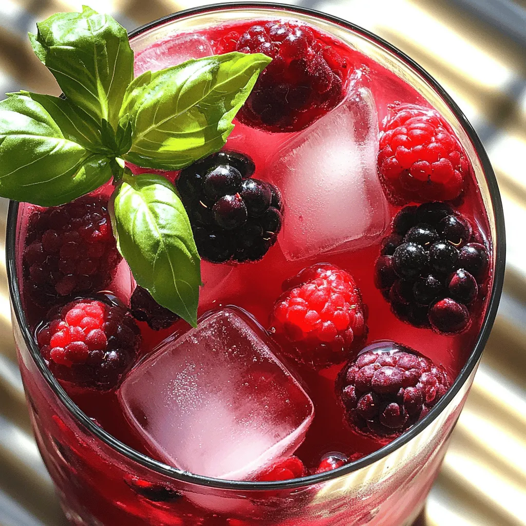 - 1 cup mixed berries (strawberries, blueberries, raspberries) - 1/2 cup fresh basil leaves, tightly packed - 1 cup freshly squeezed lemon juice (from about 4 to 6 medium lemons) - 1/2 cup honey or agave syrup - 4 cups water (still or sparkling) - Ice cubes - Extra berries and fresh basil for garnish Using fresh ingredients makes your Berry Basil Lemonade taste amazing. You need mixed berries for a sweet and tangy kick. Strawberries, blueberries, and raspberries work well together. The fresh basil adds a unique flavor that brightens up the drink. When you squeeze the lemons, aim for about one cup of juice. This gives your drink the right amount of zing. For sweetness, honey or agave syrup gets the job done. You can adjust the sweetness to match your taste. Water helps blend everything together. You can choose still or sparkling water, depending on how fizzy you want your drink to be. Don't forget about ice cubes! They keep your lemonade cool and refreshing. When you serve, add extra berries and basil leaves to make it look pretty. This simple, fresh ingredient list will help you create a drink that everyone loves. For the complete recipe, check out the Full Recipe. 1. Start by placing 1 cup of mixed berries into a blender. Add 1/2 cup of water. 2. Blend until the mixture is smooth. This creates a vibrant berry puree. 3. Next, pour the blended berry mixture through a fine mesh sieve into a bowl. 4. Use a spatula or spoon to press down on the mix. This helps extract juice while discarding pulp and seeds. 1. In a large pitcher, take 1/2 cup of fresh basil leaves. 2. Gently muddle the basil leaves with 1/2 cup of honey or agave syrup. 3. Use the back of a wooden spoon for this step. This releases the fragrant oils, adding depth to your drink. 1. Pour the freshly squeezed juice from about 4 to 6 medium lemons into the pitcher. 2. Add the strained berry juice to the mix. 3. Now, add the remaining 3.5 cups of water. Stir everything together well. 4. Taste your lemonade. Adjust sweetness with more honey or agave if you wish. 5. Chill the lemonade in the fridge for at least 30 minutes. This makes the flavors blend nicely. 6. When ready to serve, fill glasses with ice cubes. Pour the refreshing lemonade over the ice. 7. Garnish each glass with extra berries and a sprig of basil for a delightful touch. Follow these steps for a delicious Berry Basil Lemonade! For further details, check the Full Recipe. - Always use fresh ingredients for the best flavor. Fresh berries, basil, and lemons give your drink a vibrant taste. - Chill the lemonade adequately before serving. This step enhances its refreshing quality, especially on hot days. - Serve in clear glasses for visual appeal. This way, everyone can see the lovely colors of the berries and basil. - Use ice cubes and garnishes to enhance the presentation. Ice keeps the drink cold, while extra berries and basil make it look fancy. - Berries have antioxidant properties. They help fight free radicals in your body, which is great for health. - Basil and lemon offer nutritional benefits too. Basil aids digestion, and lemon is high in vitamin C, boosting your immune system. This Berry Basil Lemonade is not just tasty; it's also a smart choice for your health. For the complete details, check the Full Recipe. {{image_4}} You can make Berry Basil Lemonade even more exciting by changing the fruits and herbs. Here are some fun ideas: - Add different fruits: Try adding mango or peach for a tropical vibe. These fruits mix well with berries and give a new taste. - Experiment with herbs: Swap basil for mint or rosemary. Each herb brings a unique flavor that makes your drink special. If you want to cut sugar, there are great options. Instead of honey, use stevia or agave nectar. Both are sweet but have fewer calories. You can adjust the amount to fit your taste. This way, you can enjoy your drink without worrying about sugar. Berry Basil Lemonade can easily turn into a fun cocktail. Here are some ideas: - Add vodka: Mix in a shot of vodka for a refreshing drink. It pairs well with the berry and basil flavors. - Try gin: Gin adds an herbal note that works great with basil. Just a splash will enhance your drink. - Make a spritzer: Add sparkling wine for a bubbly treat. This twist is perfect for summer parties. For the full recipe, check out the Berry Basil Lemonade section above. These variations let you create your perfect summer drink! To keep your Berry Basil Lemonade fresh, store it in an airtight container. Place it in the fridge. This method helps to retain the flavors and freshness. For the best taste, consume your lemonade within 3-5 days. The flavors will be at their peak during this time. After that, it may lose some of its vibrant taste. If you want to save some for later, freeze the lemonade. Pour it into ice cube trays and freeze until solid. These cubes work great in drinks. You can also blend them into smoothies! Yes, you can! Making Berry Basil Lemonade ahead saves time. Prepare the lemonade and store it in the fridge. It tastes even better after chilling for a few hours. You can make it up to two days in advance. Just remember to stir well before serving. No fresh basil? No problem! You can use mint or lemon balm instead. Both add a nice twist to your drink. If you want a bolder flavor, try using thyme. Each herb brings a unique taste, so feel free to experiment! Adjusting sweetness is easy. Start with half a cup of honey or agave. Taste the lemonade after mixing all ingredients. If it needs more sweetness, add a bit more honey or agave until it’s just right for you. You can also use sugar or any sweetener you like! Berry Basil Lemonade is a refreshing drink made with fresh berries, basil, and lemon juice. We explored how to blend these ingredients for a delicious lemonade, along with tips for serving and variations to try. Keep it fresh for the best taste and add your own twist with fruits or herbs. Making this drink is easy and fun. So gather your ingredients, chill it well, and enjoy a healthy treat!