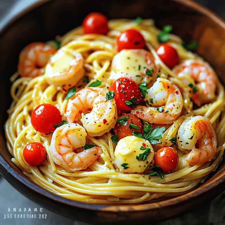 - 8 oz spaghetti or linguine - 1 lb large shrimp, peeled and deveined - 4 tablespoons unsalted butter - 4 cloves garlic, minced - 1 teaspoon red pepper flakes (adjust to taste) - 1 lemon, juiced and zested - 1/2 cup cherry tomatoes, halved - 1/4 cup fresh parsley, finely chopped - Salt and pepper to taste - Grated Parmesan cheese for serving (optional) Gathering the right ingredients is key. You want the best flavors in your Garlic Butter Shrimp Pasta. Start with the pasta. I love using spaghetti or linguine. Both work wonderfully with the sauce. Next, use fresh shrimp. It should be large, peeled, and deveined. This makes cooking quick and easy. Don't forget the unsalted butter. It adds richness. Minced garlic gives that classic flavor we all love. Then, for a kick, add red pepper flakes. You can adjust the heat to your liking. A fresh lemon brightens the dish. The zest and juice work together. Cherry tomatoes add sweetness and color. Lastly, fresh parsley gives a lovely touch. Remember to season with salt and pepper. You can also top it with grated Parmesan cheese if you want. For the full recipe, check the section above. 1. Bring a large pot of salted water to a boil. 2. Add 8 oz of spaghetti or linguine. 3. Cook until al dente, usually about 8-10 minutes. 4. Reserve 1 cup of pasta water, then drain the pasta. 1. In a skillet, melt 4 tablespoons of unsalted butter over medium heat. 2. Add 4 minced cloves of garlic and 1 teaspoon of red pepper flakes. 3. Sauté for 1-2 minutes until fragrant. Watch carefully to avoid burning the garlic. 1. Add 1 lb of peeled and deveined shrimp to the skillet. 2. Season with salt and pepper to taste. 3. Cook the shrimp for 2-3 minutes on each side. They should turn pink and opaque. 1. Stir in 1/2 cup of halved cherry tomatoes, the juice, and zest of 1 lemon. 2. Cook for another 2-3 minutes until the tomatoes soften. 3. Add the drained pasta to the skillet and toss until coated. 1. Adjust the creaminess by adding reserved pasta water. 2. Fold in 1/4 cup of finely chopped fresh parsley. 3. Taste and adjust the seasoning with more salt and pepper if needed. For the full recipe and all the tasty details, check out the [Full Recipe]. Enjoy your cooking! To make the best Garlic Butter Shrimp Pasta, shrimp must shine. - Avoid overcooking shrimp for tenderness: Cook shrimp just until they turn bright pink and opaque. Overcooked shrimp can become rubbery and tough. Keep a close eye on them; this usually takes about 2-3 minutes on each side. - Use fresh shrimp for enhanced flavor: Fresh shrimp have a sweet taste that frozen shrimp can't beat. Look for shrimp that smells like the ocean, not fishy. If using frozen, make sure they are fully thawed and deveined. You can elevate the sauce from good to great with a few simple steps. - Add white wine for extra depth of flavor: A splash of white wine adds richness to the sauce. It helps balance the butter and garlic, making it taste gourmet. Just let it simmer a bit to cook off the alcohol. - Incorporate spinach or other veggies for nutrition: Adding spinach or bell peppers not only boosts health but also adds color. Toss in some fresh or frozen spinach right before serving for a pop of green. Presentation matters when serving this dish. - Pair with a light salad or garlic bread: A simple mixed green salad or crispy garlic bread complements the pasta well. This adds freshness and balances the richness of the dish. - Offer extra Parmesan on the side: Grated Parmesan makes every bite even better. Serve it on the side so guests can sprinkle as they like. For a full list of ingredients and cooking instructions, check out the Full Recipe. {{image_4}} You can make Garlic Butter Shrimp Pasta fit your diet. For a gluten-free option, try using pasta made from rice or chickpeas. These alternatives will taste great with the garlic butter sauce. If you prefer a dairy-free meal, substitute butter with olive oil or a plant-based butter. This change keeps the dish creamy while making it vegan-friendly. Adding fresh herbs can take your dish to the next level. Try adding basil or oregano for extra flavor. These herbs complement the shrimp well. You can also experiment with different pasta shapes. Penne or fettuccine can change the dish's texture and look while keeping it delicious. If you want a twist, swap shrimp for chicken or tofu. Both options will soak up the garlic butter sauce nicely. For a gourmet touch, consider scallops or lobster. These seafood choices add luxury and depth to the dish, making it a special treat. For the full recipe, check out the Garlic Butter Shrimp Pasta section. After enjoying your Garlic Butter Shrimp Pasta, store any leftovers in an airtight container. This keeps the flavors fresh. Make sure to put it in the fridge right away. It’s best to eat the pasta within 2-3 days. This way, you can enjoy the taste and quality. When you want to reheat the pasta, the stove works best. Add a splash of water to help loosen it up. Stir often to make sure it heats evenly. If using a microwave, heat in short intervals. Stir in between to keep it from drying out. For freezing, it's best to freeze the shrimp mix without the pasta. This keeps the shrimp juicy and the pasta from getting mushy. Use freezer-safe containers for easy thawing later. When you're ready to eat, just cook the pasta and combine it with the thawed shrimp mix. - Prep time: 10 minutes - Total time: 25 minutes - Servings: 4 - Yes, just ensure they are thawed and deveined. - Shallots or garlic powder can be used as alternatives. - When made with fresh ingredients and controlled portions, it can be healthy. - It’s best enjoyed fresh, but pre-prepared components can be stored separately. - Light salads or steamed vegetables are great accompaniments. For the full recipe, you can refer to the detailed instructions above. In this blog post, I covered the simple steps to make Garlic Butter Shrimp Pasta. You learned about key ingredients, from spaghetti to fresh shrimp. I shared tips to cook shrimp perfectly and enhance the sauce with fresh flavors. You can even make variations to meet dietary needs or explore new tastes. For leftovers, proper storage ensures you enjoy it later. Keep these ideas in mind for a delicious meal that impresses. Cooking can be easy and fun! Now, grab your ingredients and start creating this tasty dish.