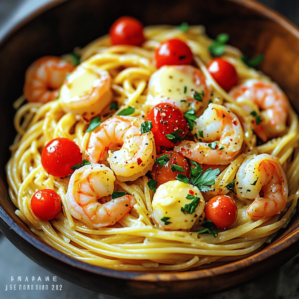 - 8 oz spaghetti or linguine - 1 lb large shrimp, peeled and deveined - 4 tablespoons unsalted butter - 4 cloves garlic, minced - 1 teaspoon red pepper flakes (adjust to taste) - 1 lemon, juiced and zested - 1/2 cup cherry tomatoes, halved - 1/4 cup fresh parsley, finely chopped - Salt and pepper to taste - Grated Parmesan cheese for serving (optional) Gathering the right ingredients is key. You want the best flavors in your Garlic Butter Shrimp Pasta. Start with the pasta. I love using spaghetti or linguine. Both work wonderfully with the sauce. Next, use fresh shrimp. It should be large, peeled, and deveined. This makes cooking quick and easy. Don't forget the unsalted butter. It adds richness. Minced garlic gives that classic flavor we all love. Then, for a kick, add red pepper flakes. You can adjust the heat to your liking. A fresh lemon brightens the dish. The zest and juice work together. Cherry tomatoes add sweetness and color. Lastly, fresh parsley gives a lovely touch. Remember to season with salt and pepper. You can also top it with grated Parmesan cheese if you want. For the full recipe, check the section above. 1. Bring a large pot of salted water to a boil. 2. Add 8 oz of spaghetti or linguine. 3. Cook until al dente, usually about 8-10 minutes. 4. Reserve 1 cup of pasta water, then drain the pasta. 1. In a skillet, melt 4 tablespoons of unsalted butter over medium heat. 2. Add 4 minced cloves of garlic and 1 teaspoon of red pepper flakes. 3. Sauté for 1-2 minutes until fragrant. Watch carefully to avoid burning the garlic. 1. Add 1 lb of peeled and deveined shrimp to the skillet. 2. Season with salt and pepper to taste. 3. Cook the shrimp for 2-3 minutes on each side. They should turn pink and opaque. 1. Stir in 1/2 cup of halved cherry tomatoes, the juice, and zest of 1 lemon. 2. Cook for another 2-3 minutes until the tomatoes soften. 3. Add the drained pasta to the skillet and toss until coated. 1. Adjust the creaminess by adding reserved pasta water. 2. Fold in 1/4 cup of finely chopped fresh parsley. 3. Taste and adjust the seasoning with more salt and pepper if needed. For the full recipe and all the tasty details, check out the [Full Recipe]. Enjoy your cooking! To make the best Garlic Butter Shrimp Pasta, shrimp must shine. - Avoid overcooking shrimp for tenderness: Cook shrimp just until they turn bright pink and opaque. Overcooked shrimp can become rubbery and tough. Keep a close eye on them; this usually takes about 2-3 minutes on each side. - Use fresh shrimp for enhanced flavor: Fresh shrimp have a sweet taste that frozen shrimp can't beat. Look for shrimp that smells like the ocean, not fishy. If using frozen, make sure they are fully thawed and deveined. You can elevate the sauce from good to great with a few simple steps. - Add white wine for extra depth of flavor: A splash of white wine adds richness to the sauce. It helps balance the butter and garlic, making it taste gourmet. Just let it simmer a bit to cook off the alcohol. - Incorporate spinach or other veggies for nutrition: Adding spinach or bell peppers not only boosts health but also adds color. Toss in some fresh or frozen spinach right before serving for a pop of green. Presentation matters when serving this dish. - Pair with a light salad or garlic bread: A simple mixed green salad or crispy garlic bread complements the pasta well. This adds freshness and balances the richness of the dish. - Offer extra Parmesan on the side: Grated Parmesan makes every bite even better. Serve it on the side so guests can sprinkle as they like. For a full list of ingredients and cooking instructions, check out the Full Recipe. {{image_4}} You can make Garlic Butter Shrimp Pasta fit your diet. For a gluten-free option, try using pasta made from rice or chickpeas. These alternatives will taste great with the garlic butter sauce. If you prefer a dairy-free meal, substitute butter with olive oil or a plant-based butter. This change keeps the dish creamy while making it vegan-friendly. Adding fresh herbs can take your dish to the next level. Try adding basil or oregano for extra flavor. These herbs complement the shrimp well. You can also experiment with different pasta shapes. Penne or fettuccine can change the dish's texture and look while keeping it delicious. If you want a twist, swap shrimp for chicken or tofu. Both options will soak up the garlic butter sauce nicely. For a gourmet touch, consider scallops or lobster. These seafood choices add luxury and depth to the dish, making it a special treat. For the full recipe, check out the Garlic Butter Shrimp Pasta section. After enjoying your Garlic Butter Shrimp Pasta, store any leftovers in an airtight container. This keeps the flavors fresh. Make sure to put it in the fridge right away. It’s best to eat the pasta within 2-3 days. This way, you can enjoy the taste and quality. When you want to reheat the pasta, the stove works best. Add a splash of water to help loosen it up. Stir often to make sure it heats evenly. If using a microwave, heat in short intervals. Stir in between to keep it from drying out. For freezing, it's best to freeze the shrimp mix without the pasta. This keeps the shrimp juicy and the pasta from getting mushy. Use freezer-safe containers for easy thawing later. When you're ready to eat, just cook the pasta and combine it with the thawed shrimp mix. - Prep time: 10 minutes - Total time: 25 minutes - Servings: 4 - Yes, just ensure they are thawed and deveined. - Shallots or garlic powder can be used as alternatives. - When made with fresh ingredients and controlled portions, it can be healthy. - It’s best enjoyed fresh, but pre-prepared components can be stored separately. - Light salads or steamed vegetables are great accompaniments. For the full recipe, you can refer to the detailed instructions above. In this blog post, I covered the simple steps to make Garlic Butter Shrimp Pasta. You learned about key ingredients, from spaghetti to fresh shrimp. I shared tips to cook shrimp perfectly and enhance the sauce with fresh flavors. You can even make variations to meet dietary needs or explore new tastes. For leftovers, proper storage ensures you enjoy it later. Keep these ideas in mind for a delicious meal that impresses. Cooking can be easy and fun! Now, grab your ingredients and start creating this tasty dish.
