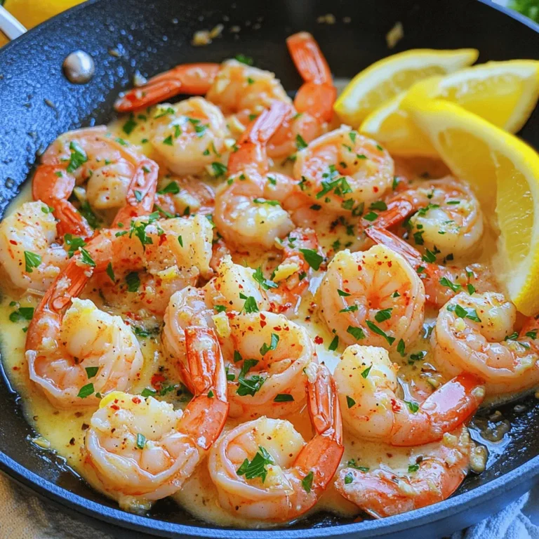 - Shrimp details: Use 1 pound of large shrimp, peeled and deveined. Large shrimp are easy to cook and very tasty. You can use fresh or frozen shrimp, but fresh is always best. - Butter specifications: You need 4 tablespoons of unsalted butter. Unsalted butter gives you control over the taste. It allows you to add salt as needed. - Garlic preparation: Use 4 cloves of garlic, finely minced. Minced garlic gives a strong flavor. Crushed garlic can be used too, but it may taste milder. - Lemon: Use the juice and zest of 1 large lemon. This is about 3 tablespoons of juice. The zest adds a bright flavor, while the juice gives a fresh and tangy taste. - Optional ingredients: Add 1 teaspoon of red pepper flakes if you like heat. Fresh parsley, about 2 tablespoons, adds color and flavor. Season with salt and freshly cracked black pepper to taste. This simple list makes the dish flavorful and easy to put together. For the full recipe, see the section above. How do you properly clean and devein shrimp? Start by rinsing the shrimp under cold water. Next, hold the shrimp in one hand and use the other to pinch the shell. Pull the shell off gently. For the vein, make a shallow cut along the back and pull it out with a toothpick or your fingers. This step is key for a clean taste. How do you measure lemon juice and zest? Use a zester or fine grater to get zest from the lemon peel. Be careful not to reach the white pith, as it tastes bitter. For juice, cut the lemon in half and squeeze it into a bowl. You can use a fork to help extract more juice. Fresh lemon makes the dish bright and tasty. Why is prepping all ingredients important? Having all your ingredients ready before cooking helps you focus. It keeps you organized and saves time. You won’t have to rush while cooking. This way, you can enjoy the process and make a great meal. What are the cooking time and temperature settings? Heat your skillet on medium heat. This helps the butter melt without burning. Allow the butter to bubble before adding garlic. This should take about 1 minute. You want the garlic to smell great, not brown. What are the step-by-step actions for skillet preparation? First, melt the butter in the skillet. Then, add the minced garlic. Stir it often for about 1 minute. After that, add the shrimp in a single layer. Don’t crowd the shrimp; they need space to cook evenly. How do you know when to flip shrimp and what are the signs of doneness? Cook the shrimp for 2-3 minutes. Once they turn pink on one side, it’s time to flip them. After flipping, cook for another 2-3 minutes. Look for the shrimp to be opaque and firm. They should not be grey or translucent anymore. How do you mix the garlic butter sauce with the shrimp? Once the shrimp are cooked, squeeze in the fresh lemon juice. Then sprinkle the zest on top. Gently stir everything to coat the shrimp evenly. This step adds flavor and brightness. What are some presentation suggestions for serving? Serve the shrimp in warm bowls or plates. Drizzle extra garlic butter from the skillet over the top. This adds a nice shine. Garnish with extra parsley and lemon wedges. This not only looks pretty but also enhances the taste. For the full recipe, check out the Lemon Garlic Butter Shrimp Delight. - Adjusting flavors: You can change the taste by adding more garlic, herbs, or lemon. Try fresh dill or basil for a twist. Red pepper flakes give heat, but use them lightly. - Preventing overcooking: Shrimp cooks fast. Watch for their color change. They turn from gray to pink. Remove them as soon as they are opaque. - Fresh ingredients matter: Use fresh shrimp, real lemon juice, and good butter. They make a big difference in flavor. Fresh garlic enhances the taste too. - Overcrowding the skillet: Give shrimp space to cook. If the skillet is too full, they steam instead of sear. This makes them tough and chewy. - Skipping steps: Each step in the recipe adds flavor. Don’t rush. Let the garlic cook before adding shrimp. This step is key for a great taste. - Not using the right size shrimp: Use large shrimp for this dish. Smaller ones may overcook quickly and lose their texture. The size affects the cooking time and overall dish quality. For the full recipe, check out the [Full Recipe]. {{image_4}} You can make Lemon Garlic Butter Shrimp even better with simple tweaks. - Adding herbs: Fresh herbs add depth. Try dill, basil, or cilantro for a fresh twist. Each herb gives a unique flavor. - Alternative citrus: If you want a change, use lime or orange juice instead of lemon. This small change can brighten the dish in new ways. - Incorporating vegetables: Adding veggies makes the dish colorful and nutritious. Bell peppers or asparagus work well. They also soak up the garlic butter flavor. How you serve this dish can make it more enjoyable. - Pairing with sides: Lemon Garlic Butter Shrimp goes great with rice, pasta, or a fresh salad. These sides complement the shrimp’s rich flavor. - Creative serving platter ideas: Use large, shallow bowls or wooden boards for a rustic look. Arrange the shrimp nicely and sprinkle parsley on top for color. - Using leftovers in other dishes: If you have leftovers, you can mix them into pasta or a stir-fry. You can also add them to tacos for a zesty treat. For the complete recipe, check out the Full Recipe section. Enjoy experimenting with these variations! To keep your lemon garlic butter shrimp fresh, follow these tips: - Place leftovers in an airtight container. - Store in the fridge right after cooling. - Make sure to cover it tightly to prevent odors. Your shrimp can stay fresh for up to 2 days. Beyond that, the texture and taste may suffer. When reheating, you want to keep your shrimp tender. Here are some ways to do this: - Use a skillet over low heat. - Add a splash of water or broth to keep moisture. - Stir gently to avoid overcooking. You can also use a microwave, but be careful. Heat in short bursts and check often to avoid rubbery shrimp. Can I use frozen shrimp for this recipe? Yes, you can use frozen shrimp! Just thaw them first. Place them in cold water for about 15-20 minutes. Once thawed, drain and pat them dry. This helps them cook evenly and prevents excess water in the dish. How can I make this recipe dairy-free? To make this dish dairy-free, replace the butter with olive oil or a dairy-free butter substitute. You can still enjoy that rich flavor without using dairy. The lemon and garlic will still shine through. What can I do with shrimp shells afterward? Don’t throw away those shrimp shells! You can use them to make a tasty shrimp stock. Just simmer the shells in water with some aromatics like onion, garlic, and herbs. Strain it, and you have a great base for soups or sauces. What to do if shrimp are rubbery? If your shrimp turn out rubbery, it likely means they were overcooked. Shrimp cook very fast, usually in just 4 to 6 minutes. Always watch them closely. If you find them rubbery, try cooking your next batch for less time. How to enhance flavors if the dish is bland? If your dish lacks flavor, try adding more salt, lemon juice, or fresh herbs like parsley. A pinch of red pepper flakes can also boost the taste. Just remember to add a little at a time to avoid overpowering the dish. For more tips, check the Full Recipe. This post explored how to prepare a tasty shrimp dish. We discussed key ingredients like shrimp, butter, and garlic. Then, I shared steps for cleaning shrimp and cooking them just right. I provided tips to prevent common mistakes, including avoiding overcrowding the skillet. You can also try flavor variations and pairing ideas. In summary, great shrimp dishes rely on fresh ingredients and careful cooking. Follow this guide for delicious results every time. Enjoy your cooking adventure!