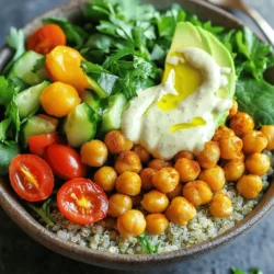 - 1 can (15 oz) chickpeas, thoroughly drained and rinsed - 2 cups cooked quinoa (regular or tri-color) - 1 cup cherry tomatoes, halved - 1 medium cucumber, diced - 1 ripe avocado, thinly sliced - 2 cups mixed greens The chickpeas are the star of this dish. They get crispy and crunchy, adding texture. Quinoa is a great base full of protein. Fresh veggies bring color and taste. I love using cherry tomatoes for their sweetness. A ripe avocado adds creaminess that ties it all together. Mixed greens add freshness and crunch. - 1/4 cup tahini - 2 tablespoons fresh lemon juice - Water (as needed to thin the tahini dressing) The tahini dressing is rich and nutty. Lemon juice brightens the flavors. You can add water to get the right thickness. This dressing is perfect for drizzling over the bowl. - 2 tablespoons extra virgin olive oil - 1 teaspoon smoked paprika - 1 teaspoon ground cumin - 1/2 teaspoon garlic powder - Sea salt and freshly cracked black pepper, to taste - Fresh parsley, finely chopped Olive oil helps the chickpeas get crispy. Spices like smoked paprika and cumin add warmth and depth. Garlic powder gives an extra kick. Fresh parsley adds a pop of color and flavor. For the full recipe, check the link above. 1. Start by draining and rinsing the chickpeas. This helps remove excess salt. 2. Next, add olive oil, smoked paprika, ground cumin, garlic powder, sea salt, and black pepper. Mix well to coat each chickpea. 3. Spread them out on a baking sheet. Roast them in a preheated oven at 400°F (200°C) for 25-30 minutes. Stir halfway through to ensure they crisp evenly. 1. In a small bowl, mix tahini and fresh lemon juice. This gives the dressing a bright flavor. 2. Add a splash of water to thin the mixture. Keep mixing until smooth. Adjust the thickness by adding more water as needed. 1. In each serving bowl, layer cooked quinoa at the bottom. This forms a hearty base. 2. On top of the quinoa, add mixed greens. Then, layer halved cherry tomatoes, diced cucumber, and sliced avocado. 3. Once the chickpeas are crispy, remove them from the oven. Layer the chickpeas over the fresh veggies in each bowl. 4. Finish by drizzling the creamy tahini dressing over everything. Sprinkle with fresh parsley for a nice touch. For the full recipe, check out the Crispy Chickpea Buddha Bowl ! To make your chickpeas crispy, set your oven to 400°F (200°C). This hot temperature helps them roast well. Roast the chickpeas for 25 to 30 minutes. Stir them halfway through to ensure even cooking. This step is key to achieving that crunchy texture. Feel free to get creative with your bowl! You can add vegetables like bell peppers, carrots, or radishes. Each adds a unique flavor and color. If you want to switch up the grains, try brown rice or farro. These options bring different textures to your meal. Make your bowl visually appealing! Start by arranging the ingredients in sections. Use bright colors, like red tomatoes and green cucumbers. This colorful display invites you to dig in. For a final touch, sprinkle fresh parsley or sesame seeds on top. These garnishes add a lovely finish to your dish. {{image_4}} You can switch up the protein in your bowl. Grilled chicken adds a savory bite. Tofu is a great plant-based choice. Just marinate it first for added flavor. If you want a quick fix, black beans work well too. They add a creamy texture and are rich in fiber. While tahini dressing is a star, you can try other options. A lemon vinaigrette gives a fresh zing. You can also use yogurt-based dressings for creaminess. These options can change the flavor profile and keep things exciting. For gluten-free needs, swap quinoa with rice or millet. These grains are tasty and safe. If you want a vegan meal, use plant-based proteins and dressings. You can easily make this bowl fit your diet. To keep your crispy chickpea Buddha bowl fresh, store it in the refrigerator. Place leftovers in an airtight container. This helps maintain the flavors and texture. Try to consume the leftovers within three days for the best taste. When reheating, use a microwave or oven for the best results. For the quinoa, add a splash of water to keep it moist. Heat it in short bursts. Stir it every 30 seconds until hot. For the chickpeas, use the oven. Spread them on a baking sheet and warm at 350°F (175°C) for about 10 minutes. This helps restore their crispiness. Yes, you can freeze a Buddha bowl! However, some ingredients do not freeze well. I recommend freezing chickpeas and quinoa separately. Store them in freezer bags, removing as much air as possible. For best quality, use them within three months. When ready to eat, thaw in the fridge overnight before reheating. You can swap quinoa for many other grains. Here are some great options: - Brown rice - Farro - Barley - Bulgur - Couscous - Cauliflower rice Each option adds a unique taste and texture. For a gluten-free choice, use brown rice or cauliflower rice. These grains will still give you a filling base, while keeping your meal healthy. Absolutely! Here are some tips for meal prepping: - Cook grains in bulk. Store them in airtight containers. - Roast chickpeas ahead of time. They stay crispy for several days. - Chop vegetables and store them separately in the fridge. - Make the tahini dressing in advance. Keep it in a jar for easy use. These steps save time and help you enjoy this Buddha bowl throughout the week. Tahini dressing lasts about 5-7 days in the fridge. To store it properly: - Use an airtight container to keep it fresh. - If it thickens, add a bit of water before using. - Stir well before serving to ensure it mixes nicely. This dressing is great not just for this bowl, but also on salads or sandwiches. This blog post covered the essentials for making a delicious Buddha bowl. We explored key ingredients, step-by-step instructions, and tips for perfect results. You learned to customize your bowl and store leftovers efficiently. In closing, Buddha bowls are tasty, healthy, and diverse. They invite creativity and fit many diets. Enjoy making your own unique bowl, and remember, the best one is the one you create!