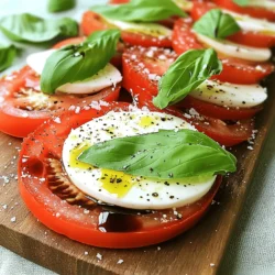 To make this Easy Caprese Salad, you need just a few key items: - 2 large ripe tomatoes, sliced - 1 ball fresh mozzarella cheese, sliced - 1 cup fresh basil leaves - 2 tablespoons extra virgin olive oil - 1 tablespoon balsamic glaze - Salt and freshly ground black pepper to taste These ingredients create a bright and fresh dish that is perfect for any meal. When choosing your ingredients, look for the best quality. Use ripe tomatoes that are juicy and sweet. Fresh mozzarella should be soft and creamy. The basil should be vibrant green and fragrant. High-quality extra virgin olive oil adds great depth. A rich balsamic glaze will elevate the flavors. Fresh ingredients make a big difference in taste. You can add some optional items to enhance your salad. Consider these: - Sliced avocado for creaminess - A sprinkle of crushed red pepper for heat - Chopped olives for a briny flavor - Pine nuts for a crunchy texture Feel free to mix and match to suit your taste. These add-ins can bring your Easy Caprese Salad to a whole new level of deliciousness. For the full recipe, check out the Caprese Delight Salad. To start, slice the tomatoes and mozzarella. Aim for thick slices, about 1/4 inch. This keeps them firm and makes the dish look great. Use ripe tomatoes for the best flavor. Fresh mozzarella adds a creamy texture that pairs well with the tomatoes. Next, take a large serving platter. Arrange the tomato and mozzarella slices in a circle. Alternate the slices to create a pretty pattern. Leave small gaps for a nice look. Now, add fresh basil leaves between the layers. You can use small and large leaves for a fun design. Drizzle the extra virgin olive oil over the salad. This adds richness and enhances the taste. Next, drizzle balsamic glaze on top. This gives a sweet and tangy kick. Finish with salt and freshly cracked black pepper. Let the salad sit for 10 minutes before serving. This helps the flavors mix well. For a rustic look, serve on a wooden board and add whole basil leaves on top. Check the [Full Recipe] for more details! To keep your Caprese salad fresh, choose ripe tomatoes. Look for firm, shiny tomatoes. Avoid any with soft spots or blemishes. Use fresh mozzarella, too. A good mozzarella should feel soft and springy. Buy it the same day you plan to make the salad for the best taste. Store basil leaves in a glass of water, like a bouquet. This keeps them fresh and vibrant. For a rustic display, serve your salad on a wooden or slate board. This adds charm and warmth. Arrange the tomato and mozzarella slices in a circle or spiral. It looks inviting and fun. Scatter whole basil leaves on top. This makes the salad pop with color and freshness. Use a drizzle of balsamic glaze for a glossy finish. It draws the eye and enhances the dish. Seasoning is key to a great Caprese salad. Use good quality sea salt for a burst of flavor. Freshly cracked black pepper adds a nice kick. Drizzle extra virgin olive oil evenly over the salad. This boosts the taste of the tomatoes and mozzarella. Finish with balsamic glaze for sweetness and tang. You can adjust the amounts to fit your taste. Let the salad sit for about ten minutes before serving. This allows the flavors to blend nicely. {{image_4}} If you want a vegan version of Caprese salad, it's easy! Instead of mozzarella cheese, use fresh avocado. It adds creaminess and a nice taste. You can also try vegan mozzarella. This plant-based cheese mimics the texture of real mozzarella. Both options keep the salad fresh and tasty. Want to mix things up? Swap out the tomatoes for peaches. The sweet fruit pairs well with basil. You can also use burrata cheese instead of mozzarella. Burrata has a soft, creamy center that adds richness. Another swap is to use pesto instead of olive oil. This adds a burst of flavor and is very easy to do. Seasonal ingredients make this salad even better. In summer, use juicy heirloom tomatoes. In fall, try roasted butternut squash as a base. Fresh herbs like mint or dill can replace basil in spring. Each season brings new flavors that keep your Caprese salad exciting. To store leftover Caprese salad, place it in an airtight container. Make sure to cover it well. This helps keep the salad fresh. You should refrigerate it right away. Leftovers can last for up to two days. To keep your salad fresh, avoid adding the dressing until you're ready to eat. The oil and balsamic glaze can make the salad soggy. Store tomatoes, mozzarella, and basil separately if you know you'll have leftovers. When stored correctly, the flavors stay vibrant. You don’t need to reheat Caprese salad. It tastes best cold. However, you can use leftovers in different ways. Chop the salad and mix it into pasta for a quick meal. You can also add it to a sandwich for a tasty twist. For more ideas, check the Full Recipe. Caprese Salad comes from Italy, specifically the island of Capri. It celebrates fresh, simple flavors. The salad honors the colors of the Italian flag: red tomatoes, white mozzarella, and green basil. This dish has roots in the early 20th century. It reflects the beauty of Italian cuisine and seasonal ingredients. Yes, you can prepare Caprese Salad ahead of time. However, it tastes best fresh. If you want to make it early, slice the tomatoes and mozzarella, and store them separately. This way, you avoid soggy ingredients. Assemble the salad just before serving for the best flavor and texture. Caprese Salad pairs well with many foods. Here are some options: - Grilled chicken or fish for a protein boost - Crusty bread to soak up the juices - A light white wine, like Pinot Grigio - Fresh fruit, such as peaches or strawberries, for a sweet touch These pairings add variety and enhance the meal. For the full recipe, check out the Caprese Delight Salad section. In this blog post, we explored how to make a simple and tasty Caprese salad. We discussed the vital ingredients and how to pick the best ones. You learned the steps for preparing, assembling, and serving. We shared helpful tips for freshness and presentation, plus variations to suit your taste. Finally, we covered how to store leftovers to keep them fresh. Enjoy your Caprese salad adventure, and remember, it’s all about using great ingredients!