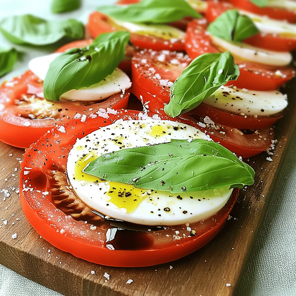 To make this Easy Caprese Salad, you need just a few key items: - 2 large ripe tomatoes, sliced - 1 ball fresh mozzarella cheese, sliced - 1 cup fresh basil leaves - 2 tablespoons extra virgin olive oil - 1 tablespoon balsamic glaze - Salt and freshly ground black pepper to taste These ingredients create a bright and fresh dish that is perfect for any meal. When choosing your ingredients, look for the best quality. Use ripe tomatoes that are juicy and sweet. Fresh mozzarella should be soft and creamy. The basil should be vibrant green and fragrant. High-quality extra virgin olive oil adds great depth. A rich balsamic glaze will elevate the flavors. Fresh ingredients make a big difference in taste. You can add some optional items to enhance your salad. Consider these: - Sliced avocado for creaminess - A sprinkle of crushed red pepper for heat - Chopped olives for a briny flavor - Pine nuts for a crunchy texture Feel free to mix and match to suit your taste. These add-ins can bring your Easy Caprese Salad to a whole new level of deliciousness. For the full recipe, check out the Caprese Delight Salad. To start, slice the tomatoes and mozzarella. Aim for thick slices, about 1/4 inch. This keeps them firm and makes the dish look great. Use ripe tomatoes for the best flavor. Fresh mozzarella adds a creamy texture that pairs well with the tomatoes. Next, take a large serving platter. Arrange the tomato and mozzarella slices in a circle. Alternate the slices to create a pretty pattern. Leave small gaps for a nice look. Now, add fresh basil leaves between the layers. You can use small and large leaves for a fun design. Drizzle the extra virgin olive oil over the salad. This adds richness and enhances the taste. Next, drizzle balsamic glaze on top. This gives a sweet and tangy kick. Finish with salt and freshly cracked black pepper. Let the salad sit for 10 minutes before serving. This helps the flavors mix well. For a rustic look, serve on a wooden board and add whole basil leaves on top. Check the [Full Recipe] for more details! To keep your Caprese salad fresh, choose ripe tomatoes. Look for firm, shiny tomatoes. Avoid any with soft spots or blemishes. Use fresh mozzarella, too. A good mozzarella should feel soft and springy. Buy it the same day you plan to make the salad for the best taste. Store basil leaves in a glass of water, like a bouquet. This keeps them fresh and vibrant. For a rustic display, serve your salad on a wooden or slate board. This adds charm and warmth. Arrange the tomato and mozzarella slices in a circle or spiral. It looks inviting and fun. Scatter whole basil leaves on top. This makes the salad pop with color and freshness. Use a drizzle of balsamic glaze for a glossy finish. It draws the eye and enhances the dish. Seasoning is key to a great Caprese salad. Use good quality sea salt for a burst of flavor. Freshly cracked black pepper adds a nice kick. Drizzle extra virgin olive oil evenly over the salad. This boosts the taste of the tomatoes and mozzarella. Finish with balsamic glaze for sweetness and tang. You can adjust the amounts to fit your taste. Let the salad sit for about ten minutes before serving. This allows the flavors to blend nicely. {{image_4}} If you want a vegan version of Caprese salad, it's easy! Instead of mozzarella cheese, use fresh avocado. It adds creaminess and a nice taste. You can also try vegan mozzarella. This plant-based cheese mimics the texture of real mozzarella. Both options keep the salad fresh and tasty. Want to mix things up? Swap out the tomatoes for peaches. The sweet fruit pairs well with basil. You can also use burrata cheese instead of mozzarella. Burrata has a soft, creamy center that adds richness. Another swap is to use pesto instead of olive oil. This adds a burst of flavor and is very easy to do. Seasonal ingredients make this salad even better. In summer, use juicy heirloom tomatoes. In fall, try roasted butternut squash as a base. Fresh herbs like mint or dill can replace basil in spring. Each season brings new flavors that keep your Caprese salad exciting. To store leftover Caprese salad, place it in an airtight container. Make sure to cover it well. This helps keep the salad fresh. You should refrigerate it right away. Leftovers can last for up to two days. To keep your salad fresh, avoid adding the dressing until you're ready to eat. The oil and balsamic glaze can make the salad soggy. Store tomatoes, mozzarella, and basil separately if you know you'll have leftovers. When stored correctly, the flavors stay vibrant. You don’t need to reheat Caprese salad. It tastes best cold. However, you can use leftovers in different ways. Chop the salad and mix it into pasta for a quick meal. You can also add it to a sandwich for a tasty twist. For more ideas, check the Full Recipe. Caprese Salad comes from Italy, specifically the island of Capri. It celebrates fresh, simple flavors. The salad honors the colors of the Italian flag: red tomatoes, white mozzarella, and green basil. This dish has roots in the early 20th century. It reflects the beauty of Italian cuisine and seasonal ingredients. Yes, you can prepare Caprese Salad ahead of time. However, it tastes best fresh. If you want to make it early, slice the tomatoes and mozzarella, and store them separately. This way, you avoid soggy ingredients. Assemble the salad just before serving for the best flavor and texture. Caprese Salad pairs well with many foods. Here are some options: - Grilled chicken or fish for a protein boost - Crusty bread to soak up the juices - A light white wine, like Pinot Grigio - Fresh fruit, such as peaches or strawberries, for a sweet touch These pairings add variety and enhance the meal. For the full recipe, check out the Caprese Delight Salad section. In this blog post, we explored how to make a simple and tasty Caprese salad. We discussed the vital ingredients and how to pick the best ones. You learned the steps for preparing, assembling, and serving. We shared helpful tips for freshness and presentation, plus variations to suit your taste. Finally, we covered how to store leftovers to keep them fresh. Enjoy your Caprese salad adventure, and remember, it’s all about using great ingredients!