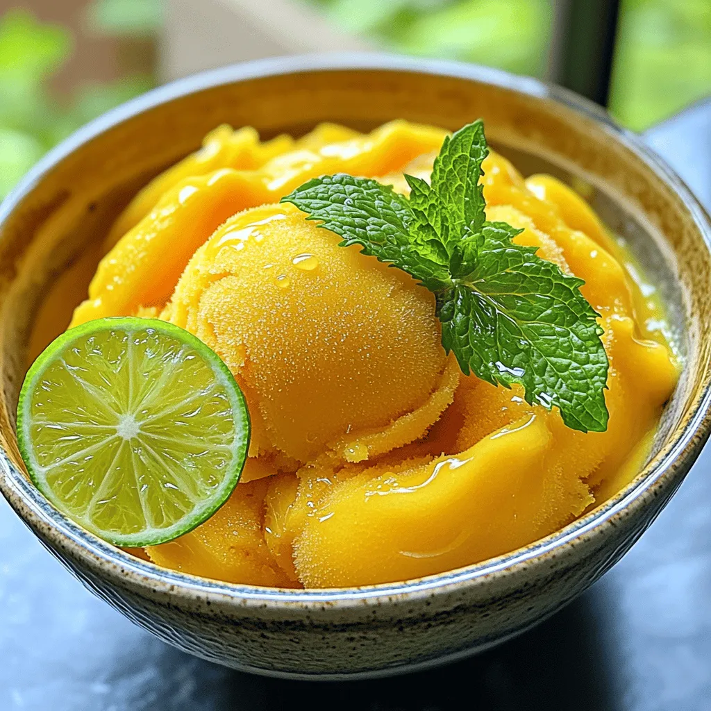 Gathering the right ingredients makes the best peach mango sorbet. Here is what you need for this refreshing treat: - 3 ripe peaches, peeled and diced - 2 ripe mangoes, peeled and diced - 1 cup coconut water or your favorite juice - 1/2 cup honey or agave syrup - 2 tablespoons freshly squeezed lime juice - A pinch of sea salt Using fresh fruits gives the sorbet its amazing flavor. I recommend ripe peaches and mangoes for the best taste. If you want a sweeter sorbet, adjust the honey or agave syrup to your liking. Coconut water adds a light flavor and keeps it refreshing. The lime juice brightens the taste and balances the sweetness. Don't forget the sea salt; it enhances all the flavors! For the full recipe, you can check the section above. Enjoy making your sorbet! - Step 1: Blending fruits Start by placing the diced peaches and mangoes into a blender. Blend the fruits at high speed. Aim for a smooth and creamy texture. Make sure there are no lumps left. This step is key for the perfect sorbet. - Step 2: Adding additional ingredients Next, add the coconut water or your favorite juice to the fruit blend. Then, pour in the honey or agave syrup. Add the freshly squeezed lime juice and a pinch of sea salt. Blend again until everything mixes well. Taste the mixture. Adjust the sweetness if needed. - Step 3: Freezing process Pour the blended mixture into a shallow dish. Spread it out evenly. Place the dish in the freezer. Freeze for about 2 hours, or until the edges start to firm up. This helps create a smooth texture. - Step 4: Scraping and stirring After 2 hours, check your sorbet. Use a fork to scrape the edges. This breaks up any ice crystals. Stir the mixture well for an even texture. Return the dish to the freezer for another hour. Repeat the scraping and stirring once more. Do this until the sorbet is light and fluffy. Allow it to freeze for 2-3 more hours. It should now be firm and scoopable. Enjoy your homemade Peach Mango Sorbet! For the full recipe, check out the earlier section. To make the best peach mango sorbet, you need ripe fruits. Here’s how to check if the fruits are ripe: - Peaches: Look for a vibrant color and a slight give when you press gently. The skin should feel soft but not mushy. - Mangoes: A ripe mango will have a sweet smell near the stem. It should feel slightly soft when you press it. The best types of peaches for sorbet are freestone peaches. They have a smooth texture and sweet flavor. As for mangoes, choose the Ataulfo or Haden varieties. They are sweet and creamy, making them perfect for sorbet. You might want your sorbet sweeter or less sweet. Here are some tips for adjusting the sweetness: - Honey or Agave: Start with half a cup as the recipe suggests. Taste and add more if needed. - Alternative Sweeteners: You can use maple syrup or stevia. Just remember, each sweetener has a different strength, so adjust carefully! Serving your peach mango sorbet can be fun and creative. Here are some ideas: - Garnishes: Top each serving with fresh mint leaves or a lime slice. This adds color and a zesty touch. - Pairing: Serve the sorbet with a slice of cake or alongside fresh fruit. It also goes well with a light, crisp white wine for adults. For the full recipe, check the details above! Enjoy making this refreshing treat! {{image_4}} You can change the flavor of peach mango sorbet by adding other fruits. Berries like strawberries or blueberries add a tangy taste. Bananas can give it a creamy texture. Try mixing these fruits into the blender with peaches and mangoes for a fun twist. You can also add fresh herbs for a unique flavor. A little basil or mint can make the sorbet taste fresh and bright. Just chop the herbs finely and blend them in with the fruits. This will give your sorbet a special touch. The liquid you use can change the sorbet's taste. Instead of coconut water, try orange juice or pineapple juice. Both juices add a sweet, fruity flavor that blends well with peach and mango. For a creamier sorbet, use coconut milk. This will give your dessert a rich taste and smooth texture. Just swap the coconut water for coconut milk in the recipe. Feel free to get creative! Use the [Full Recipe] as a base and explore new flavors. To keep your peach mango sorbet fresh, store it in an airtight container. This helps prevent ice crystals from forming. You can also cover the top with plastic wrap before sealing the lid. This extra layer keeps the texture smooth and creamy. For the best results, place the container in the back of the freezer. This spot stays colder than the front. Avoid opening the freezer often. Each time you do, warm air enters and can affect the sorbet's texture. Peach mango sorbet can last up to two weeks in the freezer. After that, its flavor and texture may decline. Look for signs that the sorbet has gone bad. If you see ice crystals or if it smells off, it’s best to toss it. If the color changes or it develops a grainy texture, it’s time to say goodbye. You can make peach mango sorbet without an ice cream maker by using some simple tools. Start with a blender or food processor to puree the fruits. Then, pour the mixture into a shallow dish. Place the dish in the freezer. Every hour, take it out and stir it with a fork. This breaks up ice crystals and gives you a smooth texture. Repeat this process for about 3-4 hours until it is firm and scoopable. Yes, you can use frozen fruits for your sorbet. Frozen fruits can make the sorbet colder and creamier. However, they may change the flavor slightly. Fresh fruits often have a brighter taste. If you use frozen fruits, let them sit out for a bit to soften before blending. This helps in getting a smoother mix. Peach mango sorbet pairs well with many desserts. Try serving it with a slice of cake or cookies. You can also enjoy it with fresh fruit or granola. For drinks, lemonade or iced tea complements the sorbet nicely. Both options are refreshing and enhance the fruity flavors. Yes, this recipe is vegan-friendly. It uses fruits, coconut water, and either honey or agave syrup. If you prefer to keep it vegan, use agave syrup instead of honey. All the ingredients are plant-based, making this sorbet a great choice for everyone. You can find ready-made peach mango sorbet at most grocery stores. Check the freezer section near other frozen desserts. Popular brands often carry it. If you want to shop online, look on websites like Amazon or specialty grocery stores. Many local ice cream shops also sell their own versions, so don’t forget to explore those options! This blog post gives you a fun and tasty guide to making peach mango sorbet. You learned about choosing ripe fruits, blending them, and freezing techniques. I shared tips on adjusting sweetness and serving ideas to make it special. You can even try new flavors and variations! In the end, homemade sorbet is easy, fresh, and better than store-bought. Make it your way and enjoy each delicious spoonful. Happy sorbet-making!