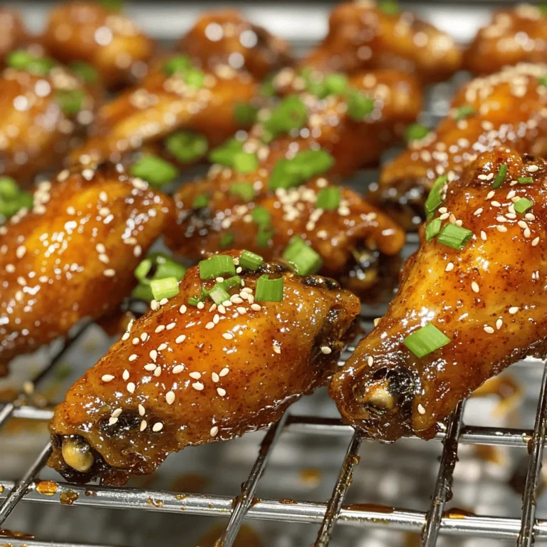 - 2 pounds chicken wings - 1/2 cup honey - 1/4 cup soy sauce - 4 cloves garlic, minced - 1 tablespoon sriracha - 1 teaspoon fresh ginger, grated - 1 teaspoon sesame oil - 1 teaspoon freshly cracked black pepper - 1/2 teaspoon salt - 1 tablespoon sesame seeds (for garnish) - 2 green onions, finely chopped (for garnish) - You can swap soy sauce for Tamari or coconut aminos for gluten-free wings. - Try maple syrup or agave nectar if you want a different sweet taste. - Mixing bowl - Baking sheet - Wire rack - Measuring cups and spoons The right ingredients make these wings shine. Use fresh garlic and ginger for the best flavor. You can adjust the spice by adding more sriracha. If you want to switch things up, use different sweeteners or soy sauce alternatives. Each ingredient plays a role in making the wings tasty and unique. For the full recipe, check out the details above. 1. Preheat your oven to 400°F (200°C). This heat is perfect for crispy wings. 2. Line a baking sheet with aluminum foil. This makes cleanup easy and quick. 3. Position a wire rack on top of the baking sheet. This allows air to flow around the wings. 1. In a large mixing bowl, whisk together the marinade. Combine honey, soy sauce, minced garlic, sriracha, ginger, sesame oil, black pepper, and salt. 2. Coat the chicken wings in the marinade. Make sure every wing is well-covered. 3. For optimal flavor, refrigerate the wings. Let them marinate for at least 30 minutes or up to 1 hour. Overnight works best if you can wait that long. 1. Once marinated, arrange the wings on the wire rack. Space them out to avoid steaming. 2. Bake the wings in the preheated oven. Cook for about 35-40 minutes, flipping them halfway through. This ensures even cooking. 3. When they are golden brown, remove them from the oven. Let them cool for a few minutes. 4. For extra flavor, toss the baked wings in the reserved marinade. This gives them a nice glaze. 5. Serve the wings warm. Garnish with sesame seeds and chopped green onions for added flavor and color. For the complete recipe, check out the [Full Recipe]. To get crispy wings, marinating time is key. When you let the wings soak in the marinade, they absorb great flavors. A marinade of at least 30 minutes works well, but overnight is best. This helps the chicken stay juicy while creating a crispy outside. To prevent steaming, use a wire rack. Place it on your baking sheet. This allows hot air to circulate around the wings. Space the wings out on the rack, so they don't touch. This way, they bake evenly and get that perfect crunch. Want to spice things up? Add extra heat with cayenne pepper or chili flakes. You can also mix in smoked paprika for a rich flavor. If you love smoky tastes, try grilling the wings. This gives them a delightful char and a unique twist. Pair your spicy honey garlic wings with tasty sides. I recommend crispy fries or a fresh salad. They balance the spice and add crunch. For dips, try ranch or blue cheese dressing. These creamy dips complement the sweet and spicy wings perfectly. For the full recipe, check out my Spicy Honey Garlic Wings guide. {{image_4}} You can take Spicy Honey Garlic Wings to new heights. Try a teriyaki glaze version for a sweet twist. Just swap the honey and soy sauce with teriyaki sauce. This gives your wings a rich, savory flavor. Another fun option is a buffalo sauce twist. Mix equal parts of buffalo sauce and honey. This adds a spicy kick and balances the sweetness. You’ll have a delightful mix of heat and flavor. If you're looking to lighten things up, consider baking instead of frying. Baking wings keeps them crispy without all the extra oil. This method cuts down on fat while keeping the taste bold. You can also use an air fryer method for reduced fat. Air fryers cook wings quickly and with less oil. They get super crispy, just like fried wings, but healthier! Using seasonal fruits or vegetables can enhance your dish. In autumn, add roasted sweet potatoes on the side. In summer, serve with a fresh cucumber salad. These add flavor and color to your plate. Fresh herbs can also elevate your wings. Try garnishing with cilantro or basil. This adds a burst of freshness and brightens the dish. For the full recipe, check out the spicy honey garlic wings recipe above! To keep your spicy honey garlic wings fresh, follow these tips: - Refrigeration: Place leftover wings in an airtight container. They will stay good for up to four days. Let them cool before sealing to avoid moisture buildup. - Freezing: For longer storage, freeze the wings. Use a freezer-safe bag or container. Remove as much air as possible. They can last for up to three months in the freezer. When it's time to enjoy your wings again, you have two main options: - Oven Method: Preheat your oven to 350°F (175°C). Spread the wings on a baking sheet. Bake for about 10-15 minutes. This keeps them crispy and warm. - Microwave Method: If you’re in a hurry, use the microwave. Place the wings on a microwave-safe plate. Heat for 1-2 minutes. To keep them crispy, try using a paper towel under the wings. These methods will help you enjoy your wings just like when they were freshly made. Yes, you can use frozen wings. First, you must thaw them. The best way is to place them in the fridge overnight. If you're short on time, you can submerge the sealed wings in cold water for about an hour. This method works well and keeps the wings safe. Once thawed, follow the steps in the Full Recipe to prepare your spicy honey garlic wings. You can serve these wings with various tasty sides. Here are some great options: - Celery sticks: They add a nice crunch and coolness. - Carrot sticks: A sweet contrast to the spicy wings. - Coleslaw: The creamy texture balances the heat. - French fries: Always a crowd-pleaser and perfect for dipping. - Beer or soda: A cold drink helps cool the spice! Adjusting the spice level is easy! If you want it milder, use less sriracha. You can start with half a tablespoon and taste the sauce. For more heat, add a bit more sriracha. You can also add red pepper flakes for an extra kick. Just be sure to mix well and taste as you go. Leftovers stay good in the fridge for about three to four days. Make sure to store them in an airtight container. If you notice any strange smells or discoloration, it’s best to throw them out. For longer storage, consider freezing them! You learned how to make tasty Spicy Honey Garlic Wings. The right ingredients and steps help create great flavor. Remember the importance of marinating for the best taste. You can switch things up with different sauces or cooking methods. Enjoy serving these wings with your favorite sides and dips. Don’t forget tips for storing leftovers and reheating well. I hope you feel ready to impress with your cooking skills! Happy wing-making!