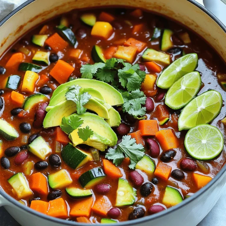 - 1 tablespoon olive oil - 1 small onion, finely diced - 2 cloves garlic, minced - 1 bell pepper (any color), chopped into small pieces - 1 medium zucchini, diced into bite-sized cubes - 1 medium carrot, diced into small pieces - 1 can (15 oz) black beans, drained and rinsed thoroughly - 1 can (15 oz) kidney beans, drained and rinsed thoroughly - 1 can (15 oz) diced tomatoes, including all the juice - 1 cup corn kernels (fresh or frozen) - 2 tablespoons chili powder - 1 teaspoon ground cumin - 1 teaspoon smoked paprika - ½ teaspoon cayenne pepper (optional, for an extra kick) - Salt and black pepper to taste To make a great vegetarian chili, you need some key ingredients. First, olive oil is essential for sautéing. It adds flavor and helps cook the veggies. Next, onion and garlic give the dish a nice base. Their smell makes your kitchen feel warm and inviting. You can add various vegetables like bell pepper, zucchini, and carrot. They bring color and texture. Beans and tomatoes are the heart of the chili. Black beans and kidney beans add protein. Diced tomatoes provide a rich sauce. Finally, spices and seasonings are a must. Chili powder, cumin, and smoked paprika create a warm, spicy flavor. If you like it hot, add cayenne pepper. Don't forget salt and black pepper to taste. - Fresh cilantro - Slices of avocado - Lime wedges Toppings can elevate your chili. Fresh cilantro adds a burst of flavor. It also makes the dish look bright and fresh. Slices of avocado give a creamy touch. They balance the spices well. Lime wedges add a zesty kick. Squeeze some on top for extra taste. For the full recipe, check out the details above. Enjoy making your vegetarian chili! 1. Sautéing the aromatics Start by heating the olive oil in a large pot over medium heat. When the oil shimmers, add the finely diced onion. Sauté for about 5 minutes until the onion is soft and see-through. Next, stir in the minced garlic and cook for one more minute. This step adds a lovely base flavor to your chili. 2. Adding vegetables Now, add the chopped bell pepper, diced zucchini, and carrot to the pot. Sauté these veggies for about 5 to 7 minutes. You want them to soften and release their flavors. This mix gives your chili a colorful and tasty boost. 3. Mixing in beans and spices It’s time to add in the star ingredients! Stir in the black beans, kidney beans, diced tomatoes (with juice), and corn kernels. Then, sprinkle in the chili powder, ground cumin, smoked paprika, cayenne pepper (if you like it spicy), and salt and black pepper to taste. Mix everything well so all the flavors combine. 1. Cooking time and heat adjustments Bring the mixture to a gentle simmer. Once it bubbles, reduce the heat to low. Cover the pot with a lid and let it cook for about 20 to 25 minutes. Stir occasionally. This step helps blend the flavors of your chili and makes it rich. 2. Tips for flavor enhancement After cooking, taste your chili. You can adjust the seasoning if needed. If you want it thicker, uncover the pot and cook for an extra 5 to 10 minutes while stirring. This gives your chili a hearty texture. 1. Garnishing the dish Serve your hot chili in bowls. Top it with fresh chopped cilantro and slices of avocado for creaminess. A squeeze of lime juice adds a zesty finish that brightens the dish. 2. Best accompaniments This chili goes well with warm cornbread, tortilla chips, or a simple green salad. Each bite can be a new experience with these sides! For the full recipe, check out the Fiery Fiesta Vegetarian Chili details above. You can make this chili fit your taste. For a vegan version, just skip the avocado. Use veggie broth instead of water for more flavor. If you love heat, add more cayenne or a chopped jalapeño. You can also play with spices. Try adding smoked chipotle for a smoky twist or some fresh herbs like oregano for extra flavor. You can cook your chili on the stovetop or in a slow cooker. For the stovetop, follow the steps in the Full Recipe. It takes about 45 minutes. If you use a slow cooker, just add all the ingredients and cook on low for 6-8 hours. This will give the flavors time to blend deeply. If you own an Instant Pot, you can make this chili in just 20 minutes. Use the sauté function first for the onions and garlic. Then, add all the other ingredients and set it to pressure cook for 10 minutes. Want to boost nutrition? Add some chopped kale or spinach. These greens blend well and add vitamins. You could also stir in some quinoa for extra protein and fiber. Instead of regular olive oil, try using avocado oil. It has a higher smoke point and adds healthy fats. Swap out regular beans for lentils for a different texture. Just remember, lentils cook faster than beans, so adjust your cooking time. These tips will help make your vegetarian chili even better! {{image_4}} You can make vegetarian chili in many ways. One popular style adds a smoky flavor. You can get this by using smoked paprika or chipotle peppers. These ingredients bring warmth and depth to your dish. If you want something different, try a beanless chili. Instead of beans, use lentils or quinoa. These ingredients provide protein and texture. They also soak up the spices well. Using fresh, seasonal veggies can make your chili taste better. In spring, add asparagus or peas. During summer, use tomatoes and bell peppers. Fall brings squash and sweet potatoes, while winter is great for root veggies like carrots and turnips. You can also use leftovers in your chili. Got extra veggies from dinner? Toss them in! This not only reduces waste but also adds flavor. Adding spices from different cultures can elevate your chili. Try using cumin, coriander, or even curry powder for a twist. Each spice brings a unique taste, making your chili more exciting. You might also enjoy fusion recipes. Think about blending chili with Asian flavors, like ginger and soy sauce. These combinations can surprise your taste buds in a delightful way. For a complete experience, check out the Full Recipe for delicious vegetarian chili ideas! To keep your vegetarian chili fresh, start by cooling it down. Once cool, transfer it to an airtight container. If you plan to eat it within three to four days, refrigerate it. For longer storage, use your freezer. Portion the chili into freezer-safe containers. This way, you can thaw just what you need later. When you're ready to enjoy leftovers, there are a few great methods. The best way is to heat it on the stove. Pour the chili into a pot and warm it over medium heat. Stir occasionally to prevent sticking. This keeps the flavor rich. You can also use a microwave for quick reheating. Just place it in a microwave-safe bowl, cover it, and heat for one to two minutes. Stir halfway through to ensure even heating. Chili lasts in the fridge for about three to four days. In the freezer, it can stay good for up to six months. Always check for signs of spoilage before eating. If it smells sour or has an off color, it’s best to toss it. If you see mold, throw it away too. Storing chili properly helps you enjoy this hearty dish longer! Yes, vegetarian chili is great for meal prep. It stores well in the fridge and freezer. You can make a big batch and keep it for later. This saves time on busy days. The flavors also get better after sitting. You can reheat it easily in the microwave or on the stove. Plus, it’s healthy and filling, making it a smart choice for any meal plan. Yes, you can add meat if you want. Ground beef or turkey works well. Just cook the meat first before adding the other ingredients. Make sure to drain any fat. This keeps the chili rich and hearty. You can also use cooked chicken or sausage. Adjust the spices to match the meat's flavor. If you want to skip the beans, there are good alternatives. You can use lentils, which add protein and fiber. Chopped mushrooms also work well, giving a meaty texture. You can try quinoa for a grainy feel. Other options include diced tofu or tempeh for more protein. These substitutes keep your chili filling and tasty. The spice level is flexible. The chili powder gives it warmth. If you want more heat, add cayenne pepper. You can also use jalapeños for a fresh kick. Taste as you cook and adjust the spices. For milder chili, just use less chili powder. It’s all about what you like! In this post, I covered how to make delicious vegetarian chili. We explored key ingredients, cooking steps, and tips for customization. You learned about different styles and how to store your chili safely. Remember, you can adapt this recipe to suit your taste. Try adding your favorite spices or seasonal veggies. The options are endless! Enjoy experimenting, and don't hesitate to make this chili your own. You'll love the flavors and feel proud of your dish. Happy cooking!
