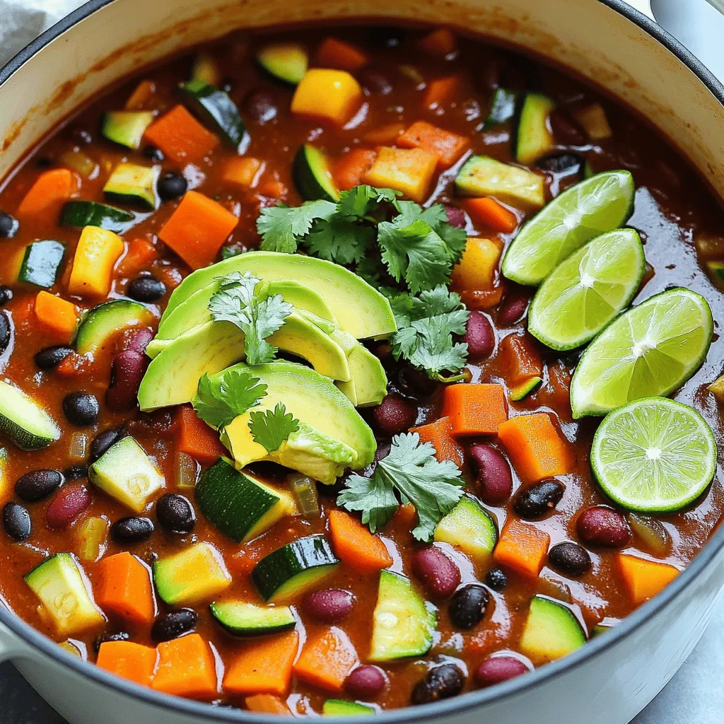 - 1 tablespoon olive oil - 1 small onion, finely diced - 2 cloves garlic, minced - 1 bell pepper (any color), chopped into small pieces - 1 medium zucchini, diced into bite-sized cubes - 1 medium carrot, diced into small pieces - 1 can (15 oz) black beans, drained and rinsed thoroughly - 1 can (15 oz) kidney beans, drained and rinsed thoroughly - 1 can (15 oz) diced tomatoes, including all the juice - 1 cup corn kernels (fresh or frozen) - 2 tablespoons chili powder - 1 teaspoon ground cumin - 1 teaspoon smoked paprika - ½ teaspoon cayenne pepper (optional, for an extra kick) - Salt and black pepper to taste To make a great vegetarian chili, you need some key ingredients. First, olive oil is essential for sautéing. It adds flavor and helps cook the veggies. Next, onion and garlic give the dish a nice base. Their smell makes your kitchen feel warm and inviting. You can add various vegetables like bell pepper, zucchini, and carrot. They bring color and texture. Beans and tomatoes are the heart of the chili. Black beans and kidney beans add protein. Diced tomatoes provide a rich sauce. Finally, spices and seasonings are a must. Chili powder, cumin, and smoked paprika create a warm, spicy flavor. If you like it hot, add cayenne pepper. Don't forget salt and black pepper to taste. - Fresh cilantro - Slices of avocado - Lime wedges Toppings can elevate your chili. Fresh cilantro adds a burst of flavor. It also makes the dish look bright and fresh. Slices of avocado give a creamy touch. They balance the spices well. Lime wedges add a zesty kick. Squeeze some on top for extra taste. For the full recipe, check out the details above. Enjoy making your vegetarian chili! 1. Sautéing the aromatics Start by heating the olive oil in a large pot over medium heat. When the oil shimmers, add the finely diced onion. Sauté for about 5 minutes until the onion is soft and see-through. Next, stir in the minced garlic and cook for one more minute. This step adds a lovely base flavor to your chili. 2. Adding vegetables Now, add the chopped bell pepper, diced zucchini, and carrot to the pot. Sauté these veggies for about 5 to 7 minutes. You want them to soften and release their flavors. This mix gives your chili a colorful and tasty boost. 3. Mixing in beans and spices It’s time to add in the star ingredients! Stir in the black beans, kidney beans, diced tomatoes (with juice), and corn kernels. Then, sprinkle in the chili powder, ground cumin, smoked paprika, cayenne pepper (if you like it spicy), and salt and black pepper to taste. Mix everything well so all the flavors combine. 1. Cooking time and heat adjustments Bring the mixture to a gentle simmer. Once it bubbles, reduce the heat to low. Cover the pot with a lid and let it cook for about 20 to 25 minutes. Stir occasionally. This step helps blend the flavors of your chili and makes it rich. 2. Tips for flavor enhancement After cooking, taste your chili. You can adjust the seasoning if needed. If you want it thicker, uncover the pot and cook for an extra 5 to 10 minutes while stirring. This gives your chili a hearty texture. 1. Garnishing the dish Serve your hot chili in bowls. Top it with fresh chopped cilantro and slices of avocado for creaminess. A squeeze of lime juice adds a zesty finish that brightens the dish. 2. Best accompaniments This chili goes well with warm cornbread, tortilla chips, or a simple green salad. Each bite can be a new experience with these sides! For the full recipe, check out the Fiery Fiesta Vegetarian Chili details above. You can make this chili fit your taste. For a vegan version, just skip the avocado. Use veggie broth instead of water for more flavor. If you love heat, add more cayenne or a chopped jalapeño. You can also play with spices. Try adding smoked chipotle for a smoky twist or some fresh herbs like oregano for extra flavor. You can cook your chili on the stovetop or in a slow cooker. For the stovetop, follow the steps in the Full Recipe. It takes about 45 minutes. If you use a slow cooker, just add all the ingredients and cook on low for 6-8 hours. This will give the flavors time to blend deeply. If you own an Instant Pot, you can make this chili in just 20 minutes. Use the sauté function first for the onions and garlic. Then, add all the other ingredients and set it to pressure cook for 10 minutes. Want to boost nutrition? Add some chopped kale or spinach. These greens blend well and add vitamins. You could also stir in some quinoa for extra protein and fiber. Instead of regular olive oil, try using avocado oil. It has a higher smoke point and adds healthy fats. Swap out regular beans for lentils for a different texture. Just remember, lentils cook faster than beans, so adjust your cooking time. These tips will help make your vegetarian chili even better! {{image_4}} You can make vegetarian chili in many ways. One popular style adds a smoky flavor. You can get this by using smoked paprika or chipotle peppers. These ingredients bring warmth and depth to your dish. If you want something different, try a beanless chili. Instead of beans, use lentils or quinoa. These ingredients provide protein and texture. They also soak up the spices well. Using fresh, seasonal veggies can make your chili taste better. In spring, add asparagus or peas. During summer, use tomatoes and bell peppers. Fall brings squash and sweet potatoes, while winter is great for root veggies like carrots and turnips. You can also use leftovers in your chili. Got extra veggies from dinner? Toss them in! This not only reduces waste but also adds flavor. Adding spices from different cultures can elevate your chili. Try using cumin, coriander, or even curry powder for a twist. Each spice brings a unique taste, making your chili more exciting. You might also enjoy fusion recipes. Think about blending chili with Asian flavors, like ginger and soy sauce. These combinations can surprise your taste buds in a delightful way. For a complete experience, check out the Full Recipe for delicious vegetarian chili ideas! To keep your vegetarian chili fresh, start by cooling it down. Once cool, transfer it to an airtight container. If you plan to eat it within three to four days, refrigerate it. For longer storage, use your freezer. Portion the chili into freezer-safe containers. This way, you can thaw just what you need later. When you're ready to enjoy leftovers, there are a few great methods. The best way is to heat it on the stove. Pour the chili into a pot and warm it over medium heat. Stir occasionally to prevent sticking. This keeps the flavor rich. You can also use a microwave for quick reheating. Just place it in a microwave-safe bowl, cover it, and heat for one to two minutes. Stir halfway through to ensure even heating. Chili lasts in the fridge for about three to four days. In the freezer, it can stay good for up to six months. Always check for signs of spoilage before eating. If it smells sour or has an off color, it’s best to toss it. If you see mold, throw it away too. Storing chili properly helps you enjoy this hearty dish longer! Yes, vegetarian chili is great for meal prep. It stores well in the fridge and freezer. You can make a big batch and keep it for later. This saves time on busy days. The flavors also get better after sitting. You can reheat it easily in the microwave or on the stove. Plus, it’s healthy and filling, making it a smart choice for any meal plan. Yes, you can add meat if you want. Ground beef or turkey works well. Just cook the meat first before adding the other ingredients. Make sure to drain any fat. This keeps the chili rich and hearty. You can also use cooked chicken or sausage. Adjust the spices to match the meat's flavor. If you want to skip the beans, there are good alternatives. You can use lentils, which add protein and fiber. Chopped mushrooms also work well, giving a meaty texture. You can try quinoa for a grainy feel. Other options include diced tofu or tempeh for more protein. These substitutes keep your chili filling and tasty. The spice level is flexible. The chili powder gives it warmth. If you want more heat, add cayenne pepper. You can also use jalapeños for a fresh kick. Taste as you cook and adjust the spices. For milder chili, just use less chili powder. It’s all about what you like! In this post, I covered how to make delicious vegetarian chili. We explored key ingredients, cooking steps, and tips for customization. You learned about different styles and how to store your chili safely. Remember, you can adapt this recipe to suit your taste. Try adding your favorite spices or seasonal veggies. The options are endless! Enjoy experimenting, and don't hesitate to make this chili your own. You'll love the flavors and feel proud of your dish. Happy cooking!