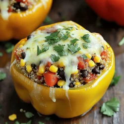- Large bell peppers (any color) - Quinoa - Vegetable broth - Black beans - Corn - Red onion - Garlic - Spices (cumin, smoked paprika, chili powder) - Diced tomatoes - Cheese (sharp cheddar or spicy pepper jack) - Fresh herbs (cilantro or parsley) To make stuffed bell peppers, you need a mix of fresh and pantry ingredients. Start with large bell peppers. You can choose red, yellow, green, or orange. Any color adds great taste and looks. Next, quinoa serves as a healthy base. It cooks in vegetable broth to add flavor. Black beans and corn bring in fiber and sweetness. Red onion and garlic add savory notes. Spices like cumin, smoked paprika, and chili powder give warmth. Diced tomatoes add moisture to the filling. Cheese provides a creamy finish. You can pick sharp cheddar or spicy pepper jack for a kick. Finally, don’t forget fresh herbs like cilantro or parsley for garnish. - Ground meat (beef or turkey) - Additional vegetables (zucchini, mushrooms) - Spicy ingredients (jalapeños, hot sauce) If you want to change it up, consider adding ground meat like beef or turkey. These ingredients make the dish heartier. You can also mix in extra veggies like zucchini or mushrooms. For heat, try adding jalapeños or hot sauce. - Baking dish - Skillet - Pot for quinoa You need a few tools to make this dish. A baking dish holds the peppers while they cook. A skillet is needed for sautéing the onion and garlic. Finally, a pot is essential for cooking the quinoa. These simple ingredients and tools make stuffed bell peppers a fun and easy meal for any occasion. For the full recipe, check out the detailed cooking instructions. To start, take your large bell peppers and slice off the tops. Use a sharp knife to cut around the stem. Be careful not to cut too deep. Next, scoop out the seeds and any white membranes inside. This helps the peppers cook evenly. Now, season the insides lightly with salt and pepper. This step really boosts the flavor. Place the peppers upright in a baking dish, ensuring they stand steady. Grab a medium pot and combine 1 cup of rinsed quinoa with 2 cups of vegetable broth. Bring this mixture to a boil over medium-high heat. Once it reaches a boil, reduce the heat to low. Cover the pot and let it simmer for about 15 minutes. The quinoa should absorb all the liquid and become fluffy. If you want perfect quinoa, avoid stirring it while it cooks. While the quinoa cooks, heat a splash of olive oil in a large skillet over medium heat. Add 1 small chopped red onion and cook until it becomes soft and clear, about 5 minutes. Stir in 2 minced garlic cloves and cook for another minute. Now, add in 1 cup of black beans, 1 cup of corn, and 1 cup of diced tomatoes. Mix in the cooked quinoa, along with 1 teaspoon each of ground cumin, smoked paprika, and chili powder. Season with salt and pepper. Let this mixture cook together for 5 minutes. This helps all the flavors blend nicely. Take the flavorful filling and stuff each bell pepper generously. Press down lightly to ensure they are well-packed. Then, sprinkle 1 cup of shredded cheese on top of each pepper. Cover the baking dish tightly with aluminum foil. Bake in your preheated oven at 375°F (190°C) for 30 minutes. After that, remove the foil and bake for another 10-15 minutes. The peppers should be tender, and the cheese will be melted and bubbly. Enjoy the vibrant colors and aroma of your stuffed bell peppers! For the full recipe, check out the complete cooking guide. Choose bell peppers that are firm and heavy. Look for bright colors like red, yellow, or orange. These colors often mean they are sweeter and more flavorful. Avoid peppers with soft spots or wrinkles. A fresh pepper has smooth skin and a vibrant sheen. Add fresh herbs like cilantro or parsley for a burst of flavor. Spices like cumin and smoked paprika add depth. Consider topping your peppers with cheese or breadcrumbs for a crunchy finish. You can also use avocado or sour cream for creaminess. Set your oven to 375°F (190°C) for best results. Cover the dish with foil for the first half of baking. This step keeps the moisture in and cooks the peppers evenly. Remove the foil later to brown the cheese and finish the dish beautifully. {{image_4}} Stuffed bell peppers can be made in many ways. You can easily change the filling to match your taste or diet. Here are some fun variations you can try. For a tasty vegetarian meal, consider using quinoa and black beans. They add protein and fiber. You can also add extra veggies like diced zucchini or mushrooms. These will give your dish more color and nutrients. Try adding spinach for a fresh twist. You can mix and match these ingredients to find your favorite blend. If you follow a keto diet, swap quinoa for cauliflower rice. It keeps the texture while cutting carbs. You can also use ground meat, like beef or turkey, to boost protein. This will help you stay in your low-carb goals. Adding spices like cumin and chili powder will keep the flavor strong and satisfying. For those with gluten allergies, no need to worry! This recipe is already gluten-free. You can also make it dairy-free by skipping the cheese or using a dairy-free option. Nutritional yeast can give a cheesy flavor without the dairy. Make sure to check all labels to ensure your ingredients are safe. Feel free to explore these variations and create your perfect stuffed bell peppers. For a detailed guide on making these delicious meals, check out the Full Recipe. After enjoying your stuffed bell peppers, store any leftovers in the fridge. Place them in an airtight container. They will stay fresh for about 3 to 4 days. To keep them from getting soggy, avoid adding extra sauce until you reheat. If you want to save some for later, freezing is a good option. Wrap each stuffed pepper in plastic wrap or foil. Place them in a freezer-safe bag or container. They can last for about 2 to 3 months in the freezer. To reheat, thaw in the fridge overnight. Then bake in the oven at 350°F (175°C) until heated through. Fresh stuffed peppers taste great, but reheating can still bring joy. To keep the texture nice, cover them with foil while baking. This keeps moisture in and prevents drying out. Add some fresh herbs after reheating for a burst of flavor. For the best taste, enjoy them fresh, but know that reheated ones can be just as satisfying. Stuffed bell peppers last about 3 to 5 days in the fridge. Store them in an airtight container. This keeps them fresh and safe to eat. You can enjoy them as leftovers during the week. Yes, you can prepare stuffed bell peppers ahead of time. You can make the filling and stuff the peppers. Then, cover them and store in the fridge until you are ready to bake. This makes meal prep easy and saves time. Peppers are done when they are tender and the cheese is bubbly. You can check with a fork. If it goes in easily, they are ready. The cooking time is usually around 40 to 45 minutes total. Absolutely! You can use other grains or ingredients instead of quinoa. Brown rice, couscous, or even ground meat work well. Be creative and adjust based on what you have at home. Stuffed bell peppers pair well with many sides. Consider serving them with a fresh salad or some crusty bread. You can also add a dollop of yogurt or sour cream for extra flavor. Yes, frozen bell peppers can be used for stuffing. Just thaw them before use. Drain any extra water to prevent sogginess, and then stuff them as usual. They can be a convenient option for quick meals. Stuffed bell peppers are tasty, filling, and easy to make. You can use fresh peppers and a variety of ingredients to suit your tastes. Mixing quinoa, beans, veggies, and spices enhances flavor and nutrition. Consider different variations like meat or keto substitutes to appeal to everyone. Following these steps and tips ensures a delicious meal. By preparing a few ahead of time, you can enjoy stuffed peppers anytime. Keep trying new flavors and enjoy this versatile dish that can please any crowd.