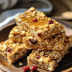 To make tasty homemade granola bars, we need a few key ingredients: - 1 ½ cups rolled oats - ½ cup almond butter - ¼ cup honey or maple syrup These ingredients form the base of our bars. Rolled oats add texture and fiber. Nut butter gives protein and richness. Sweeteners like honey or maple syrup bind everything and add sweetness. You can customize your granola bars with fun extras. Here are some ideas: - Nuts and seeds (e.g., almonds, walnuts, sunflower seeds) - Dried fruits (e.g., cranberries, raisins) - Chocolate or other flavor enhancements Adding nuts and seeds gives crunch and healthy fats. Dried fruits provide natural sweetness and chewiness. If you want a treat, mix in some chocolate chips or cocoa powder for extra flavor. Try different combinations to find your favorite mix. You can also check the Full Recipe for more ideas. 1. Prepping the baking pan: Start by preheating your oven to 350°F (175°C). Grab an 8x8 inch baking pan. Line it with parchment paper, leaving some paper hanging over the edges. This will help you lift the bars out later. 2. Mixing dry ingredients: In a large bowl, add the rolled oats, chopped mixed nuts, sunflower seeds, dried cranberries, and a pinch of salt. Mix them well. This step is key. You want the dry ingredients to blend nicely. 3. Preparing the wet mixture and combining: On low heat, warm the almond butter and honey (or maple syrup) in a small saucepan. Stir it gently until it turns smooth. Once it's ready, remove it from the heat and add the vanilla extract. Pour this warm mixture over the dry ingredients. Stir until everything is coated well. If you like chocolate, fold in the dark chocolate chips here for added fun! 1. Baking time and temperature: Transfer your mixture into the lined baking pan. Use a spatula to press it down firmly and evenly. This is important for the bars to hold together. Place the pan in your preheated oven. Bake for about 15 to 20 minutes. You want the edges to turn a nice golden brown. 2. Cooling the bars before slicing: Once baked, let the granola bars cool in the pan for about 10 minutes. Carefully lift them out by the parchment paper. Set them on a wire rack to cool completely. This cooling step is critical. It helps the bars firm up before you slice them into pieces. Make sure to check out the Full Recipe for more details! Enjoy your homemade granola bars! To make sure your granola bars hold together, you need to press the mixture firmly into the pan. This helps all the ingredients stick as they bake. Look for a golden brown color at the edges when they are done. They should be firm but not too hard. If they are too soft, they may fall apart. You can easily make these granola bars vegan. Just swap honey for maple syrup. For gluten-free options, use gluten-free oats and check all your ingredients. This way, you can enjoy a tasty snack that fits your diet. Remember, the key is to have fun and be creative with your mix-ins! {{image_4}} You can easily change the flavor of your granola bars. Try adding spices like cinnamon or nutmeg. These spices bring warmth and depth, making each bite special. If you want something different, consider savory options. Herb granola bars with rosemary or thyme can surprise your taste buds. This twist makes them perfect for a snack or light meal. The texture of your granola bars can also change how they taste. You can make chewy bars by using more nut butter or honey. For crunchier bars, use less wet ingredients and add crispy rice. Puffed grains add airiness and a fun crunch. Mixing in your favorite nuts or seeds can also change the texture. You might try using chia seeds for a unique bite. These variations let you personalize your granola bars. The full recipe gives you the perfect base to start experimenting. To keep your homemade granola bars fresh, use airtight containers. These containers block air, which helps prevent the bars from becoming stale. You can also wrap them in parchment paper. This method keeps them neat and easy to grab. If you choose to wrap them, make sure to cover them tightly. This way, they stay fresh longer. For best results, store your bars in a cool, dry place. They can last about one week at room temperature. If you want to keep them longer, consider freezing. Freezing granola bars is a smart way to keep them fresh for months. To freeze them, first cut the bars into squares or rectangles. Then wrap each bar in plastic wrap or foil. After that, place the wrapped bars in a freezer-safe bag. Be sure to remove as much air as possible to avoid freezer burn. When you're ready to eat a bar, simply take it out of the freezer. Let it thaw at room temperature for about 30 minutes. For a quicker option, you can microwave it for a few seconds. This will help keep the flavor and texture just right, so you can enjoy your homemade granola bars anytime! How can I make these granola bars healthier? You can swap almond butter for peanut butter or use less sweetener. Add in more seeds or nuts for extra protein. Consider using whole grain oats instead of processed oats to boost fiber. You can even replace part of the sweetener with mashed bananas or applesauce for natural sweetness. Can I substitute ingredients based on allergies? Yes! If you are allergic to nuts, use sunflower seed butter. You can also use pumpkin seeds instead of nuts. Substitute honey with agave syrup if you need a vegan option. Just keep the ratios similar to ensure good texture. How long do homemade granola bars last? These granola bars stay fresh for about a week at room temperature. Store them in an airtight container. For longer storage, they can last up to three months in the freezer. Make sure to wrap them well to avoid freezer burn. What’s the best way to cut granola bars without crumbling? To cut granola bars without crumbling, let them cool completely. Use a sharp knife and cut them in one smooth motion. You can also warm the knife slightly to help it glide through the bars more easily. What is the nutritional value of homemade granola bars? Homemade granola bars are rich in fiber, protein, and healthy fats. They can provide a balanced energy boost. Each bar typically has around 150-200 calories, depending on the ingredients used. Check specific ingredients for exact values. Are homemade granola bars cost-effective compared to store-bought? Yes, making homemade granola bars is usually cheaper than buying them. Store-bought bars can cost up to $2 each. By making your own, you can spend less than $1 per bar, especially if you buy ingredients in bulk. Can I make granola bars without baking? Absolutely! You can make no-bake granola bars by combining the ingredients and pressing them into a pan. Chill in the refrigerator until firm. This method is quick and easy, perfect for hot days when you want to avoid the oven. Check the Full Recipe for guidance on both methods. Making homemade granola bars is simple and fun. You learned about key ingredients like oats, nut butter, and sweeteners. We explored how to mix and bake for perfect bars. Tips on storage and variations let you customize your snacks. Overall, these bars are nutritious, tasty, and easy to adapt. Now, you can create delicious granola bars that fit your taste and needs. Enjoy trying new flavors and sharing your creations!