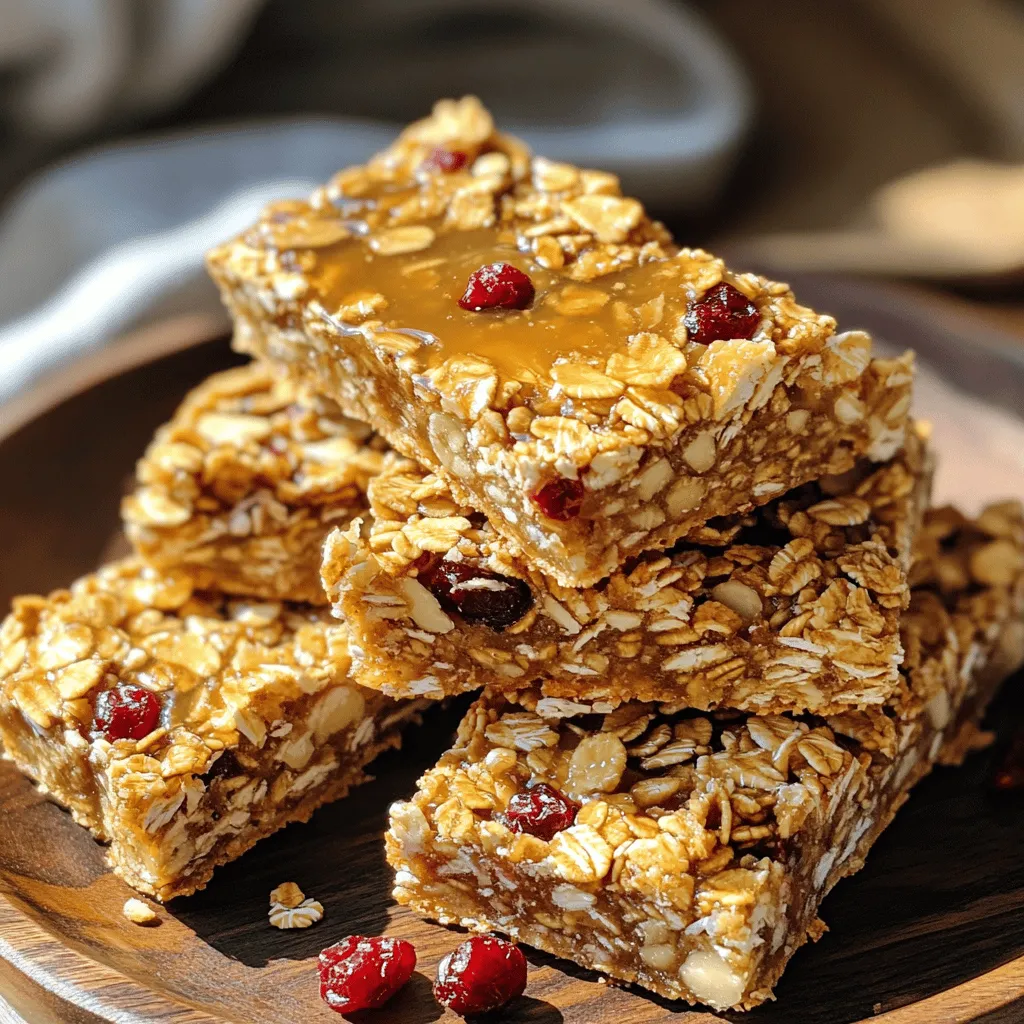 To make tasty homemade granola bars, we need a few key ingredients: - 1 ½ cups rolled oats - ½ cup almond butter - ¼ cup honey or maple syrup These ingredients form the base of our bars. Rolled oats add texture and fiber. Nut butter gives protein and richness. Sweeteners like honey or maple syrup bind everything and add sweetness. You can customize your granola bars with fun extras. Here are some ideas: - Nuts and seeds (e.g., almonds, walnuts, sunflower seeds) - Dried fruits (e.g., cranberries, raisins) - Chocolate or other flavor enhancements Adding nuts and seeds gives crunch and healthy fats. Dried fruits provide natural sweetness and chewiness. If you want a treat, mix in some chocolate chips or cocoa powder for extra flavor. Try different combinations to find your favorite mix. You can also check the Full Recipe for more ideas. 1. Prepping the baking pan: Start by preheating your oven to 350°F (175°C). Grab an 8x8 inch baking pan. Line it with parchment paper, leaving some paper hanging over the edges. This will help you lift the bars out later. 2. Mixing dry ingredients: In a large bowl, add the rolled oats, chopped mixed nuts, sunflower seeds, dried cranberries, and a pinch of salt. Mix them well. This step is key. You want the dry ingredients to blend nicely. 3. Preparing the wet mixture and combining: On low heat, warm the almond butter and honey (or maple syrup) in a small saucepan. Stir it gently until it turns smooth. Once it's ready, remove it from the heat and add the vanilla extract. Pour this warm mixture over the dry ingredients. Stir until everything is coated well. If you like chocolate, fold in the dark chocolate chips here for added fun! 1. Baking time and temperature: Transfer your mixture into the lined baking pan. Use a spatula to press it down firmly and evenly. This is important for the bars to hold together. Place the pan in your preheated oven. Bake for about 15 to 20 minutes. You want the edges to turn a nice golden brown. 2. Cooling the bars before slicing: Once baked, let the granola bars cool in the pan for about 10 minutes. Carefully lift them out by the parchment paper. Set them on a wire rack to cool completely. This cooling step is critical. It helps the bars firm up before you slice them into pieces. Make sure to check out the Full Recipe for more details! Enjoy your homemade granola bars! To make sure your granola bars hold together, you need to press the mixture firmly into the pan. This helps all the ingredients stick as they bake. Look for a golden brown color at the edges when they are done. They should be firm but not too hard. If they are too soft, they may fall apart. You can easily make these granola bars vegan. Just swap honey for maple syrup. For gluten-free options, use gluten-free oats and check all your ingredients. This way, you can enjoy a tasty snack that fits your diet. Remember, the key is to have fun and be creative with your mix-ins! {{image_4}} You can easily change the flavor of your granola bars. Try adding spices like cinnamon or nutmeg. These spices bring warmth and depth, making each bite special. If you want something different, consider savory options. Herb granola bars with rosemary or thyme can surprise your taste buds. This twist makes them perfect for a snack or light meal. The texture of your granola bars can also change how they taste. You can make chewy bars by using more nut butter or honey. For crunchier bars, use less wet ingredients and add crispy rice. Puffed grains add airiness and a fun crunch. Mixing in your favorite nuts or seeds can also change the texture. You might try using chia seeds for a unique bite. These variations let you personalize your granola bars. The full recipe gives you the perfect base to start experimenting. To keep your homemade granola bars fresh, use airtight containers. These containers block air, which helps prevent the bars from becoming stale. You can also wrap them in parchment paper. This method keeps them neat and easy to grab. If you choose to wrap them, make sure to cover them tightly. This way, they stay fresh longer. For best results, store your bars in a cool, dry place. They can last about one week at room temperature. If you want to keep them longer, consider freezing. Freezing granola bars is a smart way to keep them fresh for months. To freeze them, first cut the bars into squares or rectangles. Then wrap each bar in plastic wrap or foil. After that, place the wrapped bars in a freezer-safe bag. Be sure to remove as much air as possible to avoid freezer burn. When you're ready to eat a bar, simply take it out of the freezer. Let it thaw at room temperature for about 30 minutes. For a quicker option, you can microwave it for a few seconds. This will help keep the flavor and texture just right, so you can enjoy your homemade granola bars anytime! How can I make these granola bars healthier? You can swap almond butter for peanut butter or use less sweetener. Add in more seeds or nuts for extra protein. Consider using whole grain oats instead of processed oats to boost fiber. You can even replace part of the sweetener with mashed bananas or applesauce for natural sweetness. Can I substitute ingredients based on allergies? Yes! If you are allergic to nuts, use sunflower seed butter. You can also use pumpkin seeds instead of nuts. Substitute honey with agave syrup if you need a vegan option. Just keep the ratios similar to ensure good texture. How long do homemade granola bars last? These granola bars stay fresh for about a week at room temperature. Store them in an airtight container. For longer storage, they can last up to three months in the freezer. Make sure to wrap them well to avoid freezer burn. What’s the best way to cut granola bars without crumbling? To cut granola bars without crumbling, let them cool completely. Use a sharp knife and cut them in one smooth motion. You can also warm the knife slightly to help it glide through the bars more easily. What is the nutritional value of homemade granola bars? Homemade granola bars are rich in fiber, protein, and healthy fats. They can provide a balanced energy boost. Each bar typically has around 150-200 calories, depending on the ingredients used. Check specific ingredients for exact values. Are homemade granola bars cost-effective compared to store-bought? Yes, making homemade granola bars is usually cheaper than buying them. Store-bought bars can cost up to $2 each. By making your own, you can spend less than $1 per bar, especially if you buy ingredients in bulk. Can I make granola bars without baking? Absolutely! You can make no-bake granola bars by combining the ingredients and pressing them into a pan. Chill in the refrigerator until firm. This method is quick and easy, perfect for hot days when you want to avoid the oven. Check the Full Recipe for guidance on both methods. Making homemade granola bars is simple and fun. You learned about key ingredients like oats, nut butter, and sweeteners. We explored how to mix and bake for perfect bars. Tips on storage and variations let you customize your snacks. Overall, these bars are nutritious, tasty, and easy to adapt. Now, you can create delicious granola bars that fit your taste and needs. Enjoy trying new flavors and sharing your creations!