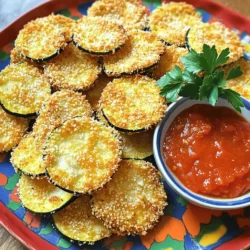 To make delicious Parmesan crusted zucchini chips, you need simple ingredients. Here’s the list: - Zucchini and its preparation - 2 medium zucchinis, sliced into thin rounds - Seasoning details - 1 teaspoon garlic powder - 1 teaspoon onion powder - 1 teaspoon dried oregano - 1/2 teaspoon salt - 1/2 teaspoon black pepper - Coating components - 1 cup grated Parmesan cheese - 1 cup breadcrumbs (panko preferred for extra crunch) - 2 large eggs, beaten - Olive oil spray Zucchini is a great base for this recipe. It has a mild taste, so it absorbs flavors well. The Parmesan cheese adds a rich, savory kick. The breadcrumbs, especially panko, create a crispy texture that makes these chips irresistible. The spices, like garlic and oregano, add depth. They make each bite burst with flavor. Using fresh eggs helps the coating stick well to the zucchini. Finally, a light spray of olive oil ensures a golden finish. For the full recipe, check out the detailed steps to create these tasty snacks! Start by setting your oven to 425°F (220°C). This temperature is key for getting that perfect crunch. While it heats, line a baking sheet with parchment paper to make cleanup simple. This step helps the chips not stick and keeps them crispy. In a shallow bowl, mix 1 cup of grated Parmesan cheese and 1 cup of breadcrumbs. I like using panko for extra crunch. Add 1 teaspoon each of garlic powder, onion powder, and dried oregano. Don’t forget 1/2 teaspoon of salt and pepper. Stir everything together until it’s well blended. This mix adds flavor to your chips. Take a zucchini slice and dip it into the beaten eggs first. Make sure it gets fully coated. Then, move it to the breadcrumb mix. Press down gently so the coating sticks well. This step is important for even coverage and great taste. Place the coated zucchini chips in a single layer on your baking sheet. For a crispy finish, lightly spray the tops with olive oil. Bake them in the preheated oven for about 15-20 minutes. Keep an eye on them. You want them golden brown and crunchy. After baking, let the chips cool for a few minutes. This helps the flavors settle and keeps them from burning your mouth. Serve them on a bright platter. Pair with marinara sauce or a creamy yogurt dip for extra flavor. You can even add fresh herbs like parsley or basil for a lovely touch. Check out the full recipe if you want to dive deeper into each step! For the best crunch, use panko breadcrumbs. They help create a light and airy texture. When you bake, make sure to lay the zucchini chips flat in a single layer. Avoid crowding them on the baking sheet. This allows hot air to circulate, leading to even cooking. Lightly spray the tops with olive oil to boost crispiness. To take your zucchini chips up a notch, try adding a pinch of paprika or cayenne pepper. These spices can give a nice kick. You might also consider fresh herbs like thyme or rosemary for a fragrant touch. These flavors pair well with Parmesan, making your chips even more delicious. For dipping, I recommend marinara sauce or a cool yogurt dip. Both add a nice contrast to the crispy chips. To make your dish look great, serve the chips on a colorful platter. Sprinkle fresh herbs on top for a pop of color. This not only makes the dish eye-catching but also enhances the flavors. You can find the full recipe for Parmesan Crusted Zucchini Chips in the article. {{image_4}} You can change the flavor by using other cheeses. Some good options are cheddar, mozzarella, or goat cheese. Each cheese brings its own taste. If you use a stronger cheese like cheddar, reduce the amount slightly. Aim for about three-quarters of a cup instead of one cup. This keeps the flavor balanced and tasty. To make this dish gluten-free, swap regular breadcrumbs for gluten-free ones. Look for brands made from rice or corn. These options still give a nice crunch. If you need an egg substitute, use a mix of ground flaxseed and water. Mix one tablespoon of flaxseed with two and a half tablespoons of water. Let it sit for a few minutes until it thickens. Try different herbs and spices to change the taste. You can use paprika for a smoky flavor or Italian herbs for a classic twist. A mix of rosemary and thyme adds a lovely aroma. Feel free to get creative! Combining several seasonings can also make a unique flavor profile. Just remember to keep it balanced so no one spice overpowers the others. To keep your Parmesan crusted zucchini chips fresh, store them in an airtight container. This helps to lock in flavor and crispness. Use a container that is not too big, so the chips do not move around too much. If possible, place a paper towel inside to absorb any moisture. This keeps the chips from getting soggy. To reheat your zucchini chips, use an oven or an air fryer. Preheat your oven to 375°F (190°C) for the best results. Place the chips on a baking sheet and heat for about 5-7 minutes. This method helps them regain their crunchy texture. If using an air fryer, set it to 350°F (175°C) and heat for 3-5 minutes. Enjoy your chips crispy, just like when they were fresh! Yes, you can use other veggies! Eggplant, sweet potatoes, and carrots work great. Slice them thin, just like zucchini. Each veggie brings its own flavor. You might need to adjust cooking times. Keep an eye on them while baking. To keep your chips crispy, follow these tips: - Pat the zucchini dry with paper towels. This removes extra moisture. - Use panko breadcrumbs for extra crunch. They are lighter and crispier than regular ones. - Bake at a high temperature. This helps them crisp up faster. - Avoid overcrowding the baking sheet. Give them space to breathe. These chips pair well with many snacks and meals: - Serve with marinara sauce for dipping. The tangy flavor complements the chips. - Try a creamy yogurt dip. It adds a cool touch. - They make a great side for grilled meats. The crunch contrasts well with juicy dishes. - Enjoy them alone as a healthy snack! To add heat, try these ideas: - Mix some cayenne pepper into the breadcrumb mixture. Start with a small amount. - Use spicy cheese instead of regular Parmesan. Pepper jack is great. - Add red pepper flakes for a kick. Sprinkle them on before baking. Yes, this recipe is perfect for meal prep! Here are some tips: - Bake a big batch and store them in an airtight container. - Keep them in the fridge for up to three days. - Reheat in the oven to regain crispiness. Use 350°F (175°C) for about 10 minutes. - You can also freeze them. Just make sure they cool first. This blog post showed how to make tasty Parmesan Crusted Zucchini Chips. We covered ingredients, prep steps, tips for crispiness, and variations to try. You now have the tools to create exciting snacks that fit your taste. Experiment with different spices and veggies to make the recipe your own. With the right techniques, you can enjoy perfect chips every time. Remember, cooking is about fun and creativity—so let your imagination shine!