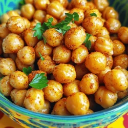 To make crispy air fryer chickpeas, you need just a few key items. Here’s what you will need: - 1 can (15 oz) chickpeas, drained and thoroughly rinsed - 1 tablespoon extra virgin olive oil - 1 teaspoon smoked paprika - 1 teaspoon garlic powder - 1/2 teaspoon ground cumin - 1/2 teaspoon sea salt - 1/4 teaspoon freshly cracked black pepper You can customize the flavor of your chickpeas with optional seasonings. Here are some ideas: - A pinch of cayenne pepper for heat - Fresh parsley or cilantro, finely chopped for garnish You don’t need much to get started. Here’s what you will need: - An air fryer - A mixing bowl - Paper towels for drying - A spoon for mixing With these ingredients and tools, you are ready to make a healthy snack. For the full recipe, check out the detailed instructions above. Start by preheating your air fryer to 400°F (200°C). This step takes about 5 minutes. It helps your chickpeas cook evenly and become crispy. Next, take a can of chickpeas and drain it. Rinse them under cold water to remove any canning liquid. Now, pat the rinsed chickpeas dry with a clean paper towel. This is very important! If the chickpeas are wet, they will not get that perfect crunch you want. In a large mixing bowl, add the dried chickpeas. Drizzle one tablespoon of extra virgin olive oil over them. Then, add your spices: one teaspoon of smoked paprika, one teaspoon of garlic powder, half a teaspoon of ground cumin, half a teaspoon of sea salt, and a quarter teaspoon of black pepper. If you like it spicy, add a pinch of cayenne pepper. Use a spoon or your hands to toss everything together. Make sure each chickpea has a nice coating of oil and spices. Now it's time to cook! Carefully place the seasoned chickpeas in a single layer in the air fryer basket. Avoid stacking them on top of each other. This allows hot air to circulate and crisp them up. Air fry the chickpeas for about 15-20 minutes. Remember to shake the basket halfway through cooking. This will help them brown evenly. When they are done, they should be golden and crunchy. Take them out and let them cool for a few minutes. This cooling time helps them crisp up even more. Finally, transfer your crispy chickpeas to a serving bowl. You can garnish them with fresh parsley or cilantro for a pop of color. Enjoy this tasty snack! Check out the Full Recipe for all the details. To get crunchy chickpeas, start by drying them well. After rinsing, use a paper towel to soak up excess water. This step is very important. Next, use enough oil but not too much. One tablespoon works well. Make sure to space out the chickpeas in the air fryer basket. If they touch, they will steam instead of crisp. Air fry at 400°F for 15 to 20 minutes. Shake the basket halfway for even cooking. Let them cool for a few minutes to get that extra crunch. One common mistake is skipping the drying step. If the chickpeas are wet, they won’t be crispy. Another mistake is overcrowding the basket. When too many chickpeas are in one place, they can turn soggy. Always cook in a single layer. Also, be careful with the seasonings. Adding too much salt can overpower the flavor. Stick to the amounts in the Full Recipe for the best taste. You can easily boost the flavor of your chickpeas. Try adding different spices like chili powder or onion powder. Fresh herbs also add a nice touch. After cooking, sprinkle some lemon juice for brightness. If you like heat, a pinch of cayenne pepper gives a nice kick. You can also mix in some Parmesan cheese after cooking for a savory twist. Experiment with flavors to find your perfect combination! {{image_4}} You can change the flavor of your crispy air fryer chickpeas with different spices. Try using curry powder for a warm taste. Or add Italian herbs like oregano and thyme for a fresh twist. Lemon zest can brighten up your dish. You might also like using ranch seasoning for a fun kick. Mix and match your spices to find your favorite blend! If you love heat, add more cayenne or chili powder. For a milder snack, skip the spicy seasonings. You can also use smoked paprika for a light smokiness without heat. Balance flavors by combining spicy and mild. This way, everyone at your table can enjoy them! Crispy chickpeas are great on their own, but you can serve them in fun ways. Use them as a salad topping for extra crunch. They also work well in grain bowls like quinoa or brown rice. For a tasty dip, pair them with hummus or a yogurt sauce. You can even use them as a crunchy snack during movie night! Explore these ideas to make your crispy chickpeas shine. To keep your crispy air fryer chickpeas fresh, store them in an airtight container. This prevents moisture from making them soggy. You can use a glass jar or a plastic container with a tight lid. Make sure the chickpeas are completely cool before sealing them. If you have leftovers, try to avoid stacking them to maintain their crunch. If your chickpeas lose their crispness, don't worry! You can easily reheat them. Place them back in the air fryer at 350°F (175°C) for about 5-7 minutes. This method revives their crunch. You could also use an oven. Just spread them on a baking sheet and heat for a few minutes. Check often to avoid burning. Crispy air fryer chickpeas can last for about 4-5 days at room temperature. After that, they may lose their crispness or flavor. If you want to keep them longer, you can store them in the fridge. Just remember, they might not be as crunchy. For the best taste, enjoy them fresh! For the complete recipe, check the Full Recipe section. Yes, you can use dried chickpeas. However, you must cook them first. Soak dried chickpeas overnight in water. Then, boil them until tender. This takes about 1 to 2 hours. After that, rinse and drain them before air frying. Using dried chickpeas adds a fresh taste and texture. Just be sure they are fully cooked for the best results. To keep chickpeas crispy, it’s crucial to dry them well. After rinsing, pat them with a paper towel. Excess moisture leads to sogginess. Also, air fry in a single layer. Overcrowding the air fryer can trap steam. This steam causes the chickpeas to lose their crunch. Shake the basket halfway through cooking to promote even crisping. Yes, crispy air fryer chickpeas are a healthy snack. They are high in protein and fiber. This makes them filling and nutritious. Using olive oil adds healthy fats. The spices enhance flavor without extra calories. Compared to fried snacks, these chickpeas are a better choice. They satisfy cravings while being good for your body. For a full recipe, check out the crispy air fryer chickpeas section. Crispy air fryer chickpeas are easy to make and fun to eat. We covered the key ingredients, preparation steps, and tips for a perfect crunch. You learned about seasoning options, serving ideas, and how to store your tasty snacks. Remember, avoiding common mistakes helps keep your chickpeas crispy. Enjoy experimenting with flavors to find your favorite. Now, it’s time to try making your own crispy chickpeas and impress your friends and family. Happy cooking!