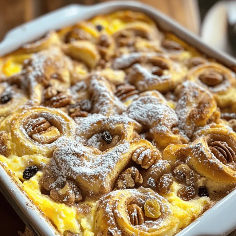 To make a delicious cinnamon roll casserole, you need simple and tasty ingredients. Here’s what you’ll need: - 2 cans of refrigerated cinnamon rolls (15 oz each) - 4 large eggs - 1 cup whole milk - 1/2 cup pure maple syrup - 1 teaspoon vanilla extract - 1 teaspoon ground cinnamon - 1/4 teaspoon ground nutmeg - 1/2 cup pecans, chopped (optional) - 1/2 cup raisins (optional) - Powdered sugar for drizzling These ingredients combine to create a warm and gooey breakfast delight. The cinnamon rolls give a fluffy texture, while the eggs and milk make a rich custard. Maple syrup adds sweetness, and spices like cinnamon and nutmeg bring warmth. If you enjoy a bit of crunch, consider adding pecans. Raisins add a nice chewiness too. Feel free to experiment based on your taste. You can find the full recipe [here](#). - Preheat the oven to 375°F (190°C). - Grease a 9x13 inch baking dish. - Cut cinnamon rolls into quarters and arrange in the baking dish. First, you need to preheat your oven to 375°F (190°C). This helps your casserole cook evenly. While the oven warms up, grab a 9x13 inch baking dish. Lightly grease it with butter or cooking spray. This helps prevent sticking. Now, open your cans of cinnamon rolls. Cut each roll into quarters. Spread these pieces out in the baking dish. Make sure they fit snugly and cover the bottom. - Whisk eggs, milk, maple syrup, vanilla extract, cinnamon, and nutmeg together. Next, let's make the egg mixture. In a medium bowl, crack four large eggs. Add one cup of whole milk, half a cup of pure maple syrup, and one teaspoon each of vanilla extract and ground cinnamon. Finish with a quarter teaspoon of ground nutmeg. Use a whisk to mix everything well. This mixture adds flavor and moisture to the casserole. - Pour the egg mixture over cinnamon rolls and add pecans and raisins. - Press down to ensure even soaking. Now, pour the egg mixture over the cinnamon rolls in the dish. Use a spatula or fork to coat all the pieces. If you want, sprinkle half a cup of chopped pecans and half a cup of raisins on top. Gently press down on the cinnamon rolls with your hands. This helps them soak up the egg mixture. - Bake for 25-30 minutes until golden brown and a toothpick comes out clean. - Cool for 5-10 minutes before serving. Place the baking dish in your preheated oven. Bake for 25 to 30 minutes. The casserole is done when it is golden brown. You can check this by inserting a toothpick in the center. If it comes out clean, it’s ready. Once baked, take it out and let it cool for 5 to 10 minutes. This cooling time helps the casserole set up perfectly. Enjoy your delicious creation with family and friends! For the full recipe, check out the details above. - Ensure even coating of cinnamon roll pieces for better texture. This step helps each piece soak up the egg mixture. - Use fresh ingredients for maximum flavor. Fresh eggs and milk enhance the taste of your casserole. - Serve with a drizzle of cream cheese frosting. This adds a sweet, creamy touch to each bite. - Pair with fresh fruit or whipped cream. Berries or bananas can balance the sweetness and add freshness. These tips and tricks will help you make the best cinnamon roll casserole. For the full recipe, check the details above. Enjoy your cooking! {{image_4}} You can easily change the flavor of your cinnamon roll casserole. Instead of maple syrup, try honey or agave syrup. Both options add a different sweetness. You can also swap the whole milk for flavored creamers. Imagine a vanilla or hazelnut twist in every bite! If you need to make dietary changes, it’s simple! Use gluten-free cinnamon rolls to make the dish gluten-free. This way, everyone can enjoy it. For a dairy-free version, choose alternative milks like almond or oat milk. You can also use egg substitutes to make it work for your needs. These options help everyone enjoy this tasty breakfast delight! You can store any leftover cinnamon roll casserole in an airtight container. It will stay fresh in the fridge for up to 3 days. Make sure to let it cool down before sealing it up. This way, it will taste great when you reheat it. If you want to keep it longer, freeze portions in freezer-safe containers. It can last for up to 2 months in the freezer. When you're ready to enjoy it again, just reheat it in the oven or microwave. This makes for a quick and easy breakfast option on busy mornings. Yes, you can prepare and refrigerate the casserole overnight. This makes your morning easier. Just bake it in the morning. It will still taste amazing. To check if the casserole is done, insert a toothpick into the center. If it comes out clean, your casserole is ready. The top will also look golden brown. Absolutely! You can use other sweet rolls. Chocolate or raspberry rolls add fun flavors. Get creative with what you have at home. I love pairing this casserole with coffee. Orange juice or milk also works great. These drinks complement the sweet flavors perfectly. For the full recipe, check out the [Full Recipe]. This blog shared a simple recipe for a delicious Cinnamon Roll Casserole. You learned about ingredients, step-by-step instructions, and helpful tips. The dish is versatile, allowing flavor and dietary changes to fit your needs. Remember to store leftovers properly for later enjoyment. Whether you prepare it in advance or add your twist, this casserole is a fun dish for any meal. Enjoy sharing this recipe with friends and family!