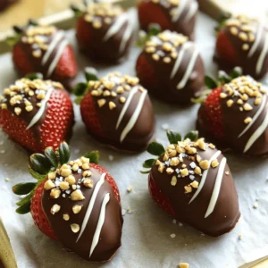 To make chocolate-covered strawberries, start with fresh strawberries. Look for ripe, juicy ones. Choose berries that are bright red, firm, and free from blemishes. You want them to be sweet and flavorful. Rinse them gently under cool water and remove the green tops. Dry them well with a clean towel. Any moisture will cause the chocolate to seize, so this step is crucial. Next, select the chocolate. I love using dark chocolate for its rich flavor. A good choice is 60-70% cocoa. This chocolate melts beautifully and pairs well with strawberries. You can also use white chocolate for a fun twist. It adds a creamy touch and looks great when drizzled over dark chocolate. If you want a smoother finish, add a bit of coconut oil to the chocolate before melting it. This will help your chocolate glide on easily. For a special touch, consider optional add-ins. Sea salt flakes elevate the flavor and add a gourmet look. You can also sprinkle crushed nuts or colorful sprinkles on top. These add texture and make your strawberries pop. Get creative! You can even use shredded coconut or edible glitter for a unique finish. For the full recipe, check out the details on how to put everything together. First, gather your fresh strawberries. Use one pound for this treat. Make sure they are hulled, which means the green stems are removed. Wash the strawberries gently, and then dry them completely. Any water will make the chocolate clump. Lay them on a clean towel to air dry for a few minutes. Now, let's melt the dark chocolate. Take eight ounces of dark chocolate and chop it finely. Set a heatproof bowl over a pot of simmering water. This is called a double boiler. Add the chopped chocolate to the bowl. Stir it gently as it melts. Keep stirring until it becomes smooth. If you want it creamier, add one tablespoon of coconut oil while melting. When the chocolate is melted, it’s time to dip the strawberries. Hold each strawberry by the stem. Dip it into the warm chocolate, covering it evenly. Swirl it to get a good coat. Let any extra chocolate drip back into the bowl. Place the dipped strawberries on a parchment-lined baking sheet. Make sure they are spaced apart so they don’t touch. Next, we’ll add a fun touch with white chocolate. Take four ounces of white chocolate and chop it finely too. Use the same double boiler method to melt it. After it’s smooth, use a fork or a piping bag to drizzle it over the dark chocolate strawberries. Create a zigzag pattern for a beautiful look. Before the chocolate sets, sprinkle some sea salt flakes on top for flavor. You can also add crushed nuts or colorful sprinkles if you like. These will make your strawberries look even more festive. Once you’ve decorated them, place the baking sheet in the fridge. Let the strawberries chill for about 30 minutes until the chocolate hardens completely. With these easy steps, you’ll have some delicious chocolate-covered strawberries ready to enjoy! For the full recipe, check out the details above. Pick ripe, fresh strawberries for the best flavor. Look for bright red berries with no dark spots. Firm strawberries are key. Smaller berries often have more taste. Always choose organic if possible. They are better for you and taste great. Wash them gently and dry them well. Any moisture will ruin the chocolate. Melting chocolate can be tricky. A double boiler works well. Fill a pot with water and let it simmer. Place a heatproof bowl on top of the pot. Add your chopped chocolate to the bowl. Stir gently as it melts. This method keeps the chocolate from burning. You can also use the microwave. Heat in short bursts, stirring in between. Be careful not to overheat it. Chocolate can seize if it gets wet. To prevent this, make sure your strawberries are dry before dipping. Avoid letting any water touch the chocolate. If you add coconut oil, it can help keep chocolate smooth. If it does seize, you can try adding a little warm cream. Stir until it becomes smooth again. This gives you a chance to save your treats! For the full recipe, check [Full Recipe]. {{image_4}} You can choose between milk chocolate and dark chocolate. Milk chocolate is sweet and creamy. It pairs well with fresh strawberries. Dark chocolate has a rich taste and less sugar. It gives a more intense flavor. Both types work great for dipping strawberries. Try mixing them for a fun twist! Adding flavor to your chocolate is easy and fun. You can stir in a drop of vanilla extract for a warm taste. For a unique twist, add a hint of orange or peppermint extract. Just remember, a little goes a long way. Make sure to mix it well before dipping your strawberries. You can use many toppings to make your strawberries special. Here are some ideas: - Crushed nuts for crunch - Colorful sprinkles for fun - Shredded coconut for a tropical touch - Drizzled caramel for sweetness Feel free to get creative! Mixing and matching toppings makes each strawberry unique. Don't forget to check the [Full Recipe] for guidance on what works best. You should store chocolate-covered strawberries in a cool place. Use an airtight container to keep them fresh. Parchment paper can separate layers to prevent sticking. Avoid storing them in the fridge for too long, as moisture can harm the chocolate. When gifting chocolate-covered strawberries, package them in a decorative box. Use a layer of parchment paper for protection. Add a personal note to make it special. Keep them cool until you give them away. This way, they will stay fresh and look great. Chocolate-covered strawberries last for about 1 to 2 days. Store them in a cool area, not in direct sunlight. If you need to keep them longer, put them in the fridge. However, they are best enjoyed fresh. For the full recipe, check the link. Yes, you can make chocolate-covered strawberries ahead of time. However, they taste best fresh. If you prepare them a day in advance, store them in the fridge. Keep them in an airtight container. This helps maintain their flavor and texture. You can melt chocolate without a double boiler using a microwave. Start with small pieces of chocolate in a microwave-safe bowl. Heat in short bursts of 15-20 seconds. Stir after each burst until melted. Be careful not to overheat the chocolate, as it can burn easily. Chocolate-covered strawberries are great for many occasions. They are perfect for romantic dates, birthdays, and anniversaries. You can serve them at parties or holidays too. They also make a sweet gift for anyone you care about. You learned how to make delicious chocolate-covered strawberries. We covered fresh strawberries, different types of chocolate, and optional add-ins. The guides took you through each step, from preparing strawberries to cooling them after dipping. I shared tips to pick the best berries and avoid chocolate issues. Variations let you explore flavors and toppings. Proper storage helps keep them fresh. Enjoy making and sharing these treats. They are perfect for any occasion!