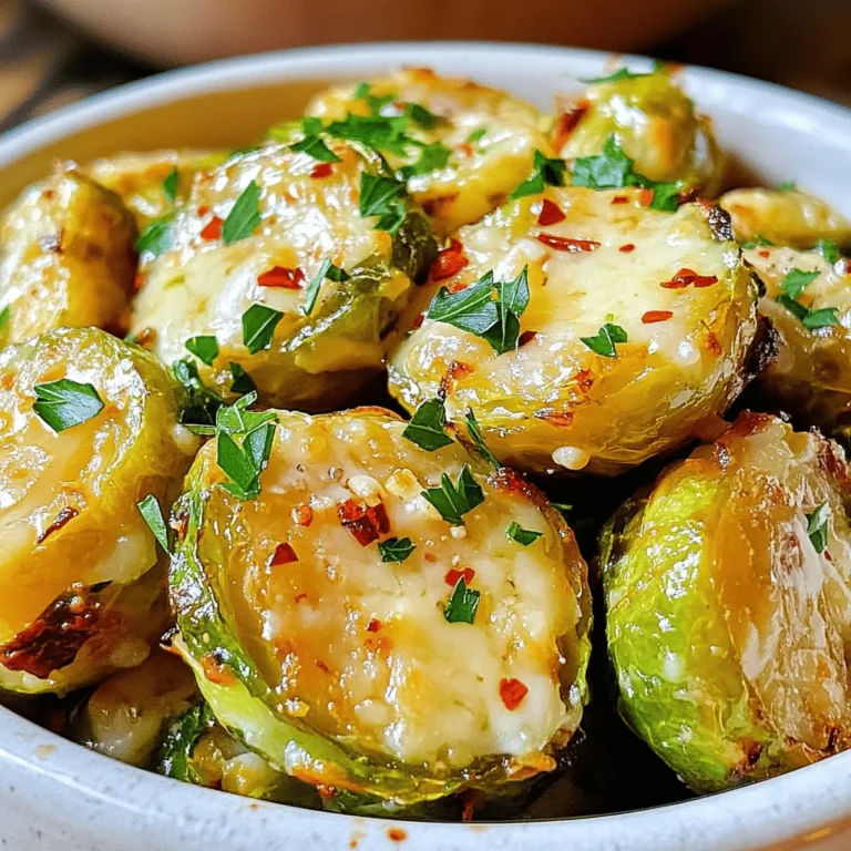 - 1 pound Brussels sprouts, trimmed and cut in half - 4 cloves of garlic, finely minced - 1/4 cup freshly grated Parmesan cheese - 3 tablespoons extra virgin olive oil - 1 teaspoon garlic powder - 1/2 teaspoon sea salt - 1/4 teaspoon freshly ground black pepper - 1/4 teaspoon red pepper flakes (optional for an extra kick) - Fresh parsley, finely chopped, for garnish - Additional Parmesan for serving When I make Garlic Parmesan Roasted Brussels Sprouts, I focus on quality ingredients. Fresh Brussels sprouts give the best flavor and texture. I like to trim and cut them in half to ensure they cook evenly. Garlic is a must. I finely mince four cloves for a strong, aromatic base. The Parmesan cheese adds a creamy depth. I prefer freshly grated Parmesan. It melts better and has a richer taste. Next, I reach for extra virgin olive oil. It not only helps to roast the sprouts but also enhances their flavor. I include garlic powder for an extra kick. Sea salt and black pepper round out the seasoning. Red pepper flakes add a nice heat if you want that little extra zing. Lastly, I love to garnish my dish. Fresh parsley brightens the appearance and adds fresh flavor. A sprinkle of extra Parmesan on top makes it even more appealing. For the complete recipe and detailed steps, check out the Full Recipe. You’ll want to try this dish soon! 1. Preheat your oven to 400°F (200°C). This helps the sprouts get nice and crispy. 2. Trim the ends off the Brussels sprouts and cut them in half. This step makes them cook evenly. 1. In a large mixing bowl, combine the halved Brussels sprouts, minced garlic, olive oil, garlic powder, sea salt, black pepper, and red pepper flakes if you want a little heat. 2. Toss everything together well. Make sure each sprout gets a good coating of the mixture. 1. Line a baking sheet with parchment paper. Spread the Brussels sprouts out in a single layer. They need space for roasting. 2. Roast them in the preheated oven for 20 minutes. Halfway through, stir them gently to ensure they brown evenly. 3. After 20 minutes, take the baking sheet out. Sprinkle the grated Parmesan cheese over the Brussels sprouts. 4. Return them to the oven for another 5 to 10 minutes. You want them crispy and golden brown, with melted cheese. 5. Once they are ready, take them out and garnish with fresh parsley before serving. This adds a nice touch and color. For the Full Recipe, refer to the earlier section! To get the best roast, set your oven to 400°F (200°C). This high heat helps the Brussels sprouts become crispy and golden. Spread the sprouts out on a baking sheet. Give them space to breathe. If they are too close, they will steam instead of roast. Want to kick up the flavor? You can add spices like paprika or herbs like thyme. Both will give your Brussels sprouts a tasty twist. If you want to try a different cheese, go for feta or goat cheese. They add a new flavor profile and can change the whole dish. Brussels sprouts pair well with many sides. Try serving them with roasted chicken or quinoa salad. You can also place them on a big platter for a nice family-style meal. For a fun twist, serve them in mini bowls with toothpicks for easy snacking. For the full recipe, check out the detailed instructions above. Enjoy your cooking! {{image_4}} You can take your Garlic Parmesan Roasted Brussels Sprouts to new heights. One great way is to add crispy bacon or pancetta. The salty flavor of bacon pairs well with the sprouts. Just chop the bacon and mix it with the sprouts before roasting. You can also switch up the type of cheese you use. Parmesan is great, but you can try pecorino Romano or even feta. Each cheese adds its unique twist. Experimenting with flavors makes cooking fun and exciting. If you want a vegan version, skip the cheese. Use nutritional yeast instead. It gives a cheesy flavor without dairy. You can also add some lemon juice for brightness. For those needing gluten-free options, this recipe is safe as is. Just ensure your seasonings are free of gluten. This way, everyone can enjoy these tasty Brussels sprouts. Adding Asian flavors can make this dish special. Try drizzling some soy sauce or sesame oil before roasting. This adds a savory and nutty taste. For an Italian twist, mix in dried herbs like oregano or thyme. These herbs enhance the flavor and bring a taste of Italy to your table. Get creative with the spices you love! For the full recipe, check out the section above. To store leftovers, let the Brussels sprouts cool to room temperature. Place them in an airtight container. This keeps them fresh and tasty for up to three days. For the best results, use a glass container. Glass does not hold odors or stains like plastic can. You can reheat the sprouts in the oven or microwave. For the oven, preheat it to 350°F (175°C). Spread the sprouts on a baking sheet and heat for about 10 minutes. This method helps keep them crispy. If you use the microwave, place them in a microwave-safe dish. Heat in short bursts of 30 seconds. Check often to avoid sogginess. Freezing is a great way to save extra Brussels sprouts. First, cool them completely. Then, spread them on a baking sheet in a single layer. Freeze for about two hours until solid. After that, transfer them to a zip-top bag. Remove as much air as possible before sealing. To thaw, place them in the fridge overnight. Reheat as mentioned before. They might lose some crispiness, but they will still taste good. Roast Brussels sprouts for 20 to 25 minutes at 400°F (200°C). This high heat gives them a great texture. Halfway through, stir them for even cooking. You want them crispy and golden brown. Yes, you can use frozen Brussels sprouts. However, fresh ones taste better. If using frozen, thaw and drain them first. Then, follow the same steps as the fresh ones. Adjust your cooking time since frozen sprouts may need a bit longer. You can add many things for extra flavor. Try crispy bacon or pancetta for a savory kick. Fresh herbs like thyme or rosemary add a nice touch, too. You can also mix in lemon juice for brightness. Experiment and find what you love! For the full recipe, check out the Garlic Parmesan Roasted Brussels Sprouts. In this post, I covered how to prepare Brussels sprouts with garlic and Parmesan. You’ve learned about essential ingredients and seasoning tips. I also shared step-by-step instructions for roasting them to perfection. Don’t forget to try different flavor pairings or serving styles for variety. Finally, proper storage and reheating methods help maintain taste and texture. Enjoy experimenting with this versatile vegetable in your meals!