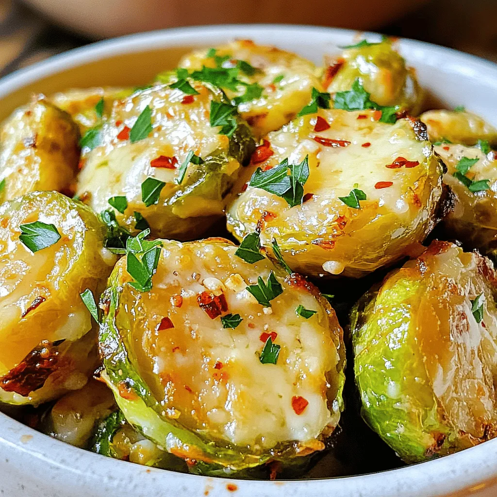 - 1 pound Brussels sprouts, trimmed and cut in half - 4 cloves of garlic, finely minced - 1/4 cup freshly grated Parmesan cheese - 3 tablespoons extra virgin olive oil - 1 teaspoon garlic powder - 1/2 teaspoon sea salt - 1/4 teaspoon freshly ground black pepper - 1/4 teaspoon red pepper flakes (optional for an extra kick) - Fresh parsley, finely chopped, for garnish - Additional Parmesan for serving When I make Garlic Parmesan Roasted Brussels Sprouts, I focus on quality ingredients. Fresh Brussels sprouts give the best flavor and texture. I like to trim and cut them in half to ensure they cook evenly. Garlic is a must. I finely mince four cloves for a strong, aromatic base. The Parmesan cheese adds a creamy depth. I prefer freshly grated Parmesan. It melts better and has a richer taste. Next, I reach for extra virgin olive oil. It not only helps to roast the sprouts but also enhances their flavor. I include garlic powder for an extra kick. Sea salt and black pepper round out the seasoning. Red pepper flakes add a nice heat if you want that little extra zing. Lastly, I love to garnish my dish. Fresh parsley brightens the appearance and adds fresh flavor. A sprinkle of extra Parmesan on top makes it even more appealing. For the complete recipe and detailed steps, check out the Full Recipe. You’ll want to try this dish soon! 1. Preheat your oven to 400°F (200°C). This helps the sprouts get nice and crispy. 2. Trim the ends off the Brussels sprouts and cut them in half. This step makes them cook evenly. 1. In a large mixing bowl, combine the halved Brussels sprouts, minced garlic, olive oil, garlic powder, sea salt, black pepper, and red pepper flakes if you want a little heat. 2. Toss everything together well. Make sure each sprout gets a good coating of the mixture. 1. Line a baking sheet with parchment paper. Spread the Brussels sprouts out in a single layer. They need space for roasting. 2. Roast them in the preheated oven for 20 minutes. Halfway through, stir them gently to ensure they brown evenly. 3. After 20 minutes, take the baking sheet out. Sprinkle the grated Parmesan cheese over the Brussels sprouts. 4. Return them to the oven for another 5 to 10 minutes. You want them crispy and golden brown, with melted cheese. 5. Once they are ready, take them out and garnish with fresh parsley before serving. This adds a nice touch and color. For the Full Recipe, refer to the earlier section! To get the best roast, set your oven to 400°F (200°C). This high heat helps the Brussels sprouts become crispy and golden. Spread the sprouts out on a baking sheet. Give them space to breathe. If they are too close, they will steam instead of roast. Want to kick up the flavor? You can add spices like paprika or herbs like thyme. Both will give your Brussels sprouts a tasty twist. If you want to try a different cheese, go for feta or goat cheese. They add a new flavor profile and can change the whole dish. Brussels sprouts pair well with many sides. Try serving them with roasted chicken or quinoa salad. You can also place them on a big platter for a nice family-style meal. For a fun twist, serve them in mini bowls with toothpicks for easy snacking. For the full recipe, check out the detailed instructions above. Enjoy your cooking! {{image_4}} You can take your Garlic Parmesan Roasted Brussels Sprouts to new heights. One great way is to add crispy bacon or pancetta. The salty flavor of bacon pairs well with the sprouts. Just chop the bacon and mix it with the sprouts before roasting. You can also switch up the type of cheese you use. Parmesan is great, but you can try pecorino Romano or even feta. Each cheese adds its unique twist. Experimenting with flavors makes cooking fun and exciting. If you want a vegan version, skip the cheese. Use nutritional yeast instead. It gives a cheesy flavor without dairy. You can also add some lemon juice for brightness. For those needing gluten-free options, this recipe is safe as is. Just ensure your seasonings are free of gluten. This way, everyone can enjoy these tasty Brussels sprouts. Adding Asian flavors can make this dish special. Try drizzling some soy sauce or sesame oil before roasting. This adds a savory and nutty taste. For an Italian twist, mix in dried herbs like oregano or thyme. These herbs enhance the flavor and bring a taste of Italy to your table. Get creative with the spices you love! For the full recipe, check out the section above. To store leftovers, let the Brussels sprouts cool to room temperature. Place them in an airtight container. This keeps them fresh and tasty for up to three days. For the best results, use a glass container. Glass does not hold odors or stains like plastic can. You can reheat the sprouts in the oven or microwave. For the oven, preheat it to 350°F (175°C). Spread the sprouts on a baking sheet and heat for about 10 minutes. This method helps keep them crispy. If you use the microwave, place them in a microwave-safe dish. Heat in short bursts of 30 seconds. Check often to avoid sogginess. Freezing is a great way to save extra Brussels sprouts. First, cool them completely. Then, spread them on a baking sheet in a single layer. Freeze for about two hours until solid. After that, transfer them to a zip-top bag. Remove as much air as possible before sealing. To thaw, place them in the fridge overnight. Reheat as mentioned before. They might lose some crispiness, but they will still taste good. Roast Brussels sprouts for 20 to 25 minutes at 400°F (200°C). This high heat gives them a great texture. Halfway through, stir them for even cooking. You want them crispy and golden brown. Yes, you can use frozen Brussels sprouts. However, fresh ones taste better. If using frozen, thaw and drain them first. Then, follow the same steps as the fresh ones. Adjust your cooking time since frozen sprouts may need a bit longer. You can add many things for extra flavor. Try crispy bacon or pancetta for a savory kick. Fresh herbs like thyme or rosemary add a nice touch, too. You can also mix in lemon juice for brightness. Experiment and find what you love! For the full recipe, check out the Garlic Parmesan Roasted Brussels Sprouts. In this post, I covered how to prepare Brussels sprouts with garlic and Parmesan. You’ve learned about essential ingredients and seasoning tips. I also shared step-by-step instructions for roasting them to perfection. Don’t forget to try different flavor pairings or serving styles for variety. Finally, proper storage and reheating methods help maintain taste and texture. Enjoy experimenting with this versatile vegetable in your meals!