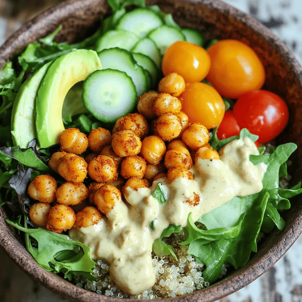 - 1 can chickpeas (15 oz) - Olive oil for roasting - Spices: smoked paprika, garlic powder, ground cumin - Fresh vegetables: cherry tomatoes, avocado, mixed greens, cucumber - Cooked quinoa base - Tahini and lemon juice for dressing - Microgreens - Sesame seeds - Fresh herbs When I put together a Crispy Chickpea Buddha Bowl, I love how colorful it looks. The main ingredients are easy to find. You need one can of chickpeas. They add protein and texture. Roasting them makes them crispy and delicious. I drizzle a bit of olive oil over the chickpeas. Then, I sprinkle on spices like smoked paprika, garlic powder, and ground cumin. These spices give the bowl a nice flavor. I also add salt and pepper to taste. For fresh veggies, I use cherry tomatoes, avocado, mixed greens, and cucumber. They add crunch and taste. The cooked quinoa base makes the bowl filling. It’s full of fiber and nutrients. For the dressing, I mix tahini with fresh lemon juice. This adds a creamy texture that ties everything together. It’s a simple yet tasty dressing that brightens the bowl. If you want to make it even prettier, add garnishes like microgreens, sesame seeds, or fresh herbs. These make your bowl pop with color and flavor. Check out the Full Recipe for more details on how to prepare this healthy and nutritious meal! - Preheat the oven to 400°F (200°C). This heat gives the chickpeas a nice crunch. - On a baking sheet, spread 1 can of chickpeas. Drizzle with 2 tablespoons of olive oil. - Add 1 teaspoon of smoked paprika, 1 teaspoon of garlic powder, and ½ teaspoon of ground cumin. - Season with salt and pepper to taste. Toss gently until all the chickpeas are coated. - While the chickpeas roast, cook 2 cups of quinoa according to package directions. - Once done, fluff with a fork. This makes the quinoa light and airy. Set it aside. - In a bowl, layer the cooked quinoa first. This makes a great base. - Add a generous handful of mixed greens. Then, pile on 1 cup of cherry tomatoes, halved, and 1 small cucumber, diced. - Slice 1 ripe avocado and place it on top. - Finally, add the crispy roasted chickpeas for a satisfying crunch. - Drizzle with tahini sauce made from ¼ cup of tahini mixed with 2 tablespoons of fresh lemon juice and water. - Serve and enjoy your beautiful, healthy Buddha bowl! For the complete recipe, check out the [Full Recipe]. To achieve crispy chickpeas, start with dry ones. Drain and rinse them well. Pat them dry using a kitchen towel. Moisture makes them soggy. Next, toss them with olive oil and spices. Spread them out on a baking sheet in a single layer. Bake at 400°F for 25-30 minutes. Shake the pan halfway through for even roasting. This helps get all sides crispy and golden. You can customize your Buddha bowl easily. Swap out veggies based on your taste. Try roasted sweet potatoes, bell peppers, or steamed broccoli. Feel free to mix and match! For grains, quinoa is great, but you can use brown rice or farro too. Each grain offers a unique taste and texture. Tahini sauce is a classic choice, but there are more options. You can blend yogurt with herbs for a creamy dressing. A simple olive oil and lemon mix works well too. For a spicy kick, add sriracha to any dressing you like. Explore different flavors to keep your bowl exciting. Check out the Full Recipe for more details! {{image_4}} You can easily boost the protein in your Buddha bowl. Adding grilled chicken or tofu makes it heartier. If you prefer plant-based options, try incorporating beans or lentils. Chickpeas are great, but mixing them with black beans or lentils adds texture and flavor. Don’t be afraid to experiment with spices. Try adding cumin, turmeric, or even curry powder for a different taste. You can also add fruits like mango or pomegranate for a sweet burst. These fruits pair well with the savory chickpeas and add a fresh touch. You can present your bowl in many fun ways. Try layering the ingredients in a clear bowl for a colorful display. For meal prep, separate the chickpeas, grains, and veggies. This keeps everything fresh and tasty. You can enjoy your Crispy Chickpea Buddha Bowl during the week with ease. For the full recipe, check the earlier sections. Store leftover components separately. This keeps each ingredient fresh. Use airtight containers for best results. Place chickpeas in one container and quinoa in another. Store veggies in a third container. This prevents sogginess and keeps flavors intact. For extra freshness, add a paper towel to absorb moisture. When reheating, do so gently. For chickpeas and quinoa, use a microwave or stovetop. Add a splash of water to quinoa for moisture. Heat in short bursts to avoid overcooking. For veggies, consider a quick sauté. This keeps them crisp and tasty. Avoid reheating multiple times to maintain quality. For meal prep, separate elements for easy assembly. Pack chickpeas, quinoa, and veggies in their own containers. This allows for quick meals during the week. You can prepare these components in advance. Cook and store quinoa and roast chickpeas ahead of time. This makes healthy eating simple and stress-free. For a delicious dressing, mix tahini and lemon juice fresh before serving. You can find the full recipe to guide you in preparing this bowl. To make crispy chickpeas, start by preheating your oven to 400°F (200°C). - Drain and rinse the chickpeas. - Spread them on a baking sheet. - Drizzle olive oil over the chickpeas. - Add spices like smoked paprika, garlic powder, and cumin. - Toss gently to coat evenly. - Roast for 25-30 minutes, shaking the pan halfway. This method ensures they turn golden and crunchy. Yes, you can use canned chickpeas. They save time and are easy to use. - Canned chickpeas are already cooked. - They have a softer texture than dried ones. - Rinsing removes excess sodium. Using canned chickpeas is a great way to enjoy your bowl quickly. If you don't have tahini, try these options: - Nut butters like almond or cashew. - Yogurt for a creamy texture. - Hummus for added flavor. These substitutes can enhance your bowl with new tastes. Yes, the Crispy Chickpea Buddha Bowl is vegan. - It features chickpeas, quinoa, and fresh vegetables. - The tahini sauce is made from sesame seeds and lemon. - You can adjust ingredients to fit your diet. Feel free to swap in your favorite veggies or sauces. Check the [Full Recipe] for more details! This blog post walked you through creating a Crispy Chickpea Buddha Bowl. We covered key ingredients, like chickpeas, veggies, and quinoa. I shared steps for roasting chickpeas, cooking quinoa, and assembling your bowl. You can customize with different veggies, proteins, and dressings. Remember, meal prep can save time and keep your ingredients fresh. Enjoy experimenting with flavors, and make this dish your own. Eating well can be simple and tasty!